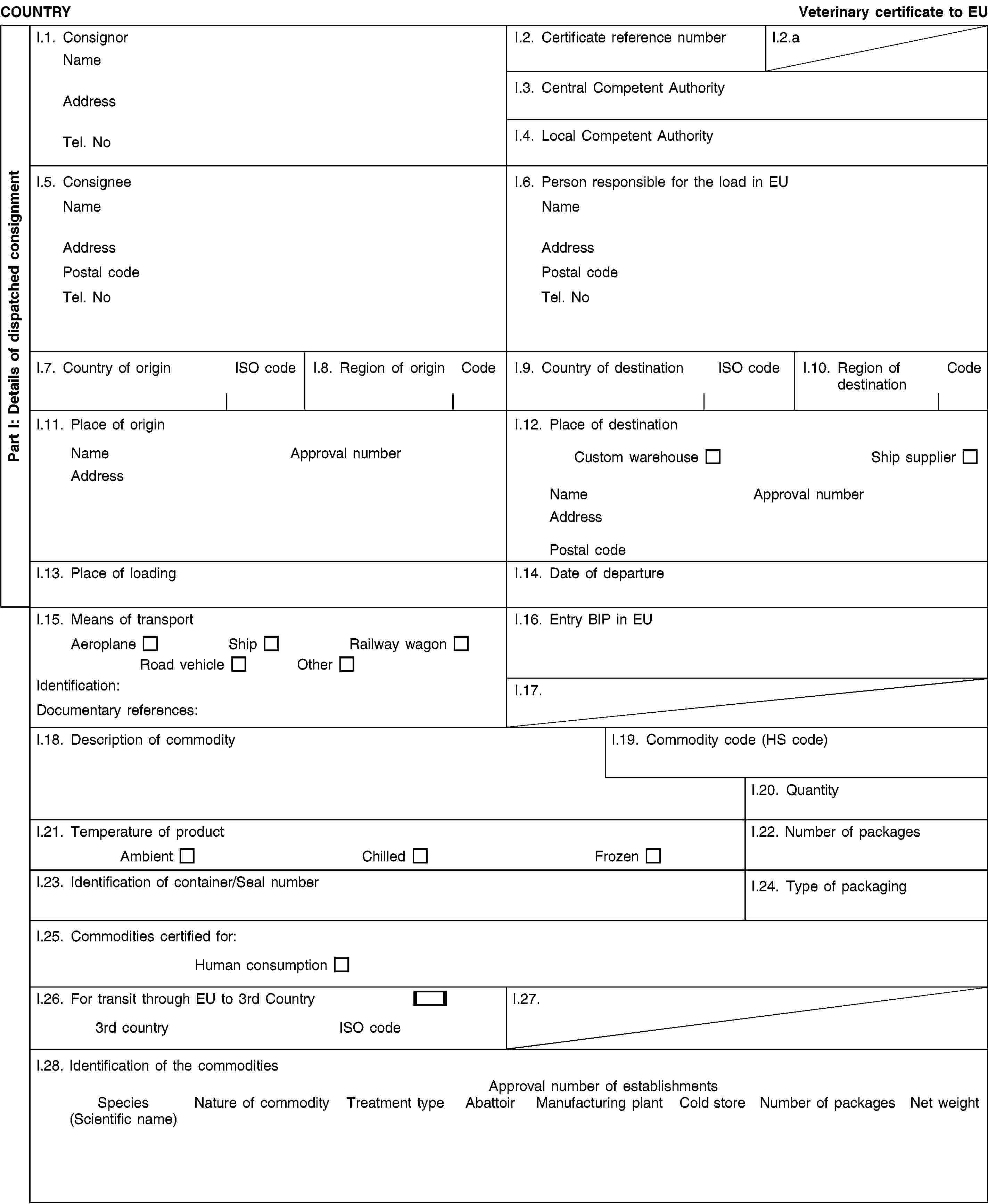 Part I: Details of dispatched consignmentCOUNTRYVeterinary certificate to EUI.1. ConsignorNameAddressTel. NoI.2. Certificate reference numberI.2.aI.3. Central Competent AuthorityI.4. Local Competent AuthorityI.5. ConsigneeNameAddressPostal codeTel. NoI.6. Person responsible for the load in EUNameAddressPostal codeTel. NoI.7. Country of originISO codeI.8. Region of originCodeI.9. Country of destinationISO codeI.10. Region of destinationCodeI.11. Place of originNameApproval numberAddressI.12. Place of destinationCustom warehouseShip supplierNameApproval numberAddressPostal codeI.13. Place of loadingI.14. Date of departureI.15. Means of transportAeroplaneShipRailway wagonRoad vehicleOtherIdentification:Documentary references:I.16. Entry BIP in EUI.17.I.18. Description of commodityI.19. Commodity code (HS code)I.20. QuantityI.21. Temperature of productAmbientChilledFrozenI.22. Number of packagesI.23. Identification of container/Seal numberI.24. Type of packagingI.25. Commodities certified for:Human consumptionI.26. For transit through EU to 3rd Country3rd countryISO codeI.27.I.28. Identification of the commoditiesApproval number of establishmentsSpecies(Scientific name)Nature of commodityTreatment typeAbattoirManufacturing plantCold storeNumber of packagesNet weight