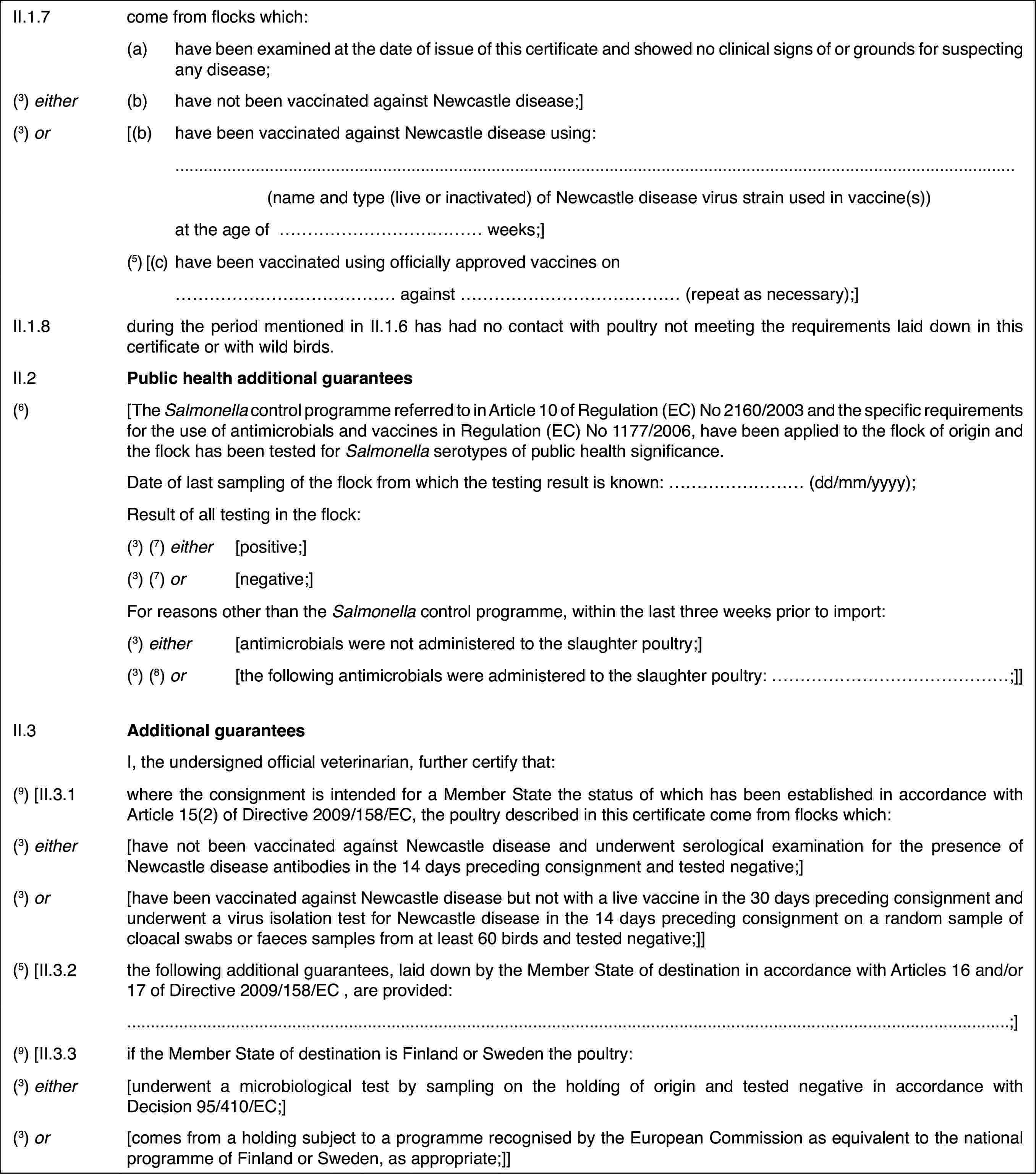 II.1.7come from flocks which:(a)have been examined at the date of issue of this certificate and showedno clinical signs of or grounds for suspecting any disease;(3) either(b)have not been vaccinatedagainst Newcastle disease;](3) or[(b)have been vaccinatedagainst Newcastle disease using:(name and type (liveor inactivated) of Newcastle disease virus strain used in vaccine(s))at the age of …weeks;](5) [(c)have been vaccinated using officially approvedvaccines on… against… (repeat as necessary);]II.1.8during the period mentioned in II.1.6 has had no contact with poultrynot meeting the requirements laid down in this certificate or with wild birds.II.2Public health additional guarantees(6)[The Salmonella control programmereferred to in Article 10 of Regulation (EC) No 2160/2003 and the specificrequirements for the use of antimicrobials and vaccines in Regulation (EC)No 1177/2006, have been applied to the flock of origin and the flock has beentested for Salmonella serotypesof public health significance.Date of last samplingof the flock from which the testing result is known: … (dd/mm/yyyy);Result of all testingin the flock:(3) (7) either[positive;](3) (7) or[negative;]Forreasons other than the Salmonella control programme, within the last three weeks prior to import:(3) either[antimicrobialswere not administered to the slaughter poultry;](3) (8) or[the following antimicrobials were administeredto the slaughter poultry: …;]]II.3Additional guaranteesI, the undersignedofficial veterinarian, further certify that:(9)[II.3.1where the consignment is intended for a Member State the status ofwhich has been established in accordance with Article 15(2) of Directive 2009/158/EC,the poultry described in this certificate come from flocks which:(3) either[have not been vaccinated against Newcastle diseaseand underwent serological examination for the presence of Newcastle diseaseantibodies in the 14 days preceding consignment and tested negative;](3) or[have been vaccinated against Newcastle diseasebut not with a live vaccine in the 30 days preceding consignment and underwenta virus isolation test for Newcastle disease in the 14 days preceding consignmenton a random sample of cloacal swabs or faeces samples from at least 60 birdsand tested negative;]](5) [II.3.2the following additionalguarantees, laid down by the Member State of destination in accordance withArticles 16 and/or 17 of Directive 2009/158/EC, are provided:…;](9) [II.3.3if the Member State of destination is Finland orSweden the poultry:(3) either[underwent a microbiologicaltest by sampling on the holding of origin and tested negative in accordancewith Decision 95/410/EC;](3) or[comes from a holding subject to a programme recognisedby the European Commission as equivalent to the national programme of Finlandor Sweden, as appropriate;]]