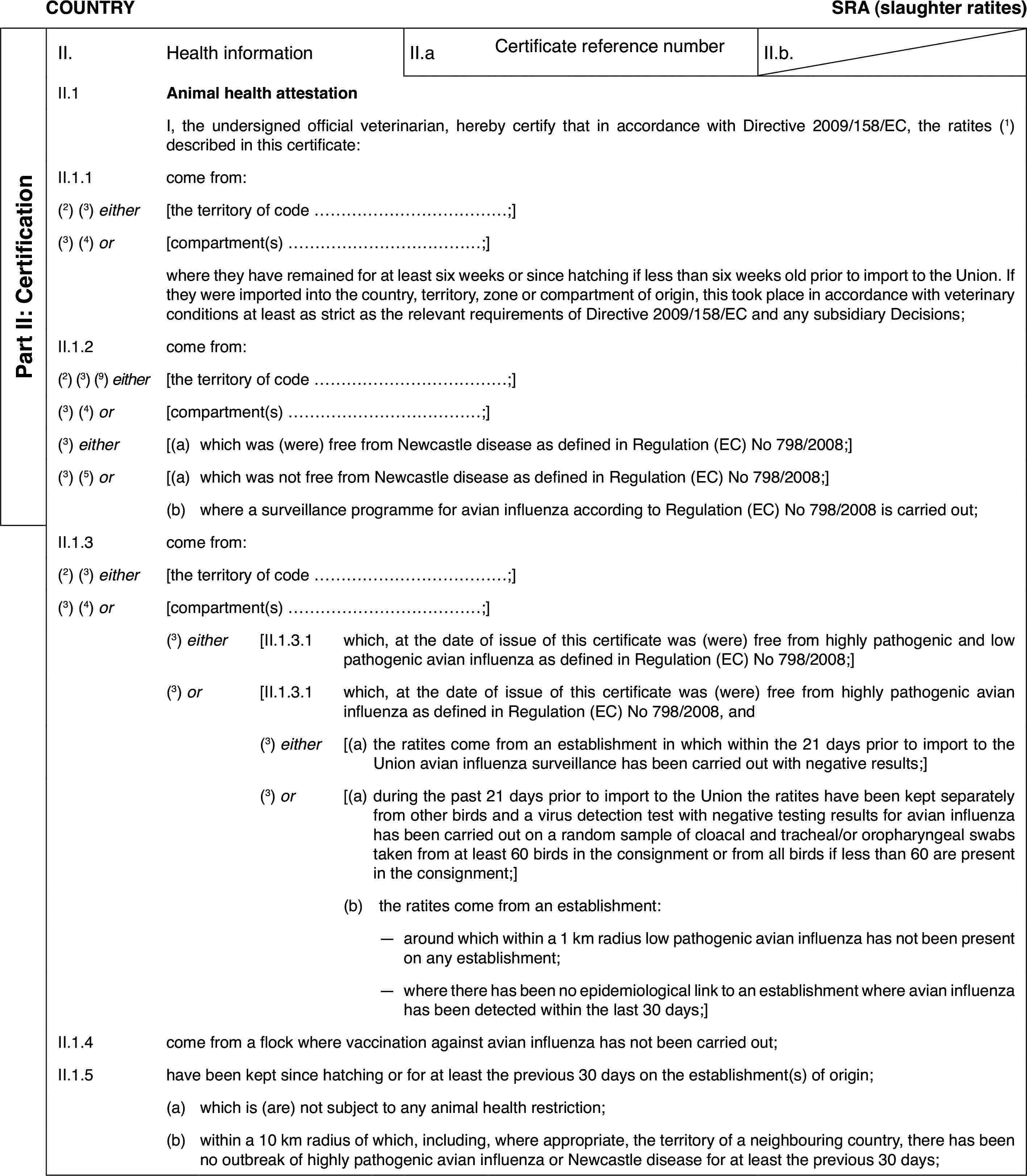 COUNTRYSRA (slaughter ratites)Part II: CertificationII.Health informationII.aCertificate reference numberII.b.II.1Animal health attestationI,the undersigned official veterinarian, hereby certify that in accordance withDirective 2009/158/EC, the ratites (1) described in this certificate:II.1.1come from:(2) (3) either[the territory of code …;](3)(4) or[compartment(s)…;]where they have remained for at least six weeksor since hatching if less than six weeks old prior to import to the Union.If they were imported into the country, territory, zone or compartment oforigin, this took place in accordance with veterinary conditions at leastas strict as the relevant requirements of Directive 2009/158/EC and any subsidiaryDecisions;II.1.2come from:(2) (3) (9) either[the territory of code …;](3)(4) or[compartment(s)…;](3) either[(a)which was (were) free from Newcastle disease as defined in Regulation(EC) No 798/2008;](3) (5) or[(a)which was not freefrom Newcastle disease as defined in Regulation (EC) No 798/2008;](b)where a surveillance programme for avian influenza according to Regulation(EC) No 798/2008 is carried out;II.1.3come from:(2)(3) either[the territory ofcode …;](3) (4) or[compartment(s) …;](3) either[II.1.3.1which, at the date of issue of this certificate was (were) free fromhighly pathogenic and low pathogenic avian influenza as defined in Regulation(EC) No 798/2008;](3) or[II.1.3.1which, at the date of issue of this certificate was (were) free fromhighly pathogenic avian influenza as defined in Regulation (EC) No 798/2008,and(3) either[(a)the ratites comefrom an establishment in which within the 21 days prior to import to the Unionavian influenza surveillance has been carried out with negative results;](3) or[(a)during the past21 days prior to import to the Union the ratites have been kept separatelyfrom other birds and a virus detection test with negative testing resultsfor avian influenza has been carried out on a random sample of cloacal andtracheal/or oropharyngeal swabs taken from at least 60 birds in the consignmentor from all birds if less than 60 are present in the consignment;](b)the ratites come from an establishment:—around which within a 1 km radius low pathogenic avian influenza hasnot been present on any establishment;—where there has been no epidemiological link to an establishment whereavian influenza has been detected within the last 30 days;]II.1.4come from a flock where vaccination against avian influenza has notbeen carried out;II.1.5have been kept sincehatching or for at least the previous 30 days on the establishment(s) of origin;(a)which is (are) not subject to any animal health restriction;(b)within a 10 km radius of which, including, where appropriate, the territoryof a neighbouring country, there has been no outbreak of highly pathogenicavian influenza or Newcastle disease for at least the previous 30 days;