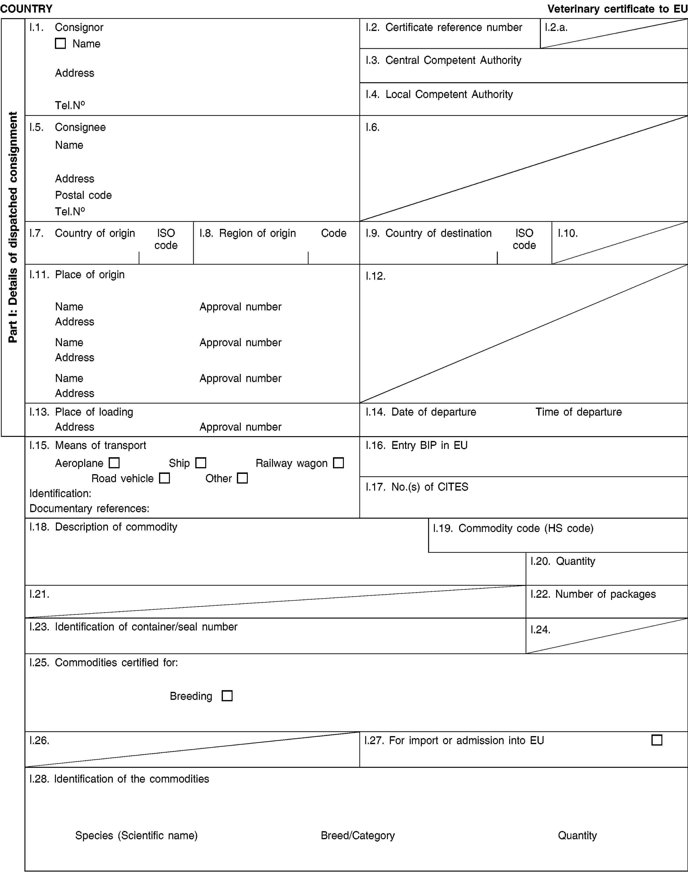 Part I: Details of dispatched consignmentCOUNTRYVeterinary certificate to EUI.1. ConsignorNameAddressTel.NoI.2. Certificate reference numberI.2.a.I.3. Central Competent AuthorityI.4. Local Competent AuthorityI.5. ConsigneeNameAddressPostal codeTel.NoI.6.I.7. Country of originISO codeI.8. Region of originCodeI.9. Country of destinationISO codeI.10.I.11. Place of originNameApproval numberAddressNameApproval numberAddressNameApproval numberAddressI.12.I.13. Place of loadingAddressApproval numberI.14. Date of departureTime of departureI.15. Means of transportAeroplaneShipRailway wagonRoad vehicleOtherIdentification:Documentary references:I.16. Entry BIP in EUI.17. No.(s) of CITESI.18. Description of commodityI.19. Commodity code (HS code)I.20. QuantityI.21.I.22. Number of packagesI.23. Identification of container/seal numberI.24.I.25. Commodities certified for:BreedingI.26.I.27. For import or admission into EUI.28. Identification of the commoditiesSpecies (Scientific name)Breed/CategoryQuantity