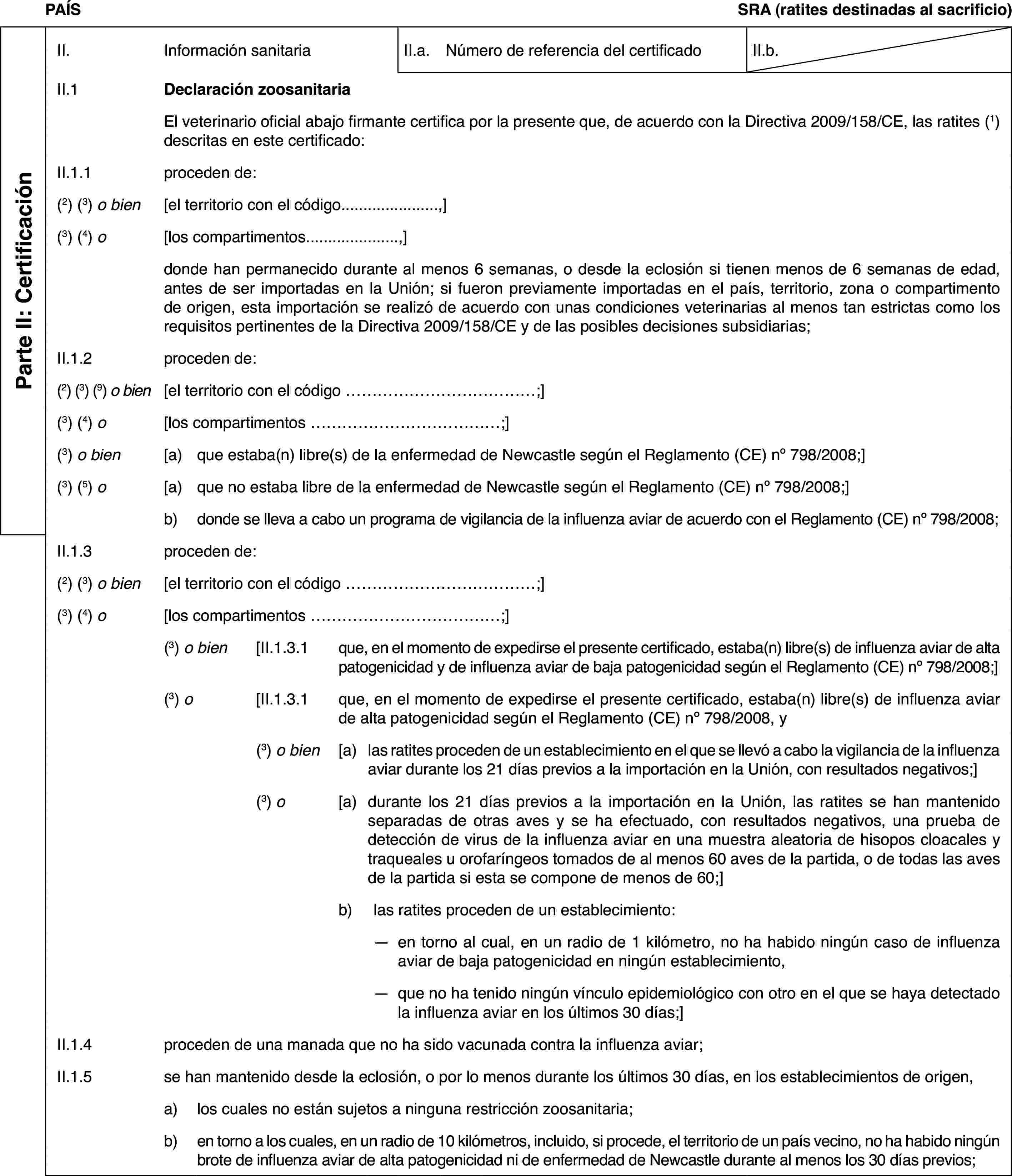 PAÍSSRA (ratites destinadas al sacrificio)Parte II: CertificaciónII.Información sanitariaII.a.Número de referencia del certificadoII.b.II.1Declaración zoosanitariaEl veterinario oficial abajo firmante certifica por la presente que, de acuerdo con la Directiva 2009/158/CE, las ratites (1) descritas en este certificado:II.1.1proceden de:(2) (3) o bien[el territorio con el código…,](3) (4) o[los compartimentos…,]donde han permanecido durante al menos 6 semanas, o desde la eclosión si tienen menos de 6 semanas de edad, antes de ser importadas en la Unión; si fueron previamente importadas en el país, territorio, zona o compartimento de origen, esta importación se realizó de acuerdo con unas condiciones veterinarias al menos tan estrictas como los requisitos pertinentes de la Directiva 2009/158/CE y de las posibles decisiones subsidiarias;II.1.2proceden de:(2) (3) (9) o bien[el territorio con el código …;](3) (4) o[los compartimentos …;](3) o bien[a)que estaba(n) libre(s) de la enfermedad de Newcastle según el Reglamento (CE) no 798/2008;](3) (5) o[a)que no estaba libre de la enfermedad de Newcastle según el Reglamento (CE) no 798/2008;]b)donde se lleva a cabo un programa de vigilancia de la influenza aviar de acuerdo con el Reglamento (CE) no 798/2008;II.1.3proceden de:(2) (3) o bien[el territorio con el código …;](3) (4) o[los compartimentos …;](3) o bien[II.1.3.1que, en el momento de expedirse el presente certificado, estaba(n) libre(s) de influenza aviar de alta patogenicidad y de influenza aviar de baja patogenicidad según el Reglamento (CE) no 798/2008;](3) o[II.1.3.1que, en el momento de expedirse el presente certificado, estaba(n) libre(s) de influenza aviar de alta patogenicidad según el Reglamento (CE) no 798/2008, y(3) o bien[a)las ratites proceden de un establecimiento en el que se llevó a cabo la vigilancia de la influenza aviar durante los 21 días previos a la importación en la Unión, con resultados negativos;](3) o[a)durante los 21 días previos a la importación en la Unión, las ratites se han mantenido separadas de otras aves y se ha efectuado, con resultados negativos, una prueba de detección de virus de la influenza aviar en una muestra aleatoria de hisopos cloacales y traqueales u orofaríngeos tomados de al menos 60 aves de la partida, o de todas las aves de la partida si esta se compone de menos de 60;]b)las ratites proceden de un establecimiento:—en torno al cual, en un radio de 1 kilómetro, no ha habido ningún caso de influenza aviar de baja patogenicidad en ningún establecimiento,—que no ha tenido ningún vínculo epidemiológico con otro en el que se haya detectado la influenza aviar en los últimos 30 días;]II.1.4proceden de una manada que no ha sido vacunada contra la influenza aviar;II.1.5se han mantenido desde la eclosión, o por lo menos durante los últimos 30 días, en los establecimientos de origen,a)los cuales no están sujetos a ninguna restricción zoosanitaria;b)en torno a los cuales, en un radio de 10 kilómetros, incluido, si procede, el territorio de un país vecino, no ha habido ningún brote de influenza aviar de alta patogenicidad ni de enfermedad de Newcastle durante al menos los 30 días previos;