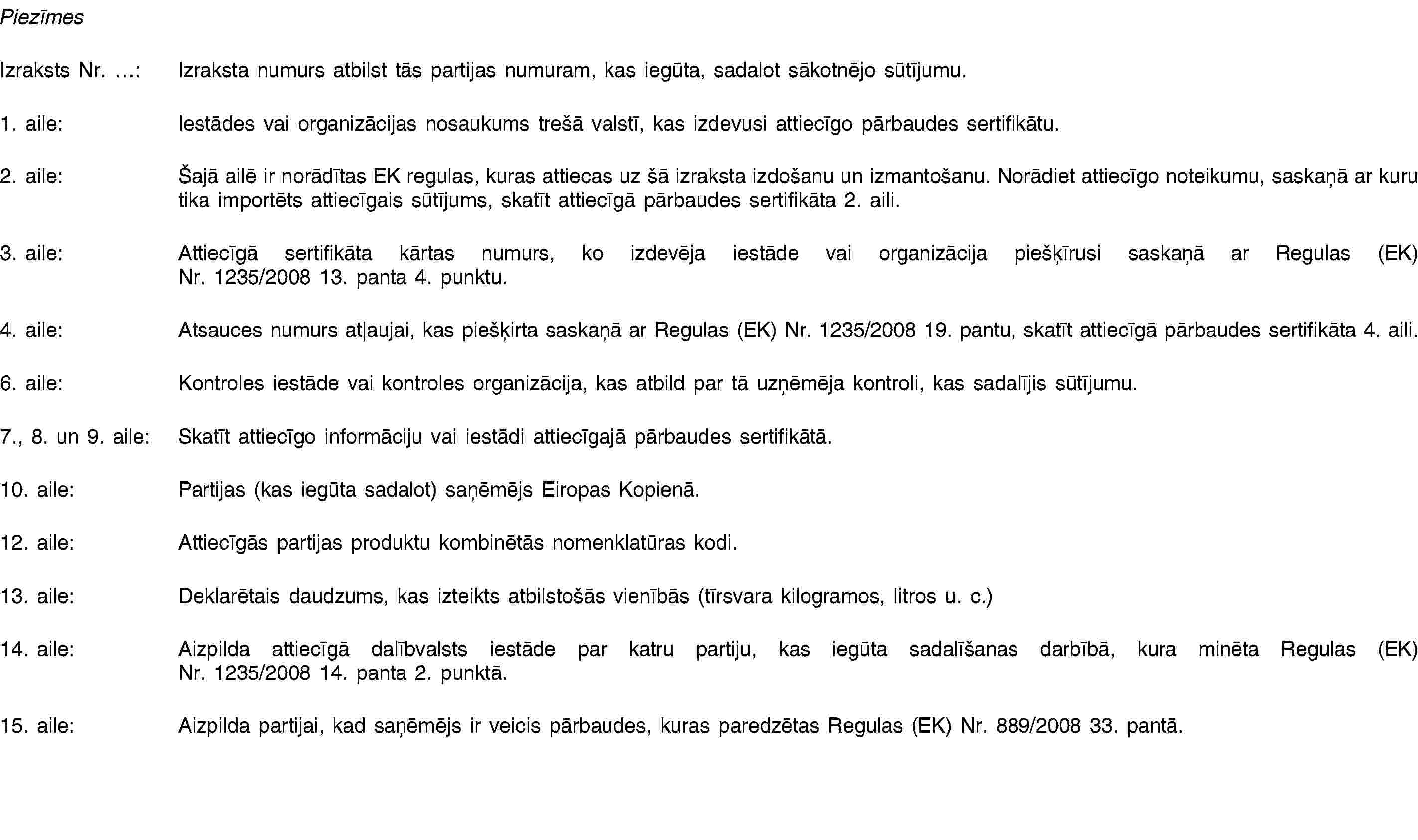 PiezīmesIzraksts Nr. …: Izraksta numurs atbilst tās partijas numuram, kas iegūta, sadalot sākotnējo sūtījumu.1. aile: Iestādes vai organizācijas nosaukums trešā valstī, kas izdevusi attiecīgo pārbaudes sertifikātu.2. aile: Šajā ailē ir norādītas EK regulas, kuras attiecas uz šā izraksta izdošanu un izmantošanu. Norādiet attiecīgo noteikumu, saskaņā ar kuru tika importēts attiecīgais sūtījums, skatīt attiecīgā pārbaudes sertifikāta 2. aili.3. aile: Attiecīgā sertifikāta kārtas numurs, ko izdevēja iestāde vai organizācija piešķīrusi saskaņā ar Regulas (EK) Nr. 1235/2008 13. panta 4. punktu.4. aile: Atsauces numurs atļaujai, kas piešķirta saskaņā ar Regulas (EK) Nr. 1235/2008 19. pantu, skatīt attiecīgā pārbaudes sertifikāta 4. aili.6. aile: Kontroles iestāde vai kontroles organizācija, kas atbild par tā uzņēmēja kontroli, kas sadalījis sūtījumu.7., 8. un 9. aile: Skatīt attiecīgo informāciju vai iestādi attiecīgajā pārbaudes sertifikātā.10. aile: Partijas (kas iegūta sadalot) saņēmējs Eiropas Kopienā.12. aile: Attiecīgās partijas produktu kombinētās nomenklatūras kodi.13. aile: Deklarētais daudzums, kas izteikts atbilstošās vienībās (tīrsvara kilogramos, litros u. c.)14. aile: Aizpilda attiecīgā dalībvalsts iestāde par katru partiju, kas iegūta sadalīšanas darbībā, kura minēta Regulas (EK) Nr. 1235/2008 14. panta 2. punktā.15. aile: Aizpilda partijai, kad saņēmējs ir veicis pārbaudes, kuras paredzētas Regulas (EK) Nr. 889/2008 33. pantā.