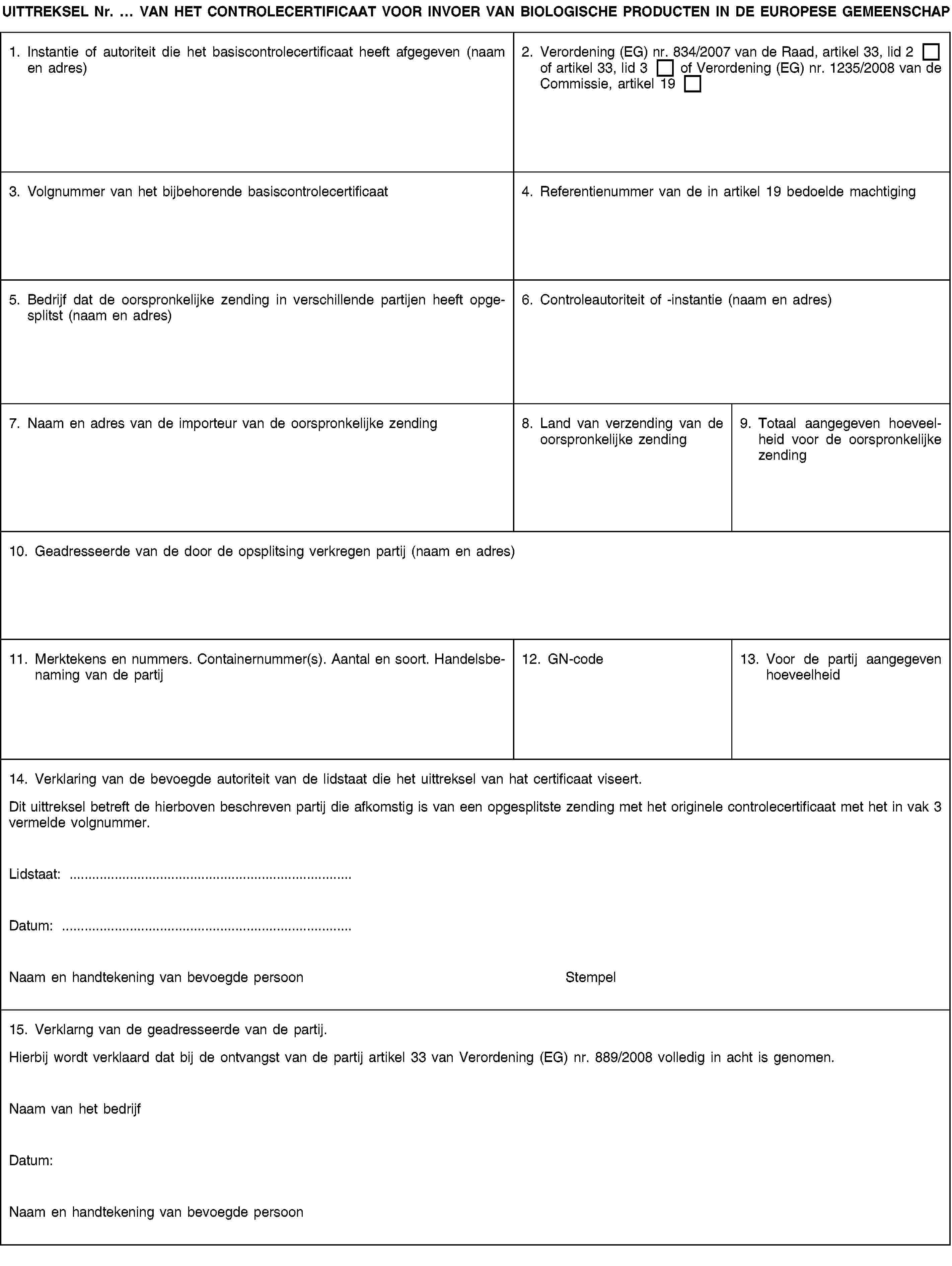 UITTREKSEL Nr. … VAN HET CONTROLECERTIFICAAT VOOR INVOER VAN BIOLOGISCHE PRODUCTEN IN DE EUROPESE GEMEENSCHAP1. Instantie of autoriteit die het basiscontrolecertificaat heeft afgegeven (naam en adres)2. Verordening (EG) nr. 834/2007 van de Raad, artikel 33, lid 2 of artikel 33, lid 3 of Verordening (EG) nr. 1235/2008 van de Commissie, artikel 193. Volgnummer van het bijbehorende basiscontrolecertificaat4. Referentienummer van de in artikel 19 bedoelde machtiging5. Bedrijf dat de oorspronkelijke zending in verschillende partijen heeft opgesplitst (naam en adres)6. Controleautoriteit of -instantie (naam en adres)7. Naam en adres van de importeur van de oorspronkelijke zending8. Land van verzending van de oorspronkelijke zending9. Totaal aangegeven hoeveelheid voor de oorspronkelijke zending10. Geadresseerde van de door de opsplitsing verkregen partij (naam en adres)11. Merktekens en nummers. Containernummer(s). Aantal en soort. Handelsbenaming van de partij12. GN-code13. Voor de partij aangegeven hoeveelheid14. Verklaring van de bevoegde autoriteit van de lidstaat die het uittreksel van hat certificaat viseert.Dit uittreksel betreft de hierboven beschreven partij die afkomstig is van een opgesplitste zending met het originele controlecertificaat met het in vak 3 vermelde volgnummer.Lidstaat: …Datum: …Naam en handtekening van bevoegde persoonStempel15. Verklarng van de geadresseerde van de partij.Hierbij wordt verklaard dat bij de ontvangst van de partij artikel 33 van Verordening (EG) nr. 889/2008 volledig in acht is genomen.Naam van het bedrijfDatum:Naam en handtekening van bevoegde persoon
