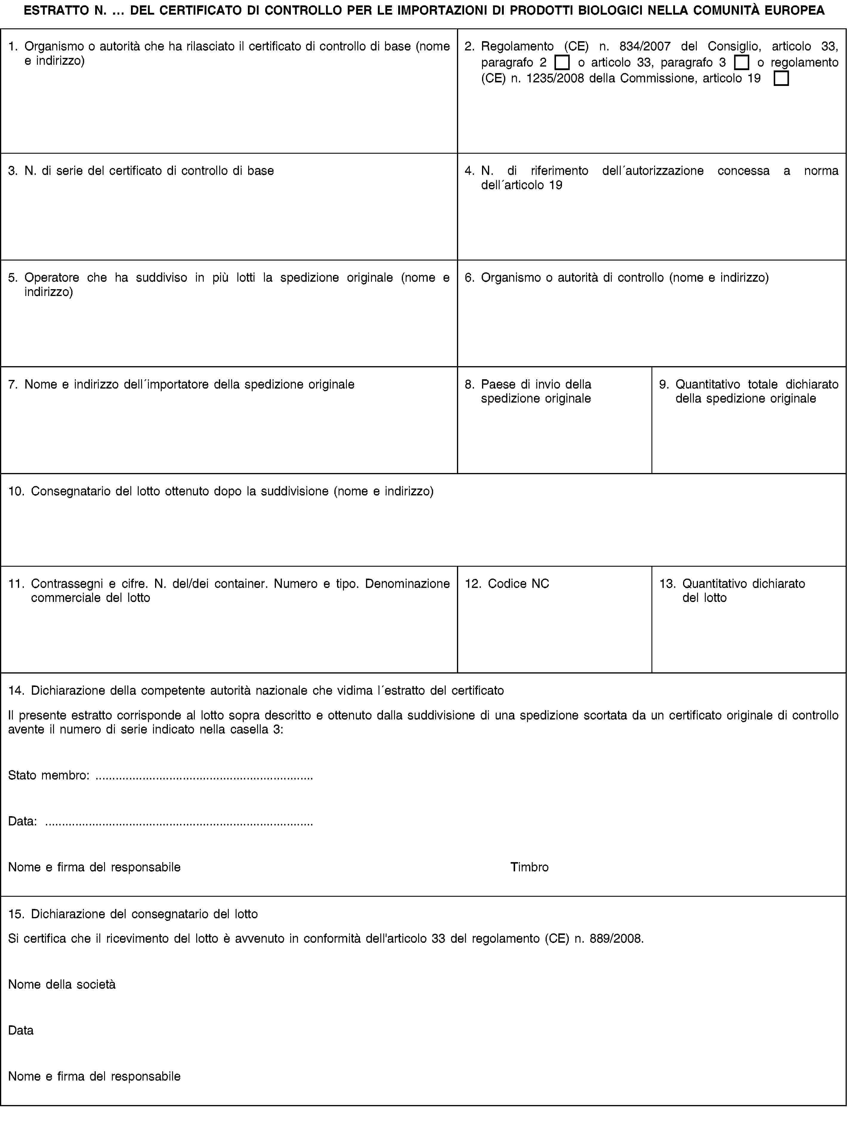 ESTRATTO N. … DEL CERTIFICATO DI CONTROLLO PER LE IMPORTAZIONI DI PRODOTTI BIOLOGICI NELLA COMUNITÀ EUROPEA1. Organismo o autorità che ha rilasciato il certificato di controllo di base (nome e indirizzo)2. Regolamento (CE) n. 834/2007 del Consiglio, articolo 33, paragrafo 2 o articolo 33, paragrafo 3 o regolamento (CE) n. 1235/2008 della Commissione, articolo 193. N. di serie del certificato di controllo di base4. N. di riferimento dell′autorizzazione concessa a norma dell′articolo 195. Operatore che ha suddiviso in più lotti la spedizione originale (nome e indirizzo)6. Organismo o autorità di controllo (nome e indirizzo)7. Nome e indirizzo dell′importatore della spedizione originale8. Paese di invio della spedizione originale9. Quantitativo totale dichiarato della spedizione originale10. Consegnatario del lotto ottenuto dopo la suddivisione (nome e indirizzo)11. Contrassegni e cifre. N. del/dei container. Numero e tipo. Denominazione commerciale del lotto12. Codice NC13. Quantitativo dichiarato del lotto14. Dichiarazione della competente autorità nazionale che vidima l′estratto del certificatoIl presente estratto corrisponde al lotto sopra descritto e ottenuto dalla suddivisione di una spedizione scortata da un certificato originale di controllo avente il numero di serie indicato nella casella 3:Stato membro: …Data: …Nome e firma del responsabileTimbro15. Dichiarazione del consegnatario del lottoSi certifica che il ricevimento del lotto è avvenuto in conformità dell'articolo 33 del regolamento (CE) n. 889/2008.Nome della societàDataNome e firma del responsabile