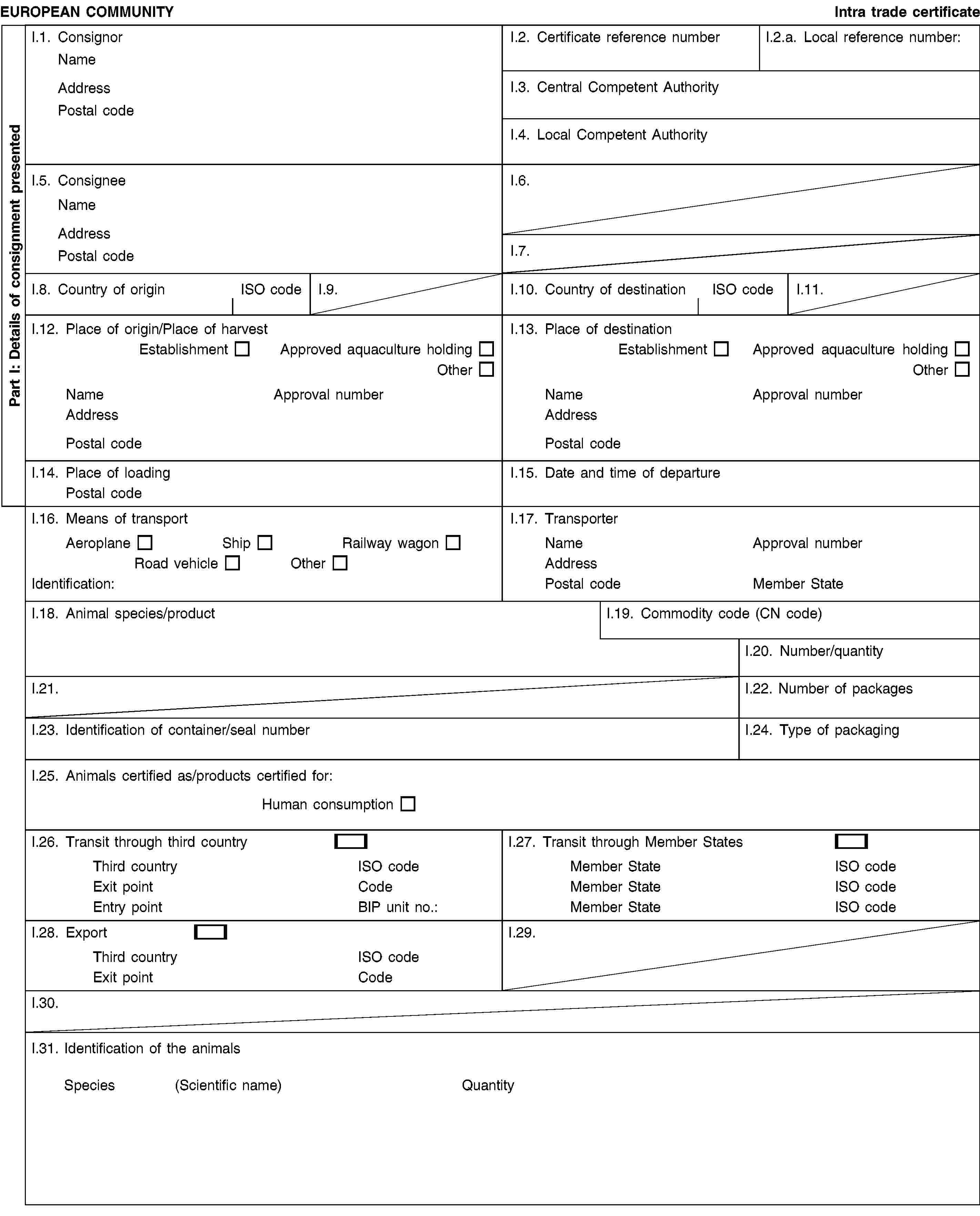 Part I: Details of consignment presentedEUROPEAN COMMUNITYIntra trade certificateI.1. ConsignorNameAddressPostal codeI.2. Certificate reference numberI.2.a. Local reference number:I.3. Central Competent AuthorityI.4. Local Competent AuthorityI.5. ConsigneeNameAddressPostal codeI.6.I.7.I.8. Country of originISO codeI.9.I.10. Country of destinationISO codeI.11.I.12. Place of origin/Place of harvestEstablishmentApproved aquaculture holdingOtherNameApproval numberAddressPostal codeI.13. Place of destinationEstablishmentApproved aquaculture holdingOtherNameApproval numberAddressPostal codeI.14. Place of loadingPostal codeI.15. Date and time of departureI.16. Means of transportAeroplaneShipRailway wagonRoad vehicleOtherIdentification:I.17. TransporterNameApproval numberAddressPostal codeMember StateI.18. Animal species/productI.19. Commodity code (CN code)I.20. Number/quantityI.21.I.22. Number of packagesI.23. Identification of container/seal numberI.24. Type of packagingI.25. Animals certified as/products certified for:Human consumptionI.26. Transit through third countryThird countryISO codeExit pointCodeEntry pointBIP unit no.:I.27. Transit through Member StatesMember StateISO codeMember StateISO codeMember StateISO codeI.28. ExportThird countryISO codeExit pointCodeI.29.I.30.I.31. Identification of the animalsSpecies(Scientific name)Quantity