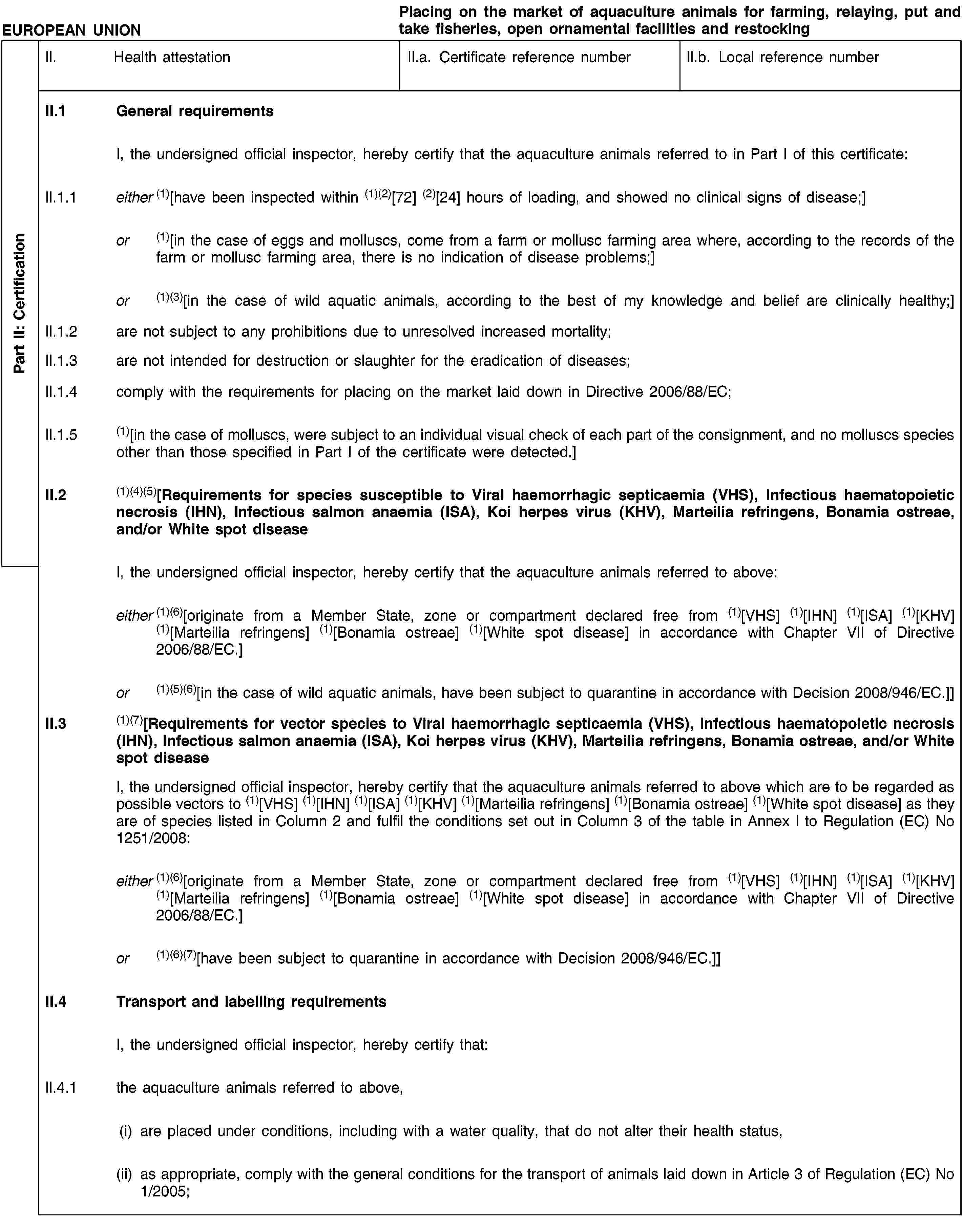 Part II: СertificationEUROPEAN UNIONPlacing on the market of aquaculture animals for farming, relaying, put and take fisheries, open ornamental facilities and restockingII. Health attestationII.a. Certificate reference numberII.b. Local reference numberII.1 General requirementsI, the undersigned official inspector, hereby certify that the aquaculture animals referred to in Part I of this certificate:II.1.1 either (1)[have been inspected within (1)(2)[72] (2)[24] hours of loading, and showed no clinical signs of disease;]or (1)[in the case of eggs and molluscs, come from a farm or mollusc farming area where, according to the records of the farm or mollusc farming area, there is no indication of disease problems;]or (1)(3)[in the case of wild aquatic animals, according to the best of my knowledge and belief are clinically healthy;]II.1.2 are not subject to any prohibitions due to unresolved increased mortality;II.1.3 are not intended for destruction or slaughter for the eradication of diseases;II.1.4 comply with the requirements for placing on the market laid down in Directive 2006/88/EC;II.1.5 (1)[in the case of molluscs, were subject to an individual visual check of each part of the consignment, and no molluscs species other than those specified in Part I of the certificate were detected.]II.2 (1)(4)(5)[Requirements for species susceptible to Viral haemorrhagic septicaemia (VHS), Infectious haematopoietic necrosis (IHN), Infectious salmon anaemia (ISA), Koi herpes virus (KHV), Marteilia refringens, Bonamia ostreae, and/or White spot diseaseI, the undersigned official inspector, hereby certify that the aquaculture animals referred to above:either (1)(6)[originate from a Member State, zone or compartment declared free from (1)[VHS] (1)[IHN] (1)[ISA] (1)[KHV] (1)[Marteilia refringens] (1)[Bonamia ostreae] (1)[White spot disease] in accordance with Chapter VII of Directive 2006/88/EC.]or (1)(5)(6)[in the case of wild aquatic animals, have been subject to quarantine in accordance with Decision 2008/946/EC.]]II.3 (1)(7)[Requirements for vector species to Viral haemorrhagic septicaemia (VHS), Infectious haematopoietic necrosis (IHN), Infectious salmon anaemia (ISA), Koi herpes virus (KHV), Marteilia refringens, Bonamia ostreae, and/or White spot diseaseI, the undersigned official inspector, hereby certify that the aquaculture animals referred to above which are to be regarded as possible vectors to (1)[VHS] (1)[IHN] (1)[ISA] (1)[KHV] (1)[Marteilia refringens] (1)[Bonamia ostreae] (1)[White spot disease] as they are of species listed in Column 2 and fulfil the conditions set out in Column 3 of the table in Annex I to Regulation (EC) No 1251/2008:either (1)(6)[originate from a Member State, zone or compartment declared free from (1)[VHS] (1)[IHN] (1)[ISA] (1)[KHV] (1)[Marteilia refringens] (1)[Bonamia ostreae] (1)[White spot disease] in accordance with Chapter VII of Directive 2006/88/EC.]or (1)(6)(7)[have been subject to quarantine in accordance with Decision 2008/946/EC.]]II.4 Transport and labelling requirementsI, the undersigned official inspector, hereby certify that:II.4.1 the aquaculture animals referred to above,(i) are placed under conditions, including with a water quality, that do not alter their health status,(ii) as appropriate, comply with the general conditions for the transport of animals laid down in Article 3 of Regulation (EC) No 1/2005;