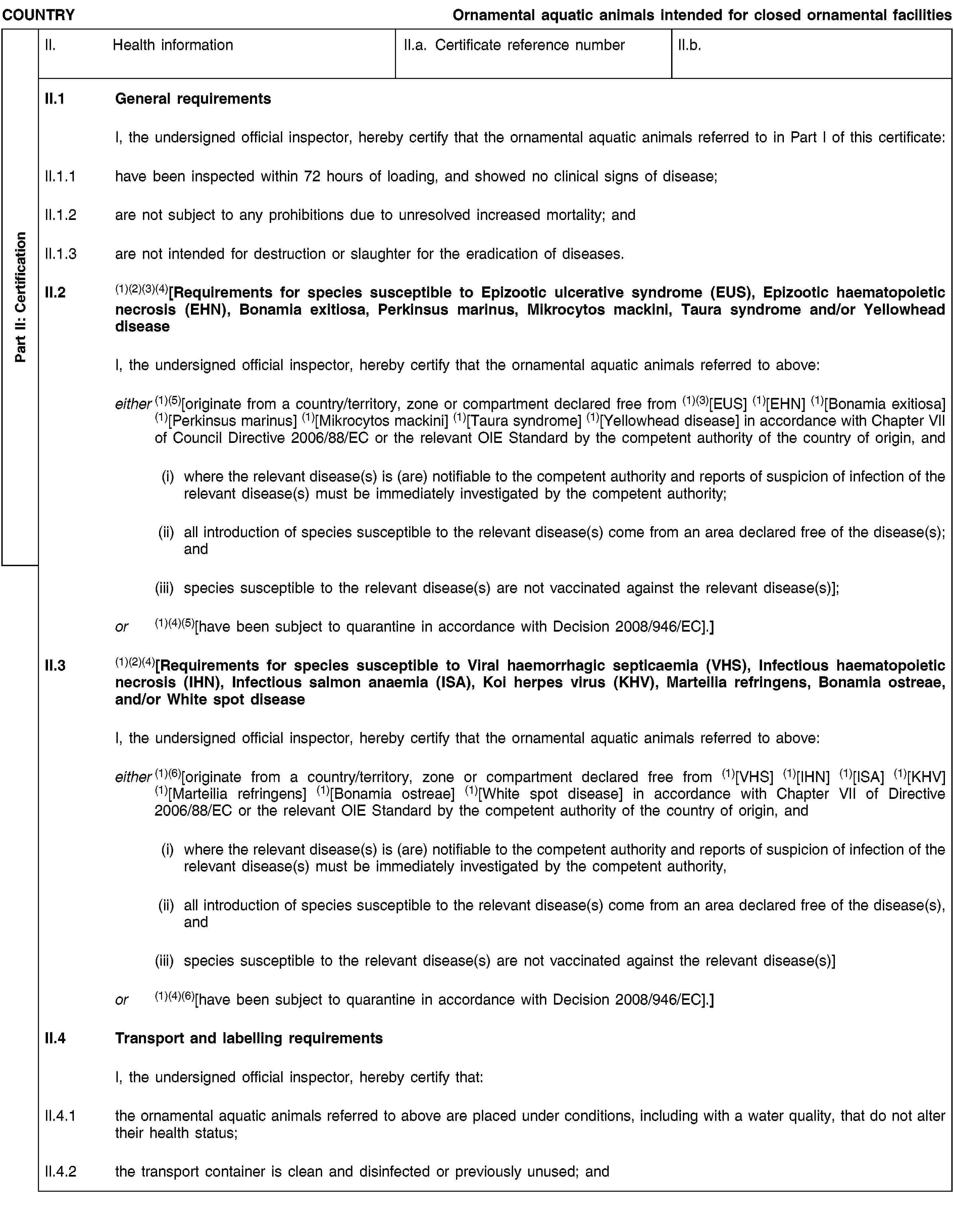 Part II: СertificationCOUNTRYOrnamental aquatic animals intended for closed ornamental facilitiesII. Health informationII.a. Certificate reference numberII.b.II.1 General requirementsI, the undersigned official inspector, hereby certify that the ornamental aquatic animals referred to in Part I of this certificate:II.1.1 have been inspected within 72 hours of loading, and showed no clinical signs of disease;II.1.2 are not subject to any prohibitions due to unresolved increased mortality; andII.1.3 are not intended for destruction or slaughter for the eradication of diseases.II.2 (1)(2)(3)(4)[Requirements for species susceptible to Epizootic ulcerative syndrome (EUS), Epizootic haematopoietic necrosis (EHN), Bonamia exitiosa, Perkinsus marinus, Mikrocytos mackini, Taura syndrome and/or Yellowhead diseaseI, the undersigned official inspector, hereby certify that the ornamental aquatic animals referred to above:either (1)(5)[originate from a country/territory, zone or compartment declared free from (1)(3)[EUS] (1)[EHN] (1)[Bonamia exitiosa] (1)[Perkinsus marinus] (1)[Mikrocytos mackini] (1)[Taura syndrome] (1)[Yellowhead disease] in accordance with Chapter VII of Council Directive 2006/88/EC or the relevant OIE Standard by the competent authority of the country of origin, and(i) where the relevant disease(s) is (are) notifiable to the competent authority and reports of suspicion of infection of the relevant disease(s) must be immediately investigated by the competent authority;(ii) all introduction of species susceptible to the relevant disease(s) come from an area declared free of the disease(s); and(iii) species susceptible to the relevant disease(s) are not vaccinated against the relevant disease(s)];or (1)(4)(5)[have been subject to quarantine in accordance with Decision 2008/946/EC].]II.3 (1)(2)(4)[Requirements for species susceptible to Viral haemorrhagic septicaemia (VHS), Infectious haematopoietic necrosis (IHN), Infectious salmon anaemia (ISA), Koi herpes virus (KHV), Marteilia refringens, Bonamia ostreae, and/or White spot diseaseI, the undersigned official inspector, hereby certify that the ornamental aquatic animals referred to above:either (1)(6)[originate from a country/territory, zone or compartment declared free from (1)[VHS] (1)[IHN] (1)[ISA] (1)[KHV] (1)[Marteilia refringens] (1)[Bonamia ostreae] (1)[White spot disease] in accordance with Chapter VII of Directive 2006/88/EC or the relevant OIE Standard by the competent authority of the country of origin, and(i) where the relevant disease(s) is (are) notifiable to the competent authority and reports of suspicion of infection of the relevant disease(s) must be immediately investigated by the competent authority,(ii) all introduction of species susceptible to the relevant disease(s) come from an area declared free of the disease(s), and(iii) species susceptible to the relevant disease(s) are not vaccinated against the relevant disease(s)]or (1)(4)(6)[have been subject to quarantine in accordance with Decision 2008/946/EC].]II.4 Transport and labelling requirementsI, the undersigned official inspector, hereby certify that:II.4.1 the ornamental aquatic animals referred to above are placed under conditions, including with a water quality, that do not alter their health status;II.4.2 the transport container is clean and disinfected or previously unused; and