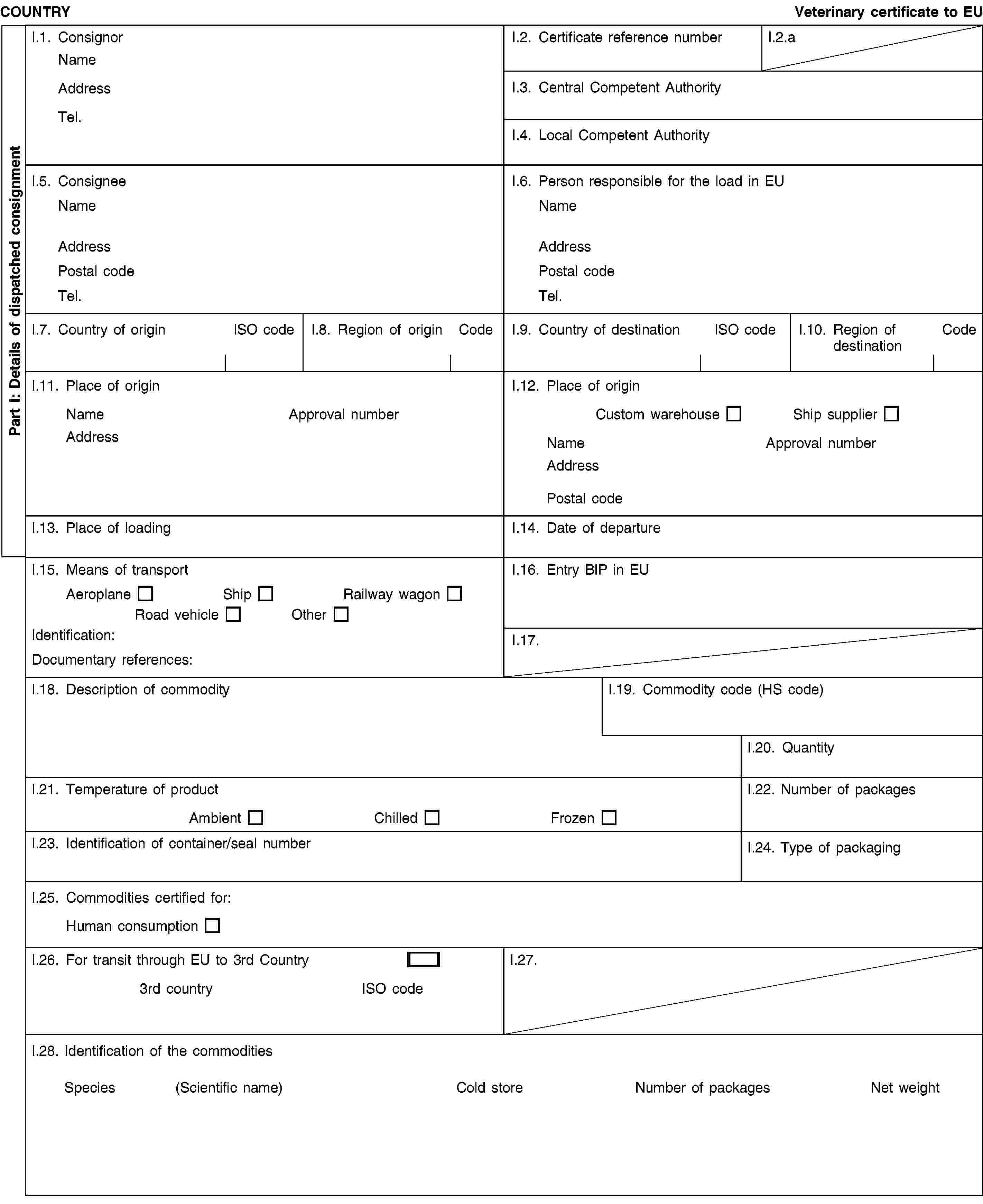 Part I: Details of dispatched consignmentCOUNTRYVeterinary certificate to EUI.1. ConsignorNameAddressTel.I.2. Certificate reference numberI.2.aI.3. Central Competent AuthorityI.4. Local Competent AuthorityI.5. ConsigneeNameAddressPostal codeTel.I.6. Person responsible for the load in EUNameAddressPostal codeTel.I.7. Country of originISO codeI.8. Region of originCodeI.9. Country of destinationISO codeI.10. Region of destinationCodeI.11. Place of originNameApproval numberAddressI.12. Place of originCustom warehouseShip supplierNameApproval numberAddressPostal codeI.13. Place of loadingI.14. Date of departureI.15. Means of transportAeroplaneShipRailway wagonRoad vehicleOtherIdentification:Documentary references:I.16. Entry BIP in EUI.17.I.18. Description of commodityI.19. Commodity code (HS code)I.20. QuantityI.21. Temperature of productAmbientChilledFrozenI.22. Number of packagesI.23. Identification of container/seal numberI.24. Type of packagingI.25. Commodities certified for:Human consumptionI.26. For transit through EU to 3rd Country3rd countryISO codeI.27.I.28. Identification of the commoditiesSpecies(Scientific name)Cold storeNumber of packagesNet weight