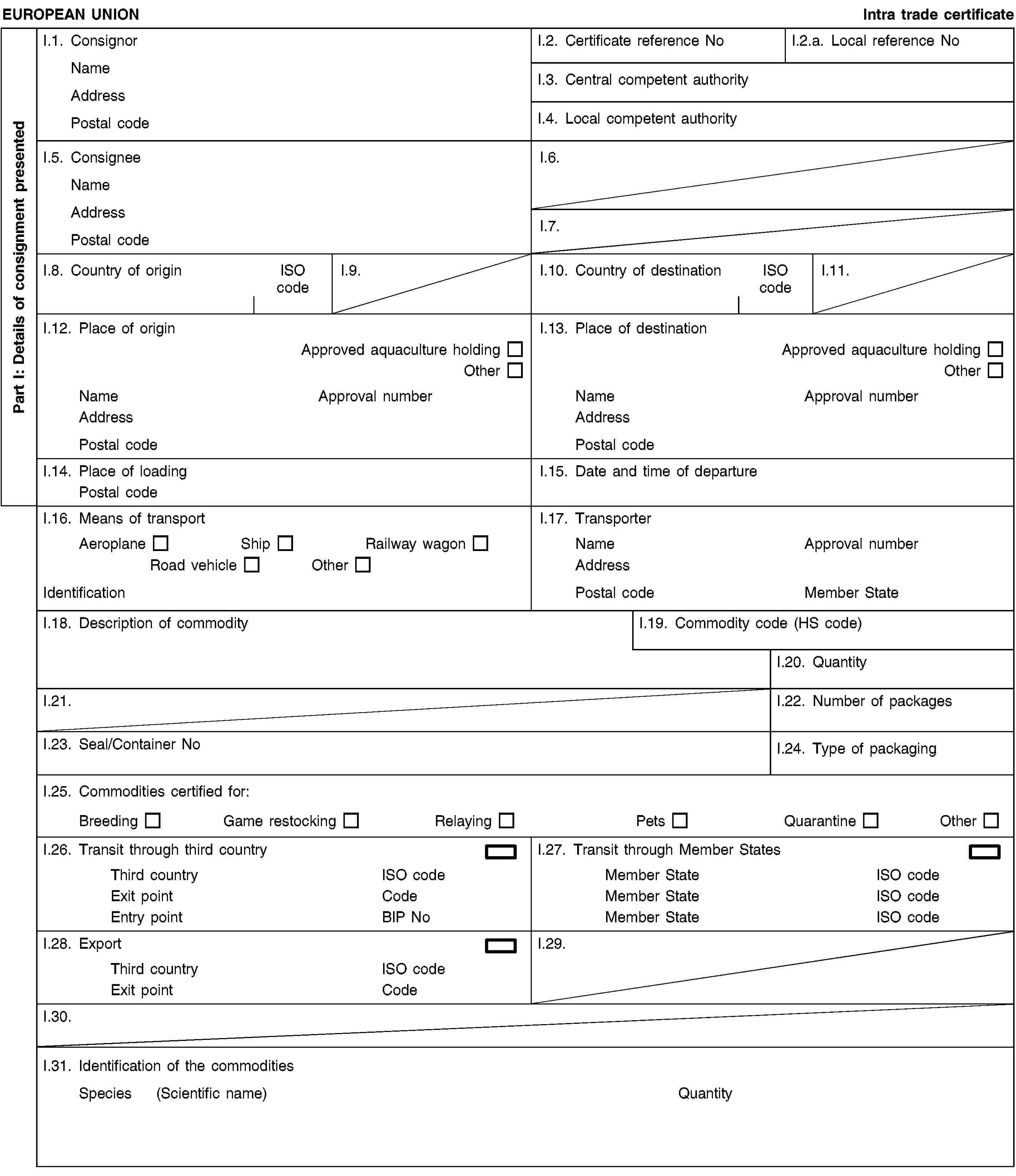 Part I: Details of consignment presentedEUROPEAN UNIONIntra trade certificateI.1. ConsignorNameAddressPostal codeI.2. Certificate reference NoI.2.a. Local reference NoI.3. Central competent authorityI.4. Local competent authorityI.5. ConsigneeNameAddressPostal codeI.6.I.7.I.8. Country of originISO codeI.9.I.10. Country of destinationISO codeI.11.I.12. Place of originApproved aquaculture holdingOtherNameApproval numberAddressPostal codeI.13. Place of destinationApproved aquaculture holdingOtherNameApproval numberAddressPostal codeI.14. Place of loadingPostal codeI.15. Date and time of departureI.16. Means of transportAeroplaneShipRailway wagonRoad vehicleOtherIdentificationI.17. TransporterNameApproval numberAddressPostal codeMember StateI.18. Description of commodityI.19. Commodity code (HS code)I.20. QuantityI.21.I.22. Number of packagesI.23. Seal/Container NoI.24. Type of packagingI.25. Commodities certified for:BreedingGame restockingRelayingPetsQuarantineOtherI.26. Transit through third countryThird countryISO codeExit pointCodeEntry pointBIP NoI.27. Transit through Member StatesMember StateISO codeMember StateISO codeMember StateISO codeI.28. ExportThird countryISO codeExit pointCodeI.29.I.30.I.31. Identification of the commoditiesSpecies (Scientific name)Quantity