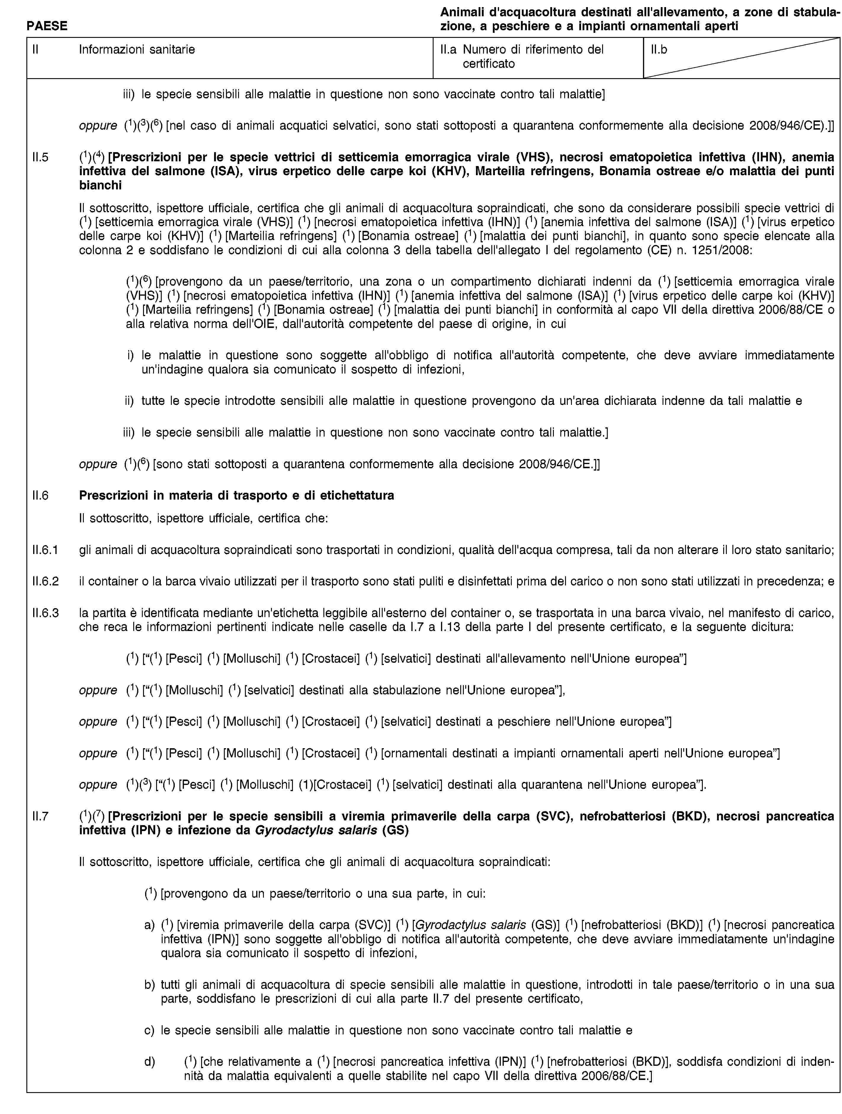 PAESEAnimali d'acquacoltura destinati all'allevamento, a zone di stabulazione, a peschiere e a impianti ornamentali apertiII Informazioni sanitarieII.a Numero di riferimento del certificatoII.biii) le specie sensibili alle malattie in questione non sono vaccinate contro tali malattie]oppure (1)(3)(6) [nel caso di animali acquatici selvatici, sono stati sottoposti a quarantena conformemente alla decisione 2008/946/CE).]]II.5 (1)(4) [Prescrizioni per le specie vettrici di setticemia emorragica virale (VHS), necrosi ematopoietica infettiva (IHN), anemia infettiva del salmone (ISA), virus erpetico delle carpe koi (KHV), Marteilia refringens, Bonamia ostreae e/o malattia dei punti bianchiIl sottoscritto, ispettore ufficiale, certifica che gli animali di acquacoltura sopraindicati, che sono da considerare possibili specie vettrici di (1) [setticemia emorragica virale (VHS)] (1) [necrosi ematopoietica infettiva (IHN)] (1) [anemia infettiva del salmone (ISA)] (1) [virus erpetico delle carpe koi (KHV)] (1) [Marteilia refringens] (1) [Bonamia ostreae] (1) [malattia dei punti bianchi], in quanto sono specie elencate alla colonna 2 e soddisfano le condizioni di cui alla colonna 3 della tabella dell'allegato I del regolamento (CE) n. 1251/2008:(1)(6) [provengono da un paese/territorio, una zona o un compartimento dichiarati indenni da (1) [setticemia emorragica virale (VHS)] (1) [necrosi ematopoietica infettiva (IHN)] (1) [anemia infettiva del salmone (ISA)] (1) [virus erpetico delle carpe koi (KHV)] (1) [Marteilia refringens] (1) [Bonamia ostreae] (1) [malattia dei punti bianchi] in conformità al capo VII della direttiva 2006/88/CE o alla relativa norma dell'OIE, dall'autorità competente del paese di origine, in cuii) le malattie in questione sono soggette all'obbligo di notifica all'autorità competente, che deve avviare immediatamente un'indagine qualora sia comunicato il sospetto di infezioni,ii) tutte le specie introdotte sensibili alle malattie in questione provengono da un'area dichiarata indenne da tali malattie eiii) le specie sensibili alle malattie in questione non sono vaccinate contro tali malattie.]oppure (1)(6) [sono stati sottoposti a quarantena conformemente alla decisione 2008/946/CE.]]II.6 Prescrizioni in materia di trasporto e di etichettaturaIl sottoscritto, ispettore ufficiale, certifica che:II.6.1 gli animali di acquacoltura sopraindicati sono trasportati in condizioni, qualità dell'acqua compresa, tali da non alterare il loro stato sanitario;II.6.2 il container o la barca vivaio utilizzati per il trasporto sono stati puliti e disinfettati prima del carico o non sono stati utilizzati in precedenza; eII.6.3 la partita è identificata mediante un'etichetta leggibile all'esterno del container o, se trasportata in una barca vivaio, nel manifesto di carico, che reca le informazioni pertinenti indicate nelle caselle da I.7 a I.13 della parte I del presente certificato, e la seguente dicitura:(1) [“(1) [Pesci] (1) [Molluschi] (1) [Crostacei] (1) [selvatici] destinati all'allevamento nell'Unione europea”]oppure (1) [“(1) [Molluschi] (1) [selvatici] destinati alla stabulazione nell'Unione europea”],oppure (1) [“(1) [Pesci] (1) [Molluschi] (1) [Crostacei] (1) [selvatici] destinati a peschiere nell'Unione europea”]oppure (1) [“(1) [Pesci] (1) [Molluschi] (1) [Crostacei] (1) [ornamentali destinati a impianti ornamentali aperti nell'Unione europea”]oppure (1)(3) [“(1) [Pesci] (1) [Molluschi] (1)[Crostacei] (1) [selvatici] destinati alla quarantena nell'Unione europea”].II.7 (1)(7) [Prescrizioni per le specie sensibili a viremia primaverile della carpa (SVC), nefrobatteriosi (BKD), necrosi pancreatica infettiva (IPN) e infezione da Gyrodactylus salaris (GS)Il sottoscritto, ispettore ufficiale, certifica che gli animali di acquacoltura sopraindicati:(1) [provengono da un paese/territorio o una sua parte, in cui:a) (1) [viremia primaverile della carpa (SVC)] (1) [Gyrodactylus salaris (GS)] (1) [nefrobatteriosi (BKD)] (1) [necrosi pancreatica infettiva (IPN)] sono soggette all'obbligo di notifica all'autorità competente, che deve avviare immediatamente un'indagine qualora sia comunicato il sospetto di infezioni,b) tutti gli animali di acquacoltura di specie sensibili alle malattie in questione, introdotti in tale paese/territorio o in una sua parte, soddisfano le prescrizioni di cui alla parte II.7 del presente certificato,c) le specie sensibili alle malattie in questione non sono vaccinate contro tali malattie ed) (1) [che relativamente a (1) [necrosi pancreatica infettiva (IPN)] (1) [nefrobatteriosi (BKD)], soddisfa condizioni di indennità da malattia equivalenti a quelle stabilite nel capo VII della direttiva 2006/88/CE.]