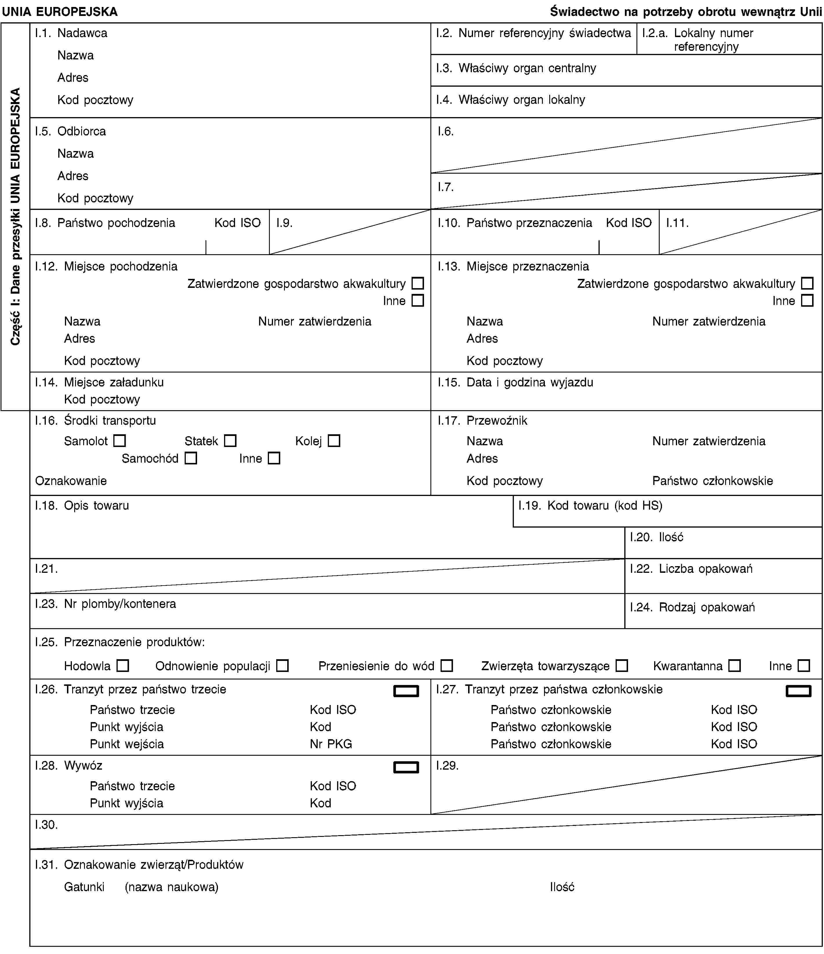 Część I: Dane przesyłki UNIA EUROPEJSKAUNIA EUROPEJSKAŚwiadectwo na potrzeby obrotu wewnątrz UniiI.1. NadawcaNazwaAdresKod pocztowyI.2. Numer referencyjny świadectwaI.2.a. Lokalny numer referencyjnyI.3. Właściwy organ centralnyI.4. Właściwy organ lokalnyI.5. OdbiorcaNazwaAdresKod pocztowyI.6.I.7.I.8. Państwo pochodzeniaKod ISOI.9.I.10. Państwo przeznaczeniaKod ISOI.11.I.12. Miejsce pochodzeniaZatwierdzone gospodarstwo akwakulturyInneNazwaNumer zatwierdzeniaAdresKod pocztowyI.13. Miejsce przeznaczeniaZatwierdzone gospodarstwo akwakulturyInneNazwaNumer zatwierdzeniaAdresKod pocztowyI.14. Miejsce załadunkuKod pocztowyI.15. Data i godzina wyjazduI.16. Środki transportuSamolotStatekKolejSamochódInneOznakowanieI.17. PrzewoźnikNazwaNumer zatwierdzeniaAdresKod pocztowyPaństwo członkowskieI.18. Opis towaruI.19. Kod towaru (kod HS)I.20. IlośćI.21.I.22. Liczba opakowańI.23. Nr plomby/konteneraI.24. Rodzaj opakowańI.25. Przeznaczenie produktów:HodowlaOdnowienie populacjiPrzeniesienie do wódZwierzęta towarzysząceKwarantannaInneI.26. Tranzyt przez państwo trzeciePaństwo trzecieKod ISOPunkt wyjściaKodPunkt wejściaNr PKGI.27. Tranzyt przez państwa członkowskiePaństwo członkowskieKod ISOPaństwo członkowskieKod ISOPaństwo członkowskieKod ISOI.28. WywózPaństwo trzecieKod ISOPunkt wyjściaKodI.29.I.30.I.31. Oznakowanie zwierząt/ProduktówGatunki (nazwa naukowa)Ilość