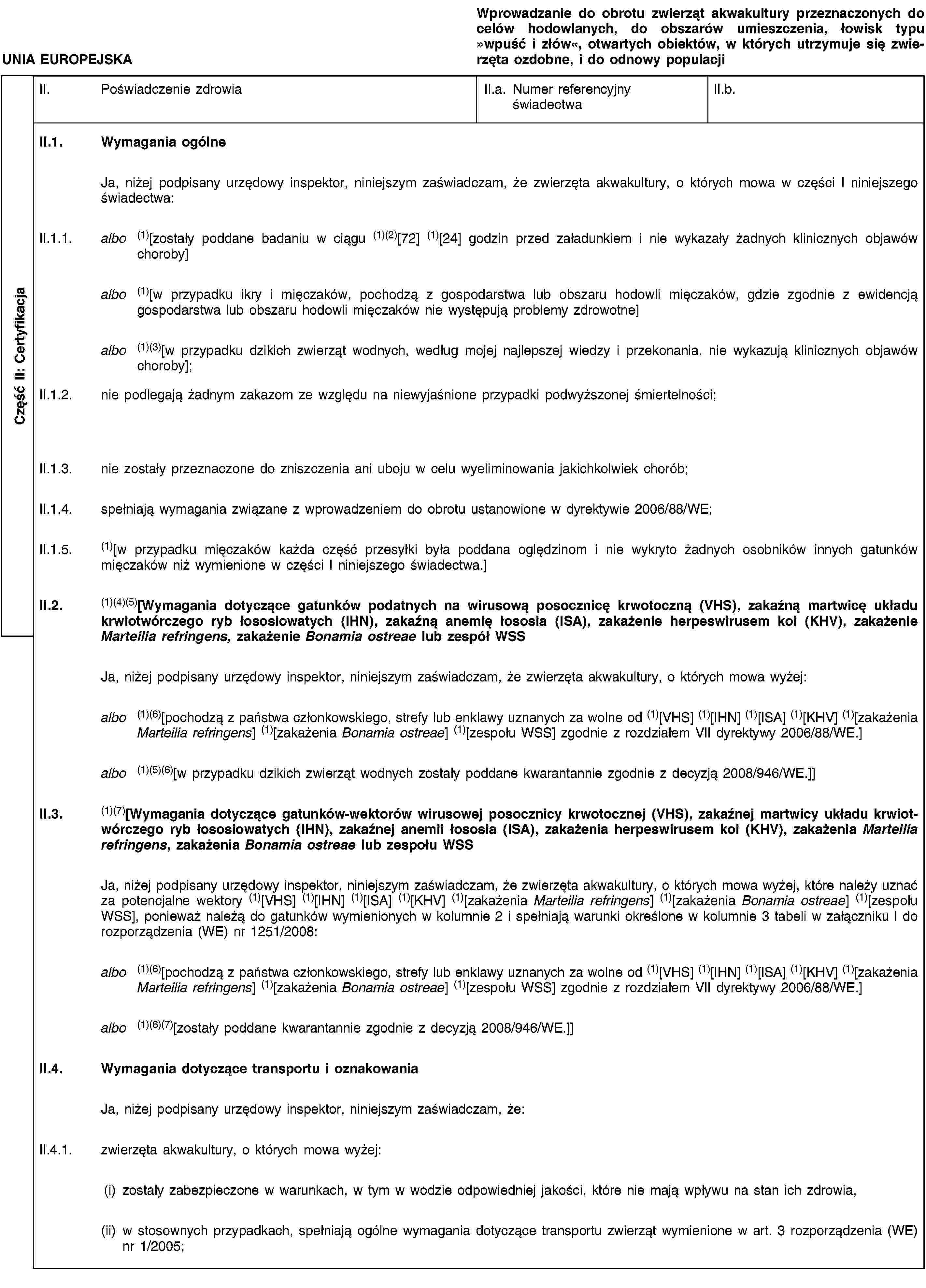 Część II: CertyfikacjaUNIA EUROPEJSKAWprowadzanie do obrotu zwierząt akwakultury przeznaczonych do celów hodowlanych, do obszarów umieszczenia, łowisk typu »wpuść i złów«, otwartych obiektów, w których utrzymuje się zwierzęta ozdobne, i do odnowy populacjiII. Poświadczenie zdrowiaII.a. Numer referencyjny świadectwaII.b.II.1. Wymagania ogólneJa, niżej podpisany urzędowy inspektor, niniejszym zaświadczam, że zwierzęta akwakultury, o których mowa w części I niniejszego świadectwa:II.1.1. albo (1)[zostały poddane badaniu w ciągu (1)(2)[72] (1)[24] godzin przed załadunkiem i nie wykazały żadnych klinicznych objawów choroby]albo (1)[w przypadku ikry i mięczaków, pochodzą z gospodarstwa lub obszaru hodowli mięczaków, gdzie zgodnie z ewidencją gospodarstwa lub obszaru hodowli mięczaków nie występują problemy zdrowotne]albo (1)(3)[w przypadku dzikich zwierząt wodnych, według mojej najlepszej wiedzy i przekonania, nie wykazują klinicznych objawów choroby];II.1.2. nie podlegają żadnym zakazom ze względu na niewyjaśnione przypadki podwyższonej śmiertelności;II.1.3. nie zostały przeznaczone do zniszczenia ani uboju w celu wyeliminowania jakichkolwiek chorób;II.1.4. spełniają wymagania związane z wprowadzeniem do obrotu ustanowione w dyrektywie 2006/88/WE;II.1.5. (1)[w przypadku mięczaków każda część przesyłki była poddana oględzinom i nie wykryto żadnych osobników innych gatunków mięczaków niż wymienione w części I niniejszego świadectwa.]II.2. (1)(4)(5)[Wymagania dotyczące gatunków podatnych na wirusową posocznicę krwotoczną (VHS), zakaźną martwicę układu krwiotwórczego ryb łososiowatych (IHN), zakaźną anemię łososia (ISA), zakażenie herpeswirusem koi (KHV), zakażenie Marteilia refringens, zakażenie Bonamia ostreae lub zespół WSSJa, niżej podpisany urzędowy inspektor, niniejszym zaświadczam, że zwierzęta akwakultury, o których mowa wyżej:albo (1)(6)[pochodzą z państwa członkowskiego, strefy lub enklawy uznanych za wolne od (1)[VHS] (1)[IHN] (1)[ISA] (1)[KHV] (1)[zakażenia Marteilia refringens] (1)[zakażenia Bonamia ostreae] (1)[zespołu WSS] zgodnie z rozdziałem VII dyrektywy 2006/88/WE.]albo (1)(5)(6)[w przypadku dzikich zwierząt wodnych zostały poddane kwarantannie zgodnie z decyzją 2008/946/WE.]]II.3. (1)(7)[Wymagania dotyczące gatunków-wektorów wirusowej posocznicy krwotocznej (VHS), zakaźnej martwicy układu krwiotwórczego ryb łososiowatych (IHN), zakaźnej anemii łososia (ISA), zakażenia herpeswirusem koi (KHV), zakażenia Marteilia refringens, zakażenia Bonamia ostreae lub zespołu WSSJa, niżej podpisany urzędowy inspektor, niniejszym zaświadczam, że zwierzęta akwakultury, o których mowa wyżej, które należy uznać za potencjalne wektory (1)[VHS] (1)[IHN] (1)[ISA] (1)[KHV] (1)[zakażenia Marteilia refringens] (1)[zakażenia Bonamia ostreae] (1)[zespołu WSS], ponieważ należą do gatunków wymienionych w kolumnie 2 i spełniają warunki określone w kolumnie 3 tabeli w załączniku I do rozporządzenia (WE) nr 1251/2008:albo (1)(6)[pochodzą z państwa członkowskiego, strefy lub enklawy uznanych za wolne od (1)[VHS] (1)[IHN] (1)[ISA] (1)[KHV] (1)[zakażenia Marteilia refringens] (1)[zakażenia Bonamia ostreae] (1)[zespołu WSS] zgodnie z rozdziałem VII dyrektywy 2006/88/WE.]albo (1)(6)(7)[zostały poddane kwarantannie zgodnie z decyzją 2008/946/WE.]]II.4. Wymagania dotyczące transportu i oznakowaniaJa, niżej podpisany urzędowy inspektor, niniejszym zaświadczam, że:II.4.1. zwierzęta akwakultury, o których mowa wyżej:(i) zostały zabezpieczone w warunkach, w tym w wodzie odpowiedniej jakości, które nie mają wpływu na stan ich zdrowia,(ii) w stosownych przypadkach, spełniają ogólne wymagania dotyczące transportu zwierząt wymienione w art. 3 rozporządzenia (WE) nr 1/2005;