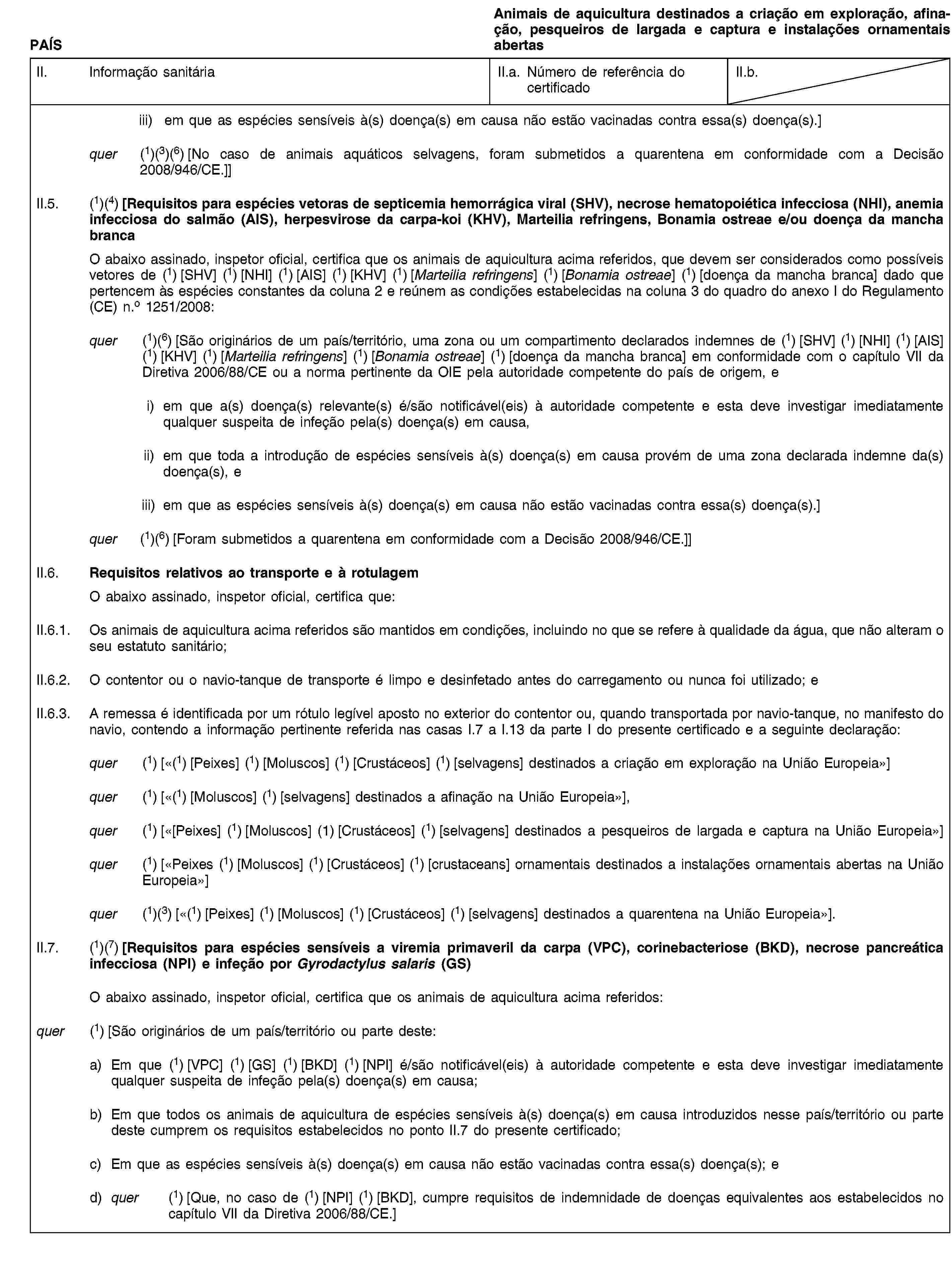 PAÍSAnimais de aquicultura destinados a criação em exploração, afinação, pesqueiros de largada e captura e instalações ornamentais abertasII. Informação sanitáriaII.a. Número de referência do certificadoII.b.iii) em que as espécies sensíveis à(s) doença(s) em causa não estão vacinadas contra essa(s) doença(s).]quer (1)(3)(6) [No caso de animais aquáticos selvagens, foram submetidos a quarentena em conformidade com a Decisão 2008/946/CE.]]II.5. (1)(4) [Requisitos para espécies vetoras de septicemia hemorrágica viral (SHV), necrose hematopoiética infecciosa (NHI), anemia infecciosa do salmão (AIS), herpesvirose da carpa-koi (KHV), Marteilia refringens, Bonamia ostreae e/ou doença da mancha brancaO abaixo assinado, inspetor oficial, certifica que os animais de aquicultura acima referidos, que devem ser considerados como possíveis vetores de (1) [SHV] (1) [NHI] (1) [AIS] (1) [KHV] (1) [Marteilia refringens] (1) [Bonamia ostreae] (1) [doença da mancha branca] dado que pertencem às espécies constantes da coluna 2 e reúnem as condições estabelecidas na coluna 3 do quadro do anexo I do Regulamento (CE) n.o 1251/2008:quer (1)(6) [São originários de um país/território, uma zona ou um compartimento declarados indemnes de (1) [SHV] (1) [NHI] (1) [AIS] (1) [KHV] (1) [Marteilia refringens] (1) [Bonamia ostreae] (1) [doença da mancha branca] em conformidade com o capítulo VII da Diretiva 2006/88/CE ou a norma pertinente da OIE pela autoridade competente do país de origem, ei) em que a(s) doença(s) relevante(s) é/são notificável(eis) à autoridade competente e esta deve investigar imediatamente qualquer suspeita de infeção pela(s) doença(s) em causa,ii) em que toda a introdução de espécies sensíveis à(s) doença(s) em causa provém de uma zona declarada indemne da(s) doença(s), eiii) em que as espécies sensíveis à(s) doença(s) em causa não estão vacinadas contra essa(s) doença(s).]quer (1)(6) [Foram submetidos a quarentena em conformidade com a Decisão 2008/946/CE.]]II.6. Requisitos relativos ao transporte e à rotulagemO abaixo assinado, inspetor oficial, certifica que:II.6.1. Os animais de aquicultura acima referidos são mantidos em condições, incluindo no que se refere à qualidade da água, que não alteram o seu estatuto sanitário;II.6.2. O contentor ou o navio-tanque de transporte é limpo e desinfetado antes do carregamento ou nunca foi utilizado; eII.6.3. A remessa é identificada por um rótulo legível aposto no exterior do contentor ou, quando transportada por navio-tanque, no manifesto do navio, contendo a informação pertinente referida nas casas I.7 a I.13 da parte I do presente certificado e a seguinte declaração:quer (1) [«(1) [Peixes] (1) [Moluscos] (1) [Crustáceos] (1) [selvagens] destinados a criação em exploração na União Europeia»]quer (1) [«(1) [Moluscos] (1) [selvagens] destinados a afinação na União Europeia»],quer (1) [«[Peixes] (1) [Moluscos] (1) [Crustáceos] (1) [selvagens] destinados a pesqueiros de largada e captura na União Europeia»]quer (1) [«Peixes (1) [Moluscos] (1) [Crustáceos] (1) [crustaceans] ornamentais destinados a instalações ornamentais abertas na União Europeia»]quer (1)(3) [«(1) [Peixes] (1) [Moluscos] (1) [Crustáceos] (1) [selvagens] destinados a quarentena na União Europeia»].II.7. (1)(7) [Requisitos para espécies sensíveis a viremia primaveril da carpa (VPC), corinebacteriose (BKD), necrose pancreática infecciosa (NPI) e infeção por Gyrodactylus salaris (GS)O abaixo assinado, inspetor oficial, certifica que os animais de aquicultura acima referidos:quer (1) [São originários de um país/território ou parte deste:a) Em que (1) [VPC] (1) [GS] (1) [BKD] (1) [NPI] é/são notificável(eis) à autoridade competente e esta deve investigar imediatamente qualquer suspeita de infeção pela(s) doença(s) em causa;b) Em que todos os animais de aquicultura de espécies sensíveis à(s) doença(s) em causa introduzidos nesse país/território ou parte deste cumprem os requisitos estabelecidos no ponto II.7 do presente certificado;c) Em que as espécies sensíveis à(s) doença(s) em causa não estão vacinadas contra essa(s) doença(s); ed) quer (1) [Que, no caso de (1) [NPI] (1) [BKD], cumpre requisitos de indemnidade de doenças equivalentes aos estabelecidos no capítulo VII da Diretiva 2006/88/CE.]