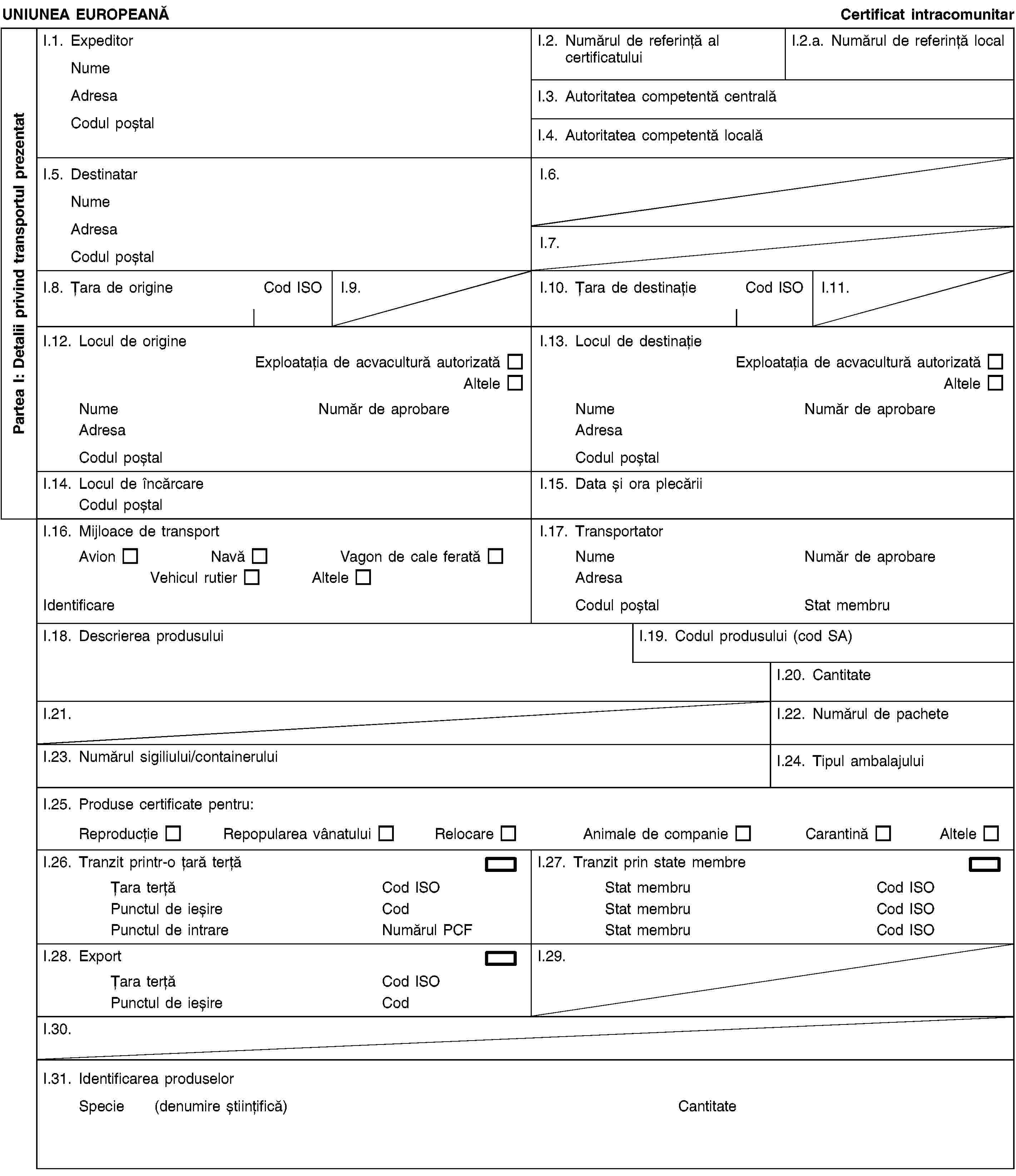 Partea I: Detalii privind transportul prezentatUNIUNEA EUROPEANĂCertificat intracomunitarI.1. ExpeditorNumeAdresaCodul poștalI.2. Numărul de referință al certificatuluiI.2.a. Numărul de referință localI.3. Autoritatea competentă centralăI.4. Autoritatea competentă localăI.5. DestinatarNumeAdresaCodul poștalI.6.I.7.I.8. Țara de origineCod ISOI.9.I.10. Țara de destinațieCod ISOI.11.I.12. Locul de origineExploatația de acvacultură autorizatăAlteleNumeNumăr de aprobareAdresaCodul poștalI.13. Locul de destinațieExploatația de acvacultură autorizatăAlteleNumeNumăr de aprobareAdresaCodul poștalI.14. Locul de încărcareCodul poștalI.15. Data și ora plecăriiI.16. Mijloace de transportAvionNavăVagon de cale feratăVehicul rutierAlteleIdentificareI.17. TransportatorNumeNumăr de aprobareAdresaCodul poștalStat membruI.18. Descrierea produsuluiI.19. Codul produsului (cod SA)I.20. CantitateI.21.I.22. Numărul de pacheteI.23. Numărul sigiliului/containeruluiI.24. Tipul ambalajuluiI.25. Produse certificate pentru:ReproducțieRepopularea vânatuluiRelocareAnimale de companieCarantinăAlteleI.26. Tranzit printr-o țară terțăȚara terțăCod ISOPunctul de ieșireCodPunctul de intrareNumărul PCFI.27. Tranzit prin state membreStat membruCod ISOStat membruCod ISOStat membruCod ISOI.28. ExportȚara terțăCod ISOPunctul de ieșireCodI.29.I.30.I.31. Identificarea produselorSpecie (denumire științifică)Cantitate