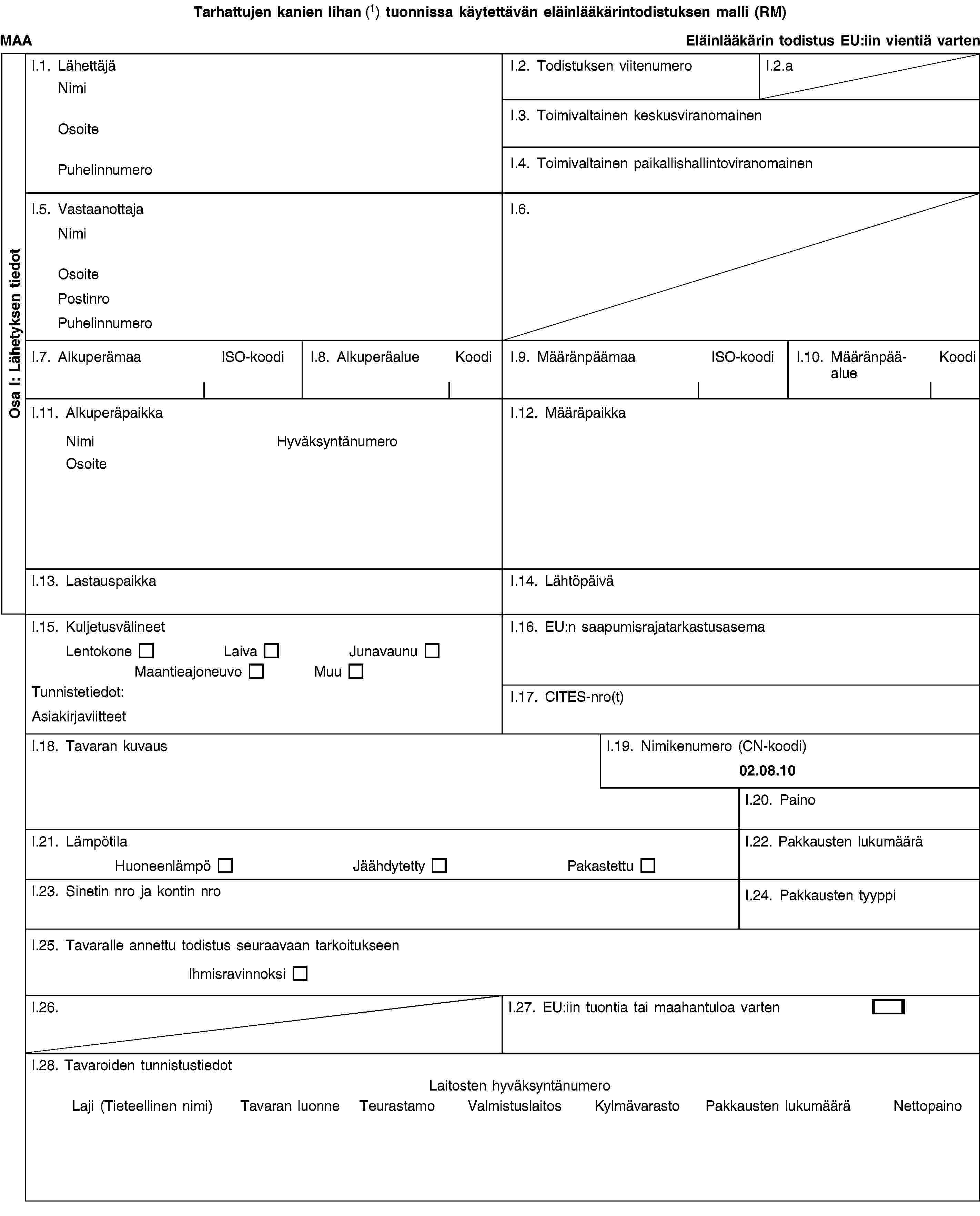 Osa I: Lähetyksen tiedotTarhattujen kanien lihan (1) tuonnissa käytettävän eläinlääkärintodistuksen malli (RM)MAAEläinlääkärin todistus EU:iin vientiä vartenI.1. LähettäjäNimiOsoitePuhelinnumeroI.2. Todistuksen viitenumeroI.2.aI.3. Toimivaltainen keskusviranomainenI.4. Toimivaltainen paikallishallintoviranomainenI.5. VastaanottajaNimiOsoitePostinroPuhelinnumeroI.6.I.7. AlkuperämaaISO-koodiI.8. AlkuperäalueKoodiI.9. MääränpäämaaISO-koodiI.10. MääränpääalueKoodiI.11. AlkuperäpaikkaNimiHyväksyntänumeroOsoiteI.12. MääräpaikkaI.13. LastauspaikkaI.14. LähtöpäiväI.15. KuljetusvälineetLentokoneLaivaJunavaunuMaantieajoneuvoMuuTunnistetiedot:AsiakirjaviitteetI.16. EU:n saapumisrajatarkastusasemaI.17. CITES-nro(t)I.18. Tavaran kuvausI.19. Nimikenumero (CN-koodi)02.08.10I.20. PainoI.21. LämpötilaHuoneenlämpöJäähdytettyPakastettuI.22. Pakkausten lukumääräI.23. Sinetin nro ja kontin nroI.24. Pakkausten tyyppiI.25. Tavaralle annettu todistus seuraavaan tarkoitukseenIhmisravinnoksiI.26.I.27. EU:iin tuontia tai maahantuloa vartenI.28. Tavaroiden tunnistustiedotLaitosten hyväksyntänumeroLaji (Tieteellinen nimi)Tavaran luonneTeurastamoValmistuslaitosKylmävarastoPakkausten lukumääräNettopaino