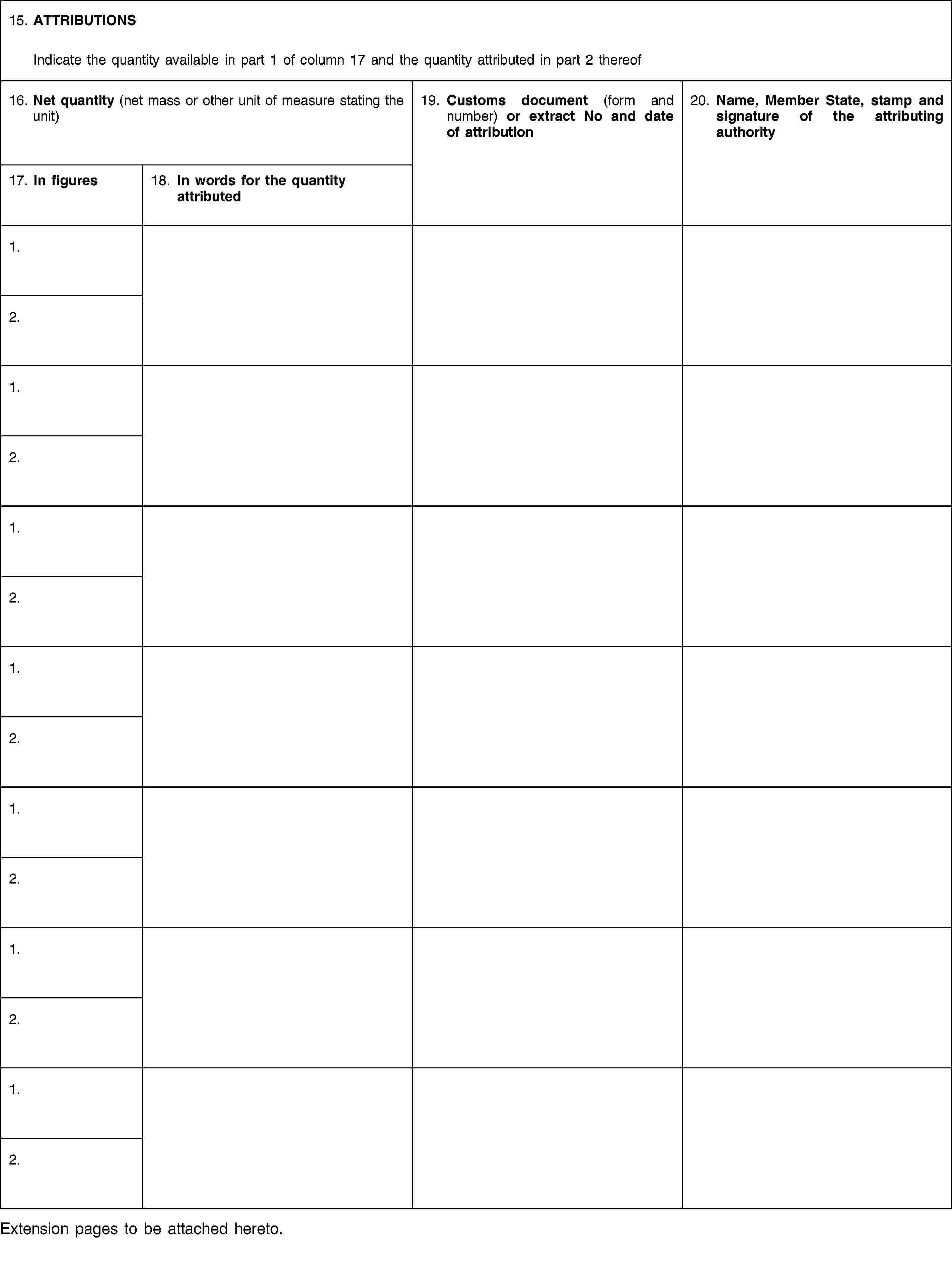 15. ATTRIBUTIONSIndicate the quantity available in part 1 of column 17 and the quantity attributed in part 2 thereof16. Net quantity (net mass or other unit of measure stating the unit)19. Customs document (form and number) or extract No and date of attribution20. Name, Member State, stamp and signature of the attributing authority17. In figures18. In words for the quantity attributed1.2.1.2.1.2.1.2.1.2.1.2.1.2.Extension pages to be attached hereto.