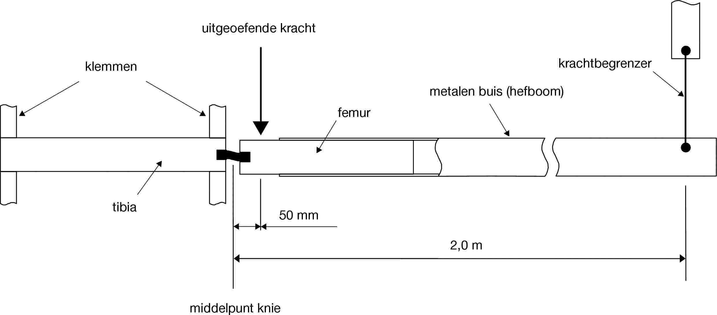 uitgeoefende krachtklemmenkrachtbegrenzermetalen buis (hefboom)femurtibia50 mm2,0 mmiddelpunt knie