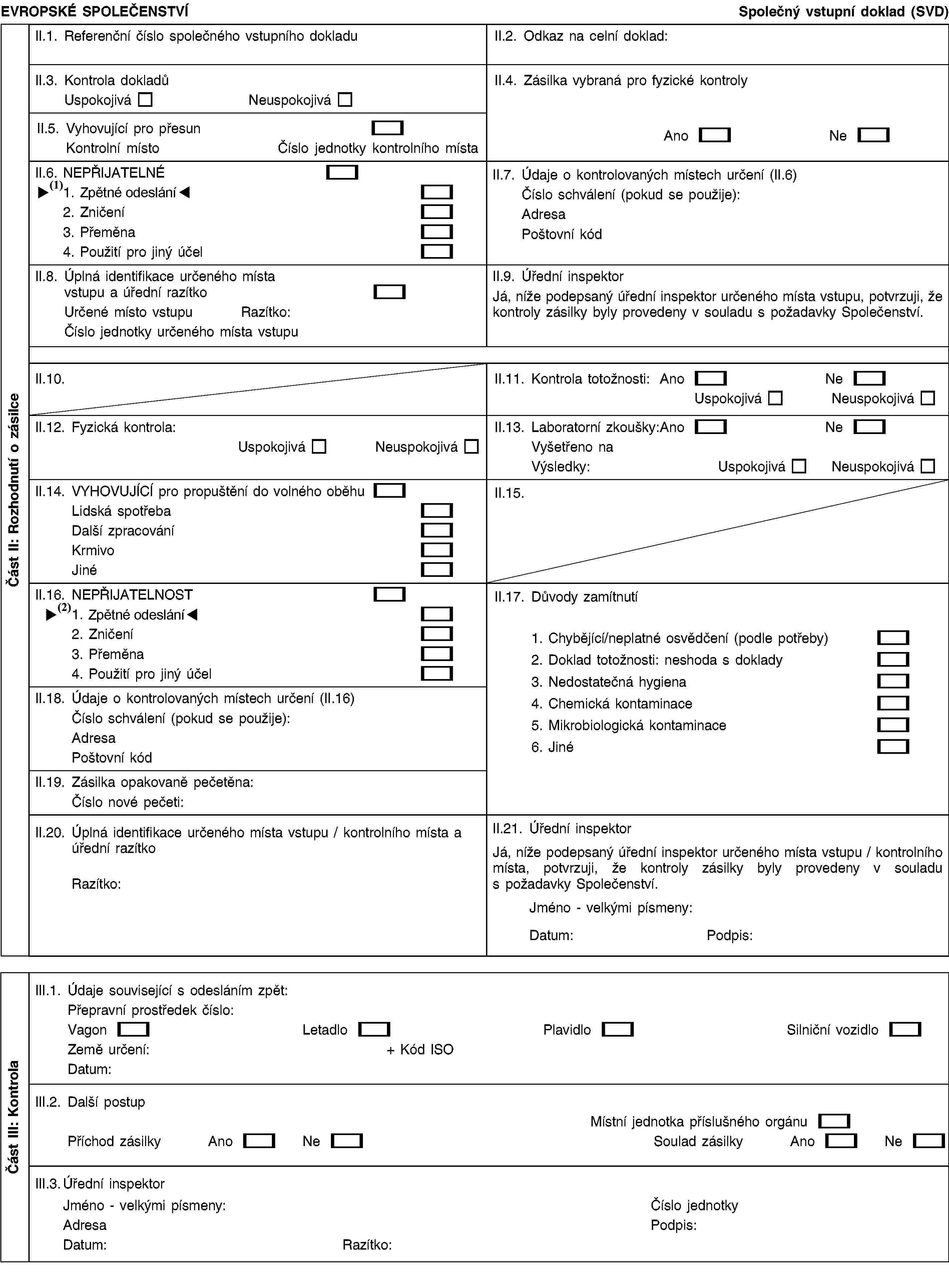EVROPSKÉ SPOLEČENSTVÍSpolečný vstupní doklad (SVD)II.1. Referenční číslo společného vstupního dokladuII.2. Odkaz na celní doklad:II.3. Kontrola dokladůUspokojiváNeuspokojiváII.4. Zásilka vybraná pro fyzické kontrolyAnoNeII.5. Vyhovující pro přesunKontrolní místoČíslo jednotky kontrolního místaII.6. NEPŘIJATELNÉ1. Vrácení2. Zničení3. Přeměna4. Použití pro jiný účelII.7. Údaje o kontrolovaných místech určení (II.6)Číslo schválení (pokud se použije):AdresaPoštovní kódII.8. Úplná identifikace určeného místa vstupu a úřední razítkoUrčené místo vstupuRazítko:Číslo jednotky určeného místa vstupuII.9. Úřední inspektorJá, níže podepsaný úřední inspektor určeného místa vstupu, potvrzuji, že kontroly zásilky byly provedeny v souladu s požadavky Společenství.II.10.II.11. Kontrola totožnosti:AnoNeUspokojiváNeuspokojiváII.12. Fyzická kontrola:UspokojiváNeuspokojiváII.13. Laboratorní zkoušky:AnoNeVyšetřeno naVýsledky:UspokojiváNeuspokojiváII.14. VYHOVUJÍCÍ pro propuštění do volného oběhuLidská spotřebaDalší zpracováníKrmivoJinéII.15.II.16. NEPŘIJATELNOST1. Vrácení2. Zničení3. Přeměna4. Použití pro jiný účelII.17. Důvody zamítnutí1. Chybějící/neplatné osvědčení (podle potřeby)2. Doklad totožnosti: neshoda s doklady3. Nedostatečná hygiena4. Chemická kontaminace5. Mikrobiologická kontaminace6. JinéII.18. Údaje o kontrolovaných místech určení (II.16)Číslo schválení (pokud se použije):AdresaPoštovní kódII.19. Zásilka opakovaně pečetěna:Číslo nové pečeti:II.20. Úplná identifikace určeného místa vstupu / kontrolního místa a úřední razítkoRazítko:II.21. Úřední inspektorJá, níže podepsaný úřední inspektor určeného místa vstupu / kontrolního místa, potvrzuji, že kontroly zásilky byly provedeny v souladu s požadavky Společenství.Jméno - velkými písmeny:Datum:Podpis:III.1. Údaje související s odesláním zpět:Přepravní prostředek číslo:VagonLetadloPlavidloSilniční vozidloZemě určení:+ Kód ISODatum:III.2. Další postupMístní jednotka příslušného orgánuPříchod zásilkyAnoNeSoulad zásilkyAnoNeIII.3. Úřední inspektorJméno - velkými písmeny:AdresaDatum:Razítko:Číslo jednotkyPodpis:Část II: Rozhodnutí o zásilceČást III: Kontrola