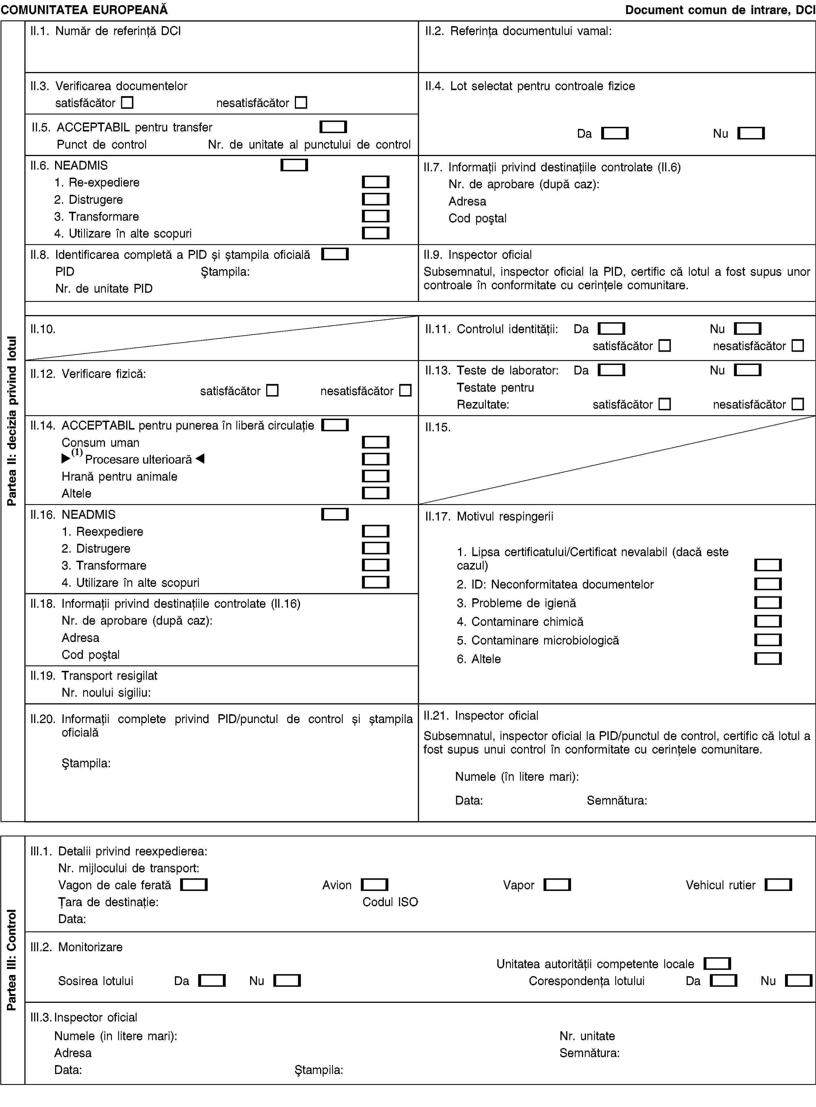 COMUNITATEA EUROPEANĂDocument comun de intrare, DCIII.1. Număr de referință DCIII.2. Referința documentului vamal:II.3. Verificarea documentelorsatisfăcătornesatisfăcătorII.4. Lot selectat pentru controale fiziceDaNuII.5. ACCEPTABIL pentru transferPunct de controlNr. de unitate al punctului de controlII.6. NEADMIS1. Re-expediere2. Distrugere3. Transformare4. Utilizare în alte scopuriII.7. Informații privind destinațiile controlate (II.6)Nr. de aprobare (după caz):AdresaCod poștalII.8. Identificarea completă a PID și ștampila oficialăPIDȘtampila:Nr. de unitate PIDII.9. Inspector oficialSubsemnatul, inspector oficial la PID, certific că lotul a fost supus unor controale în conformitate cu cerințele comunitare.II.10.II.11. Controlul identității:DaNusatisfăcătornesatisfăcătorII.12. Verificare fizică:satisfăcătornesatisfăcătorII.13. Teste de laborator:DaNuTestate pentruRezultate:satisfăcătornesatisfăcătorII.14. ACCEPTABIL pentru punerea în liberă circulațieConsum umanTransformareHrană pentru animaleAlteleII.15.II.16. NEADMIS1. Reexpediere2. Distrugere3. Transformare4. Utilizare în alte scopuriII.17. Motivul respingerii1. Lipsa certificatului/Certificat nevalabil (dacă este cazul)2. ID: Neconformitatea documentelor3. Probleme de igienă4. Contaminare chimică5. Contaminare microbiologică6. AlteleII.18. Informații privind destinațiile controlate (II.16)Nr. de aprobare (după caz):AdresaCod poștalII.19. Transport resigilatNr. noului sigiliu:II.20. Informații complete privind PID/punctul de control și ștampila oficialăȘtampila:II.21. Inspector oficialSubsemnatul, inspector oficial la PID/punctul de control, certific că lotul a fost supus unui control în conformitate cu cerințele comunitare.Numele (în litere mari):Data:Semnătura:III.1. Detalii privind reexpedierea:Nr. mijlocului de transport:Vagon de cale feratăAvionVaporVehicul rutierȚara de destinație:Codul ISOData:III.2. MonitorizareUnitatea autorității competente localeSosirea lotuluiDaNuCorespondența lotuluiDaNuIII.3. Inspector oficialNumele (in litere mari):AdresaData:Ștampila:Nr. unitateSemnătura:Partea II: decizia privind lotulPartea III: Control