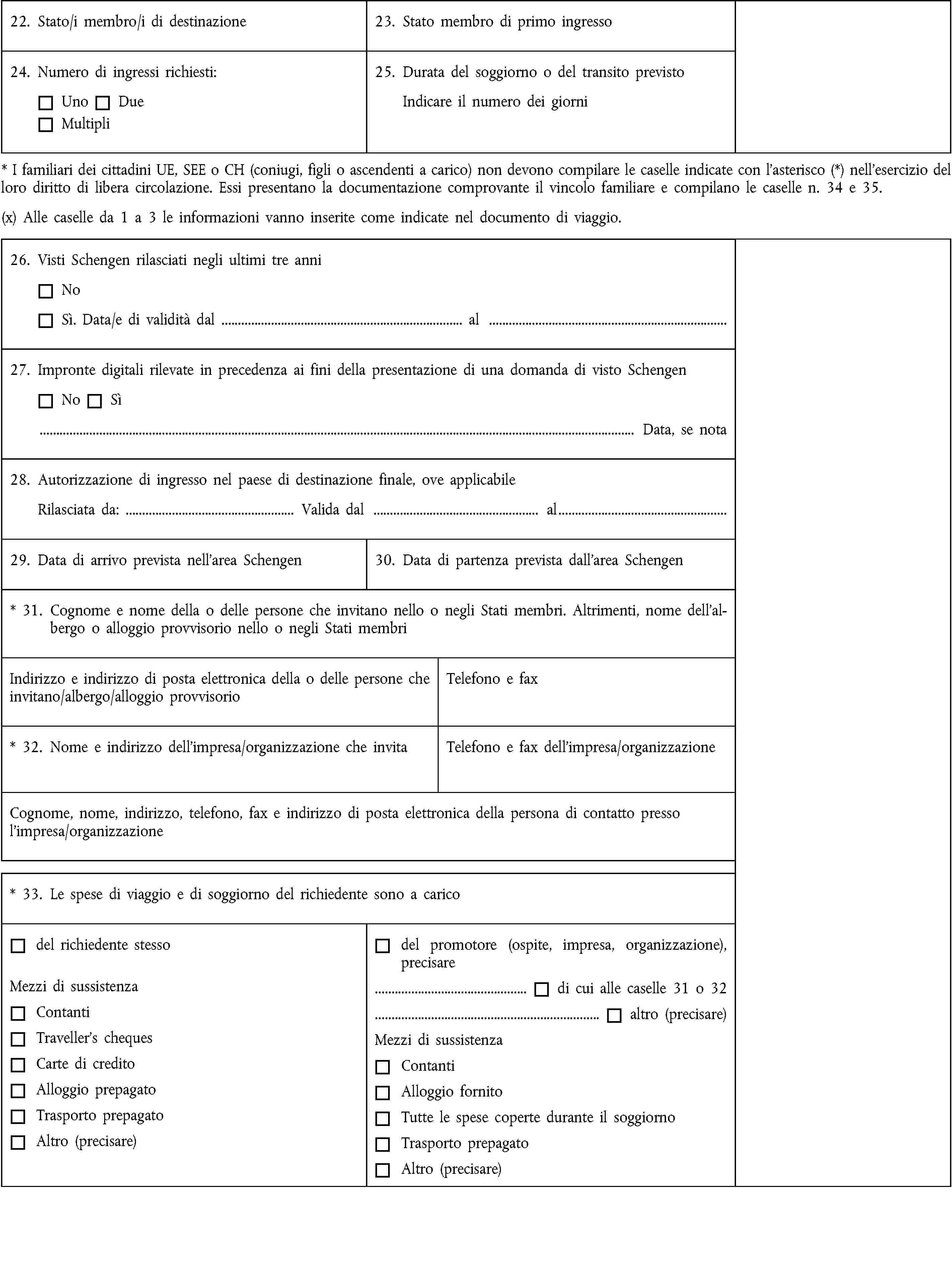 22. Stato/i membro/i di destinazione23. Stato membro di primo ingresso24. Numero di ingressi richiesti:UnoDueMultipli25. Durata del soggiorno o del transito previstoIndicare il numero dei giorni* I familiari dei cittadini UE, SEE o CH (coniugi, figli o ascendenti a carico) non devono compilare le caselle indicate con l’asterisco (*) nell’esercizio del loro diritto di libera circolazione. Essi presentano la documentazione comprovante il vincolo familiare e compilano le caselle n. 34 e 35.(x) Alle caselle da 1 a 3 le informazioni vanno inserite come indicate nel documento di viaggio.26. Visti Schengen rilasciati negli ultimi tre anniNoSì. Data/e di validità dal … al …27. Impronte digitali rilevate in precedenza ai fini della presentazione di una domanda di visto SchengenNoSì… Data, se nota28. Autorizzazione di ingresso nel paese di destinazione finale, ove applicabileRilasciata da: … Valida dal … al…29. Data di arrivo prevista nell’area Schengen30. Data di partenza prevista dall’area Schengen* 31. Cognome e nome della o delle persone che invitano nello o negli Stati membri. Altrimenti, nome dell’albergo o alloggio provvisorio nello o negli Stati membriIndirizzo e indirizzo di posta elettronica della o delle persone che invitano/albergo/alloggio provvisorioTelefono e fax* 32. Nome e indirizzo dell’impresa/organizzazione che invitaTelefono e fax dell’impresa/organizzazioneCognome, nome, indirizzo, telefono, fax e indirizzo di posta elettronica della persona di contatto presso l’impresa/organizzazione* 33. Le spese di viaggio e di soggiorno del richiedente sono a caricodel richiedente stessoMezzi di sussistenzaContantiTraveller’s chequesCarte di creditoAlloggio prepagatoTrasporto prepagatoAltro (precisare)del promotore (ospite, impresa, organizzazione), precisare… di cui alle caselle 31 o 32… altro (precisare)Mezzi di sussistenzaContantiAlloggio fornitoTutte le spese coperte durante il soggiornoTrasporto prepagatoAltro (precisare)