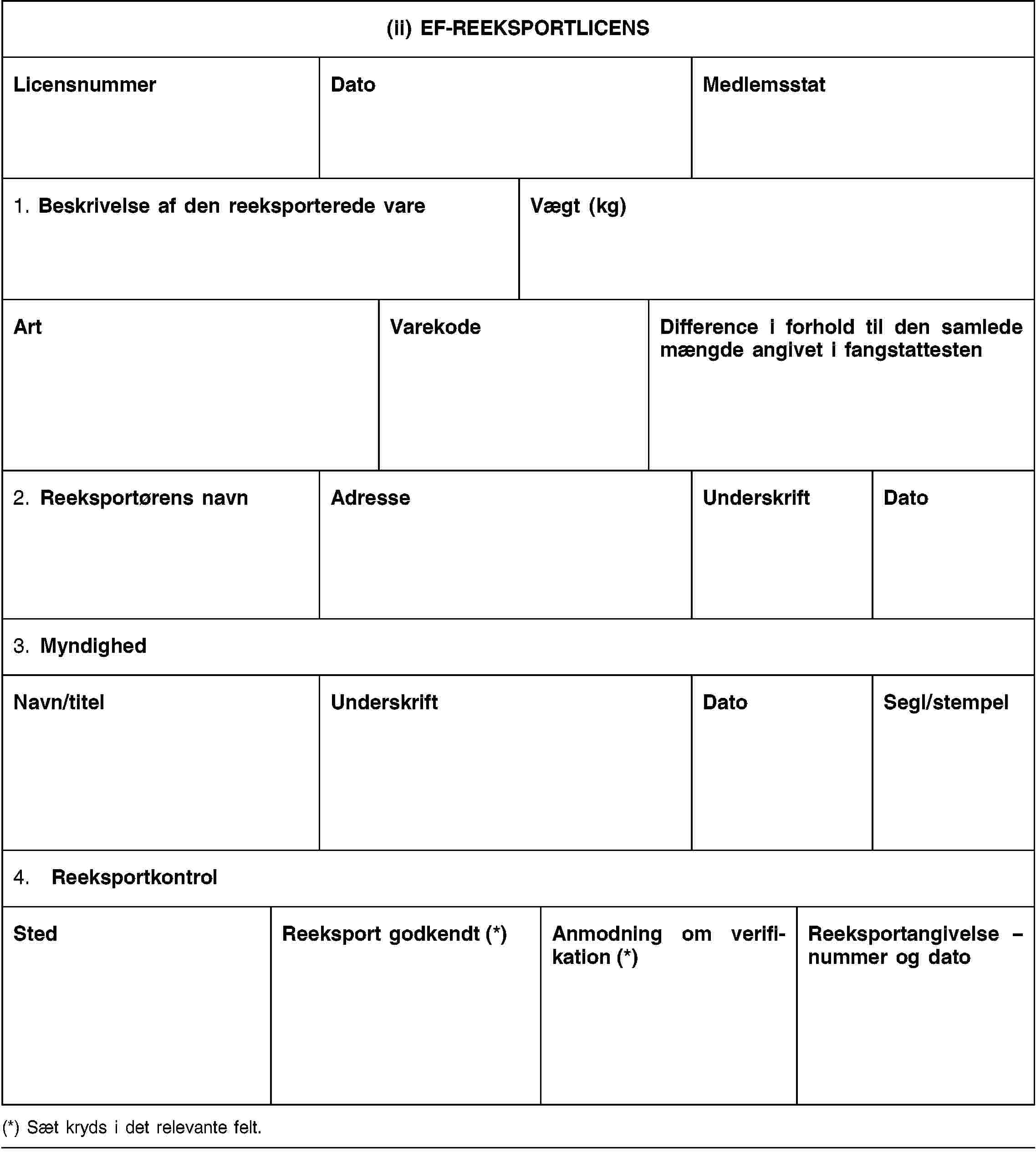 (ii) EF-REEKSPORTLICENSLicensnummerDatoMedlemsstat1. Beskrivelse af den reeksporterede vareVægt (kg)ArtVarekodeDifference i forhold til den samlede mængde angivet i fangstattesten2. Reeksportørens navnAdresseUnderskriftDato3. MyndighedNavn/titelUnderskriftDatoSegl/stempel4. ReeksportkontrolStedReeksport godkendt (*)Anmodning om verifikation (*)Reeksportangivelse – nummer og dato(*) Sæt kryds i det relevante felt.