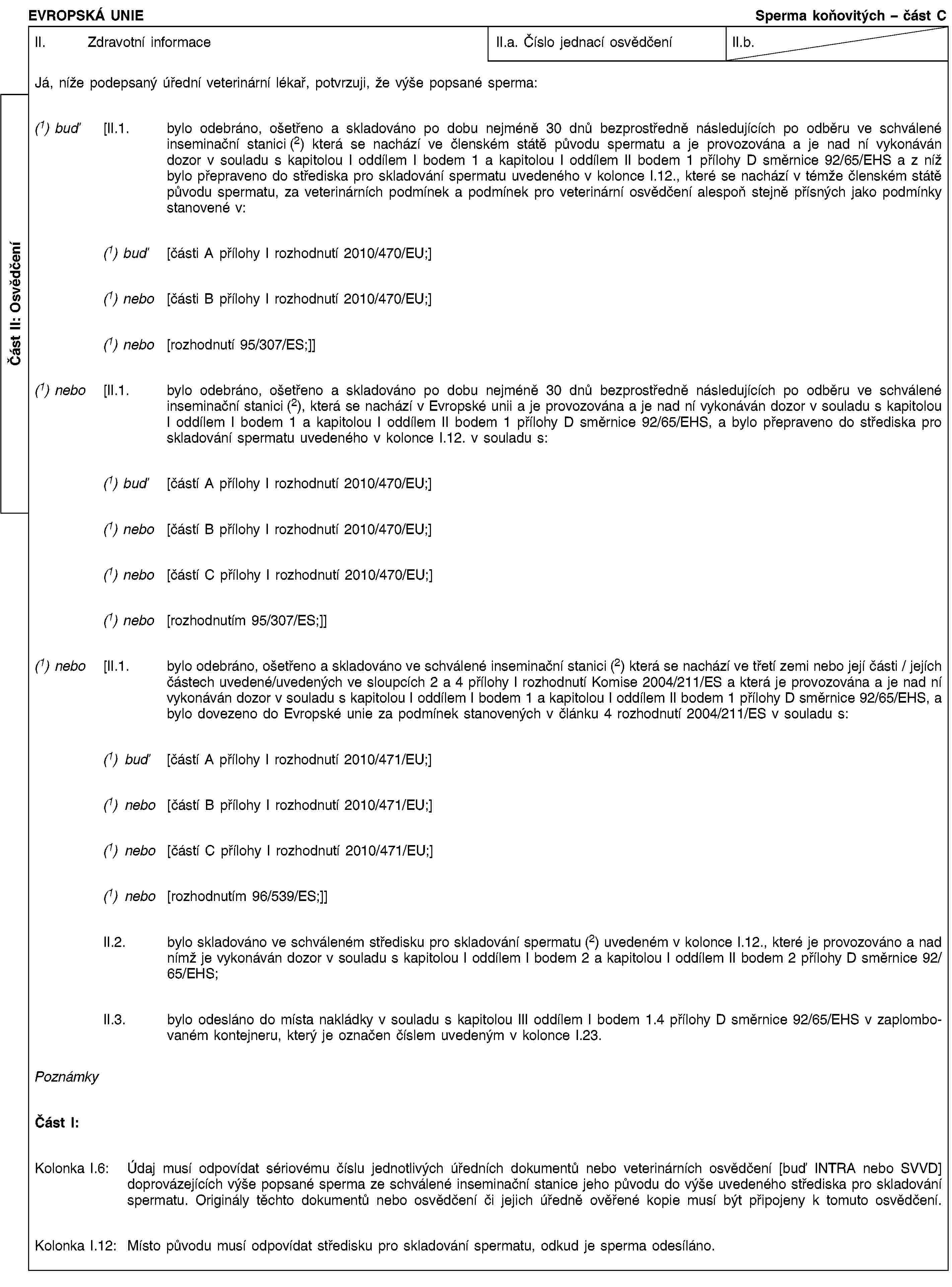 Část II: OsvědčeníEVROPSKÁ UNIESperma koňovitých – část CII. Zdravotní informaceII.a. Číslo jednací osvědčeníII.b.Já, níže podepsaný úřední veterinární lékař, potvrzuji, že výše popsané sperma:(1) buď [II.1. bylo odebráno, ošetřeno a skladováno po dobu nejméně 30 dnů bezprostředně následujících po odběru ve schválené inseminační stanici (2) která se nachází ve členském státě původu spermatu a je provozována a je nad ní vykonáván dozor v souladu s kapitolou I oddílem I bodem 1 a kapitolou I oddílem II bodem 1 přílohy D směrnice 92/65/EHS a z níž bylo přepraveno do střediska pro skladování spermatu uvedeného v kolonce I.12., které se nachází v témže členském státě původu spermatu, za veterinárních podmínek a podmínek pro veterinární osvědčení alespoň stejně přísných jako podmínky stanovené v:(1) buď [části A přílohy I rozhodnutí 2010/470/EU;](1) nebo [části B přílohy I rozhodnutí 2010/470/EU;](1) nebo [rozhodnutí 95/307/ES;]](1) nebo [II.1. bylo odebráno, ošetřeno a skladováno po dobu nejméně 30 dnů bezprostředně následujících po odběru ve schválené inseminační stanici (2), která se nachází v Evropské unii a je provozována a je nad ní vykonáván dozor v souladu s kapitolou I oddílem I bodem 1 a kapitolou I oddílem II bodem 1 přílohy D směrnice 92/65/EHS, a bylo přepraveno do střediska pro skladování spermatu uvedeného v kolonce I.12. v souladu s:(1) buď [částí A přílohy I rozhodnutí 2010/470/EU;](1) nebo [částí B přílohy I rozhodnutí 2010/470/EU;](1) nebo [částí C přílohy I rozhodnutí 2010/470/EU;](1) nebo [rozhodnutím 95/307/ES;]](1) nebo [II.1. bylo odebráno, ošetřeno a skladováno ve schválené inseminační stanici (2) která se nachází ve třetí zemi nebo její části / jejích částech uvedené/uvedených ve sloupcích 2 a 4 přílohy I rozhodnutí Komise 2004/211/ES a která je provozována a je nad ní vykonáván dozor v souladu s kapitolou I oddílem I bodem 1 a kapitolou I oddílem II bodem 1 přílohy D směrnice 92/65/EHS, a bylo dovezeno do Evropské unie za podmínek stanovených v článku 4 rozhodnutí 2004/211/ES v souladu s:(1) buď [částí A přílohy I rozhodnutí 2010/471/EU;](1) nebo [částí B přílohy I rozhodnutí 2010/471/EU;](1) nebo [částí C přílohy I rozhodnutí 2010/471/EU;](1) nebo [rozhodnutím 96/539/ES;]]II.2. bylo skladováno ve schváleném středisku pro skladování spermatu (2) uvedeném v kolonce I.12., které je provozováno a nad nímž je vykonáván dozor v souladu s kapitolou I oddílem I bodem 2 a kapitolou I oddílem II bodem 2 přílohy D směrnice 92/65/EHS;II.3. bylo odesláno do místa nakládky v souladu s kapitolou III oddílem I bodem 1.4 přílohy D směrnice 92/65/EHS v zaplombovaném kontejneru, který je označen číslem uvedeným v kolonce I.23.PoznámkyČást I:Kolonka I.6: Údaj musí odpovídat sériovému číslu jednotlivých úředních dokumentů nebo veterinárních osvědčení [buď INTRA nebo SVVD] doprovázejících výše popsané sperma ze schválené inseminační stanice jeho původu do výše uvedeného střediska pro skladování spermatu. Originály těchto dokumentů nebo osvědčení či jejich úředně ověřené kopie musí být připojeny k tomuto osvědčení.Kolonka I.12: Místo původu musí odpovídat středisku pro skladování spermatu, odkud je sperma odesíláno.