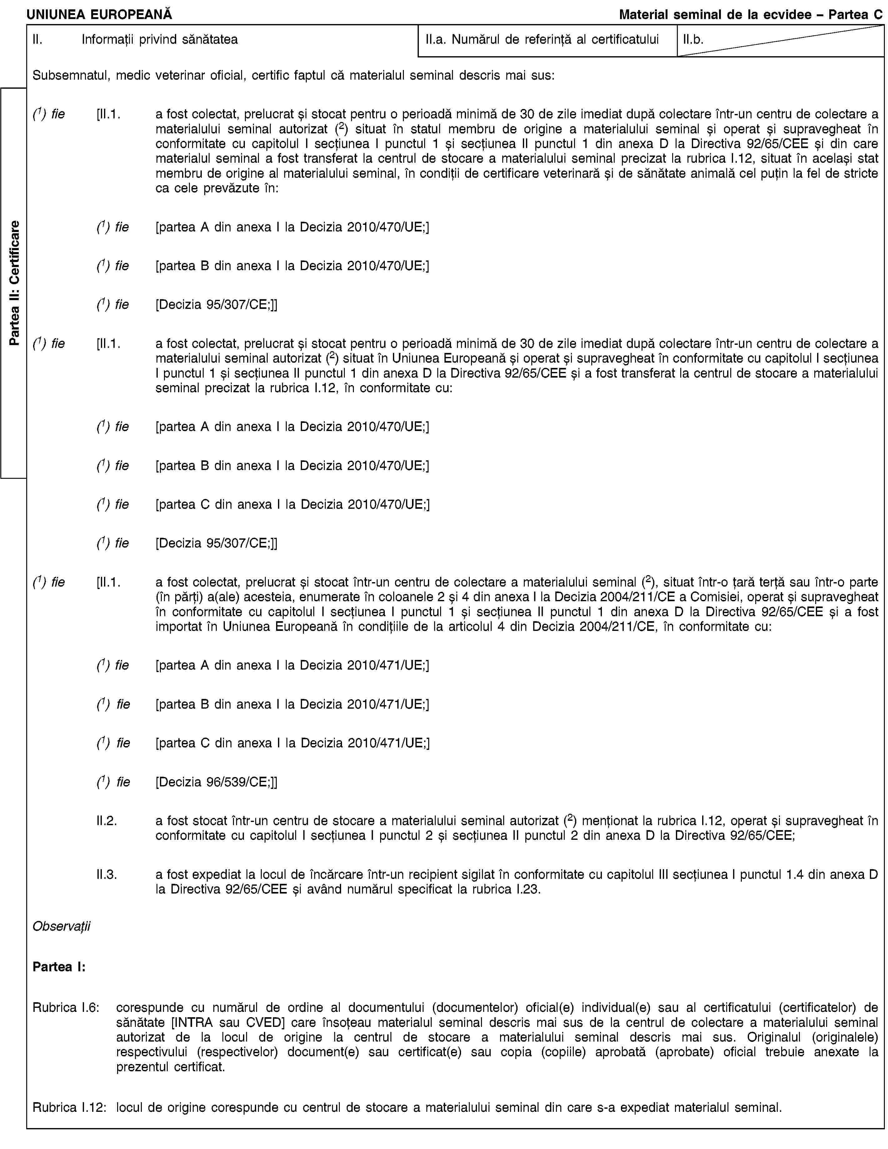 Partea II: CertificareUNIUNEA EUROPEANĂMaterial seminal de la ecvidee – Partea CII. Informații privind sănătateaII.a. Numărul de referință al certificatuluiII.b.Subsemnatul, medic veterinar oficial, certific faptul că materialul seminal descris mai sus:(1) fie [II.1. a fost colectat, prelucrat și stocat pentru o perioadă minimă de 30 de zile imediat după colectare într-un centru de colectare a materialului seminal autorizat (2) situat în statul membru de origine a materialului seminal și operat și supravegheat în conformitate cu capitolul I secțiunea I punctul 1 și secțiunea II punctul 1 din anexa D la Directiva 92/65/CEE și din care materialul seminal a fost transferat la centrul de stocare a materialului seminal precizat la rubrica I.12, situat în același stat membru de origine al materialului seminal, în condiții de certificare veterinară și de sănătate animală cel puțin la fel de stricte ca cele prevăzute în:(1) fie [partea A din anexa I la Decizia 2010/470/UE;](1) fie [partea B din anexa I la Decizia 2010/470/UE;](1) fie [Decizia 95/307/CE;]](1) fie [II.1. a fost colectat, prelucrat și stocat pentru o perioadă minimă de 30 de zile imediat după colectare într-un centru de colectare a materialului seminal autorizat (2) situat în Uniunea Europeană și operat și supravegheat în conformitate cu capitolul I secțiunea I punctul 1 și secțiunea II punctul 1 din anexa D la Directiva 92/65/CEE și a fost transferat la centrul de stocare a materialului seminal precizat la rubrica I.12, în conformitate cu:(1) fie [partea A din anexa I la Decizia 2010/470/UE;](1) fie [partea B din anexa I la Decizia 2010/470/UE;](1) fie [partea C din anexa I la Decizia 2010/470/UE;](1) fie [Decizia 95/307/CE;]](1) fie [II.1. a fost colectat, prelucrat și stocat într-un centru de colectare a materialului seminal (2), situat într-o țară terță sau într-o parte (în părți) a(ale) acesteia, enumerate în coloanele 2 și 4 din anexa I la Decizia 2004/211/CE a Comisiei, operat și supravegheat în conformitate cu capitolul I secțiunea I punctul 1 și secțiunea II punctul 1 din anexa D la Directiva 92/65/CEE și a fost importat în Uniunea Europeană în condițiile de la articolul 4 din Decizia 2004/211/CE, în conformitate cu:(1) fie [partea A din anexa I la Decizia 2010/471/UE;](1) fie [partea B din anexa I la Decizia 2010/471/UE;](1) fie [partea C din anexa I la Decizia 2010/471/UE;](1) fie [Decizia 96/539/CE;]]II.2. a fost stocat într-un centru de stocare a materialului seminal autorizat (2) menționat la rubrica I.12, operat și supravegheat în conformitate cu capitolul I secțiunea I punctul 2 și secțiunea II punctul 2 din anexa D la Directiva 92/65/CEE;II.3. a fost expediat la locul de încărcare într-un recipient sigilat în conformitate cu capitolul III secțiunea I punctul 1.4 din anexa D la Directiva 92/65/CEE și având numărul specificat la rubrica I.23.ObservațiiPartea I:Rubrica I.6: corespunde cu numărul de ordine al documentului (documentelor) oficial(e) individual(e) sau al certificatului (certificatelor) de sănătate [INTRA sau CVED] care însoțeau materialul seminal descris mai sus de la centrul de colectare a materialului seminal autorizat de la locul de origine la centrul de stocare a materialului seminal descris mai sus. Originalul (originalele) respectivului (respectivelor) document(e) sau certificat(e) sau copia (copiile) aprobată (aprobate) oficial trebuie anexate la prezentul certificat.Rubrica I.12: locul de origine corespunde cu centrul de stocare a materialului seminal din care s-a expediat materialul seminal.