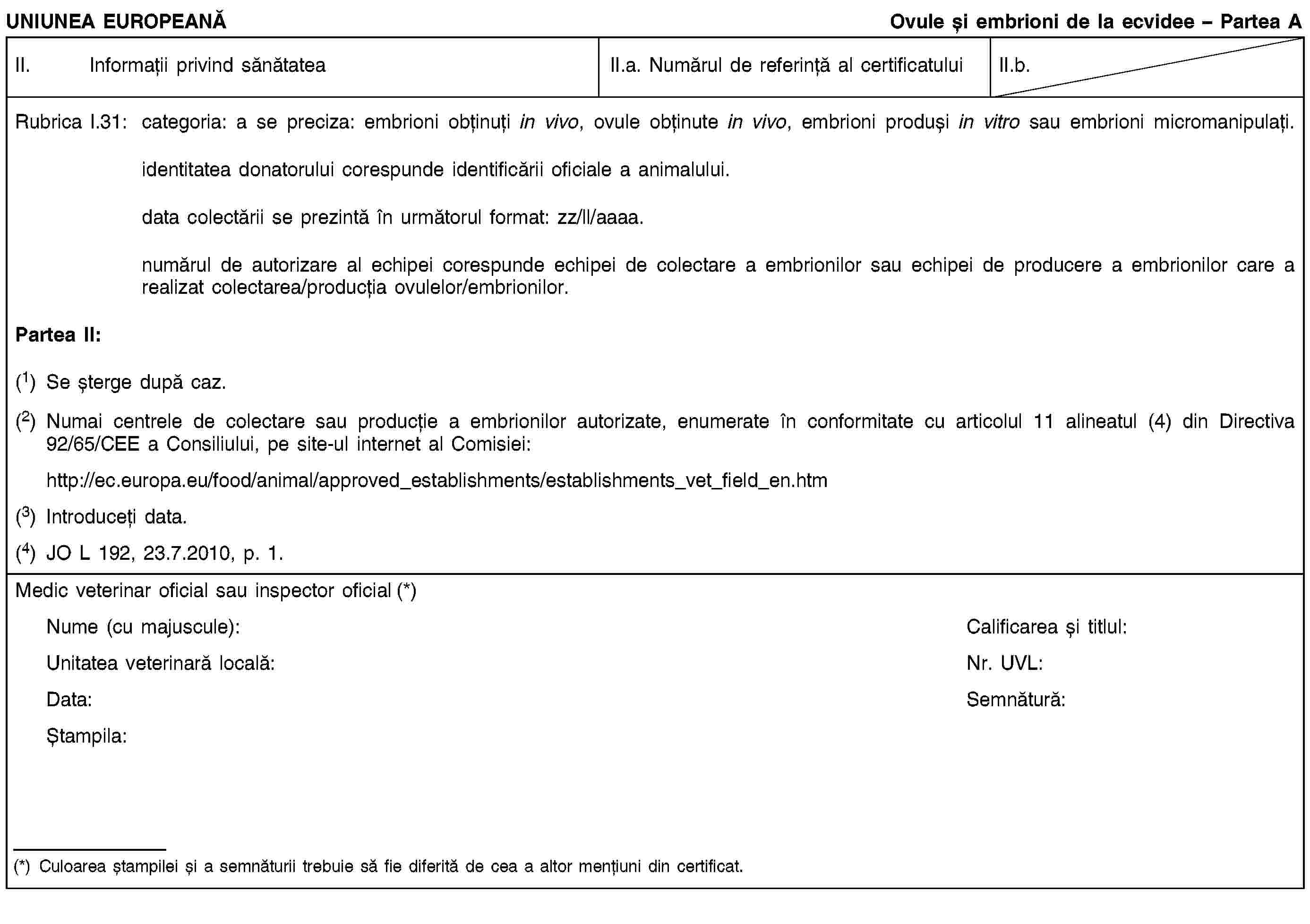 UNIUNEA EUROPEANĂOvule și embrioni de la ecvidee – Partea AII. Informații privind sănătateaII.a. Numărul de referință al certificatuluiII.b.Rubrica I.31: categoria: a se preciza: embrioni obținuți in vivo, ovule obținute in vivo, embrioni produși in vitro sau embrioni micromanipulați.identitatea donatorului corespunde identificării oficiale a animalului.data colectării se prezintă în următorul format: zz/ll/aaaa.numărul de autorizare al echipei corespunde echipei de colectare a embrionilor sau echipei de producere a embrionilor care a realizat colectarea/producția ovulelor/embrionilor.Partea II:(1) Se șterge după caz.(2) Numai centrele de colectare sau producție a embrionilor autorizate, enumerate în conformitate cu articolul 11 alineatul (4) din Directiva 92/65/CEE a Consiliului, pe site-ul internet al Comisiei:http://ec.europa.eu/food/animal/approved_establishments/establishments_vet_field_en.htm(3) Introduceți data.(4) JO L 192, 23.7.2010, p. 1.Medic veterinar oficial sau inspector oficial (*)Nume (cu majuscule):Calificarea și titlul:Unitatea veterinară locală:Nr. UVL:Data:Semnătură:Ștampila:(*) Culoarea ștampilei și a semnăturii trebuie să fie diferită de cea a altor mențiuni din certificat.