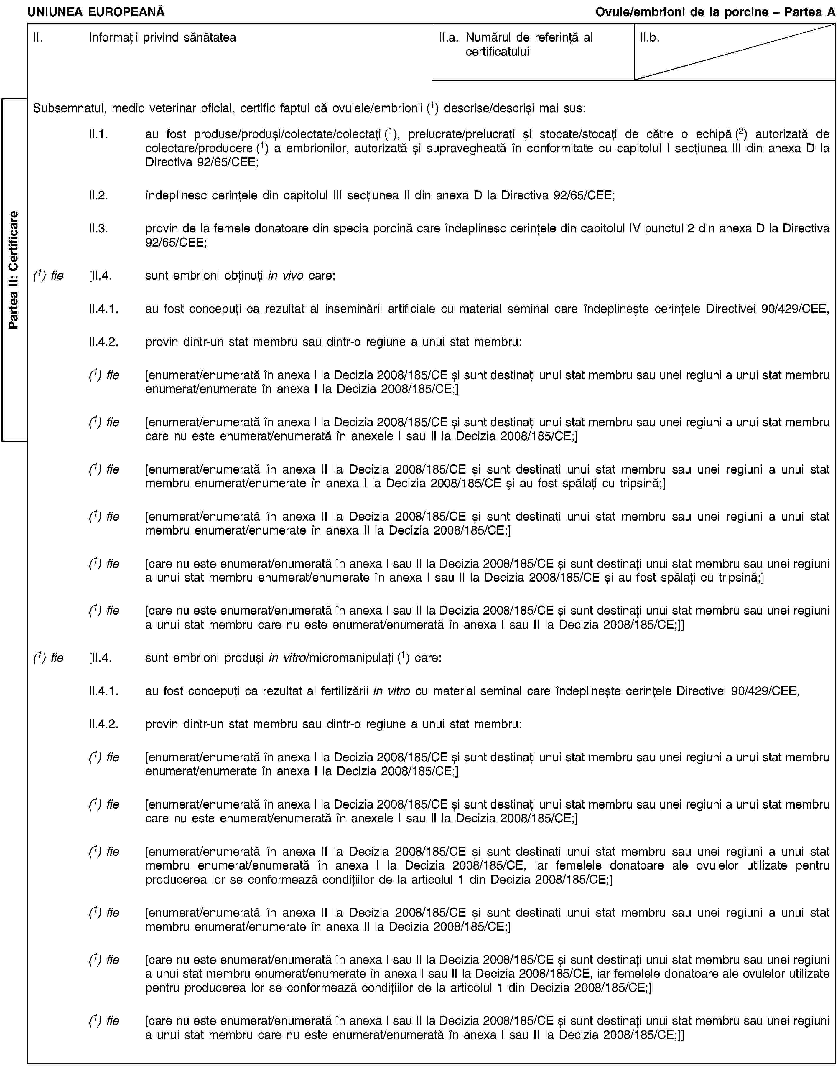 Partea II: CertificareUNIUNEA EUROPEANĂOvule/embrioni de la porcine – Partea AII. Informații privind sănătateaII.a. Numărul de referință al certificatuluiII.b.Subsemnatul, medic veterinar oficial, certific faptul că ovulele/embrionii (1) descrise/descriși mai sus:II.1. au fost produse/produși/colectate/colectați (1), prelucrate/prelucrați și stocate/stocați de către o echipă (2) autorizată de colectare/producere (1) a embrionilor, autorizată și supravegheată în conformitate cu capitolul I secțiunea III din anexa D la Directiva 92/65/CEE;II.2. îndeplinesc cerințele din capitolul III secțiunea II din anexa D la Directiva 92/65/CEE;II.3. provin de la femele donatoare din specia porcină care îndeplinesc cerințele din capitolul IV punctul 2 din anexa D la Directiva 92/65/CEE;(1) fie [II.4. sunt embrioni obținuți in vivo care:II.4.1. au fost concepuți ca rezultat al inseminării artificiale cu material seminal care îndeplinește cerințele Directivei 90/429/CEE,II.4.2. provin dintr-un stat membru sau dintr-o regiune a unui stat membru:(1) fie [enumerat/enumerată în anexa I la Decizia 2008/185/CE și sunt destinați unui stat membru sau unei regiuni a unui stat membru enumerat/enumerate în anexa I la Decizia 2008/185/CE;](1) fie [enumerat/enumerată în anexa I la Decizia 2008/185/CE și sunt destinați unui stat membru sau unei regiuni a unui stat membru care nu este enumerat/enumerată în anexele I sau II la Decizia 2008/185/CE;](1) fie [enumerat/enumerată în anexa II la Decizia 2008/185/CE și sunt destinați unui stat membru sau unei regiuni a unui stat membru enumerat/enumerate în anexa I la Decizia 2008/185/CE și au fost spălați cu tripsină;](1) fie [enumerat/enumerată în anexa II la Decizia 2008/185/CE și sunt destinați unui stat membru sau unei regiuni a unui stat membru enumerat/enumerate în anexa II la Decizia 2008/185/CE;](1) fie [care nu este enumerat/enumerată în anexa I sau II la Decizia 2008/185/CE și sunt destinați unui stat membru sau unei regiuni a unui stat membru enumerat/enumerate în anexa I sau II la Decizia 2008/185/CE și au fost spălați cu tripsină;](1) fie [care nu este enumerat/enumerată în anexa I sau II la Decizia 2008/185/CE și sunt destinați unui stat membru sau unei regiuni a unui stat membru care nu este enumerat/enumerată în anexa I sau II la Decizia 2008/185/CE;]](1) fie [II.4. sunt embrioni produși in vitro/micromanipulați (1) care:II.4.1. au fost concepuți ca rezultat al fertilizării in vitro cu material seminal care îndeplinește cerințele Directivei 90/429/CEE,II.4.2. provin dintr-un stat membru sau dintr-o regiune a unui stat membru:(1) fie [enumerat/enumerată în anexa I la Decizia 2008/185/CE și sunt destinați unui stat membru sau unei regiuni a unui stat membru enumerat/enumerate în anexa I la Decizia 2008/185/CE;](1) fie [enumerat/enumerată în anexa I la Decizia 2008/185/CE și sunt destinați unui stat membru sau unei regiuni a unui stat membru care nu este enumerat/enumerată în anexele I sau II la Decizia 2008/185/CE;](1) fie [enumerat/enumerată în anexa II la Decizia 2008/185/CE și sunt destinați unui stat membru sau unei regiuni a unui stat membru enumerat/enumerată în anexa I la Decizia 2008/185/CE, iar femelele donatoare ale ovulelor utilizate pentru producerea lor se conformează condițiilor de la articolul 1 din Decizia 2008/185/CE;](1) fie [enumerat/enumerată în anexa II la Decizia 2008/185/CE și sunt destinați unui stat membru sau unei regiuni a unui stat membru enumerat/enumerate în anexa II la Decizia 2008/185/CE;](1) fie [care nu este enumerat/enumerată în anexa I sau II la Decizia 2008/185/CE și sunt destinați unui stat membru sau unei regiuni a unui stat membru enumerat/enumerate în anexa I sau II la Decizia 2008/185/CE, iar femelele donatoare ale ovulelor utilizate pentru producerea lor se conformează condițiilor de la articolul 1 din Decizia 2008/185/CE;](1) fie [care nu este enumerat/enumerată în anexa I sau II la Decizia 2008/185/CE și sunt destinați unui stat membru sau unei regiuni a unui stat membru care nu este enumerat/enumerată în anexa I sau II la Decizia 2008/185/CE;]]