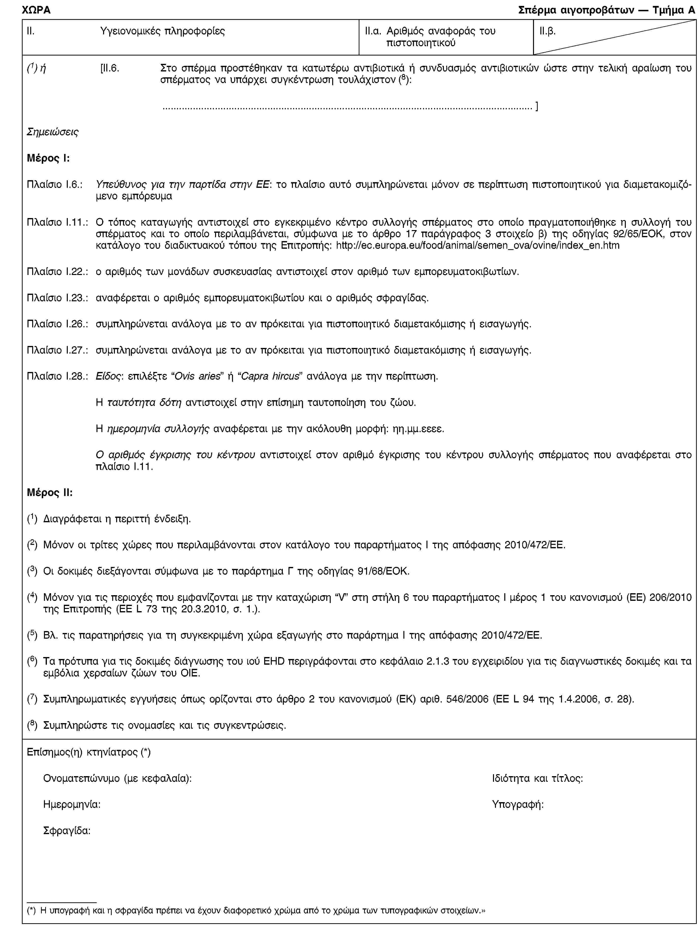 ΧΩΡΑΣπέρμα αιγοπροβάτων — Τμήμα ΑII. Υγειονομικές πληροφορίεςII.α. Αριθμός αναφοράς του πιστοποιητικούII.β.(1) ή [II.6. Στο σπέρμα προστέθηκαν τα κατωτέρω αντιβιοτικά ή συνδυασμός αντιβιοτικών ώστε στην τελική αραίωση του σπέρματος να υπάρχει συγκέντρωση τουλάχιστον (8):… ]ΣημειώσειςΜέρος Ι:Πλαίσιο Ι.6.: Υπεύθυνος για την παρτίδα στην ΕΕ: το πλαίσιο αυτό συμπληρώνεται μόνον σε περίπτωση πιστοποιητικού για διαμετακομιζόμενο εμπόρευμαΠλαίσιο Ι.11.: Ο τόπος καταγωγής αντιστοιχεί στο εγκεκριμένο κέντρο συλλογής σπέρματος στο οποίο πραγματοποιήθηκε η συλλογή του σπέρματος και το οποίο περιλαμβάνεται, σύμφωνα με το άρθρο 17 παράγραφος 3 στοιχείο β) της οδηγίας 92/65/ΕΟΚ, στον κατάλογο του διαδικτυακού τόπου της Επιτροπής: http://ec.europa.eu/food/animal/semen_ova/ovine/index_en.htmΠλαίσιο Ι.22.: ο αριθμός των μονάδων συσκευασίας αντιστοιχεί στον αριθμό των εμπορευματοκιβωτίων.Πλαίσιο Ι.23.: αναφέρεται ο αριθμός εμπορευματοκιβωτίου και ο αριθμός σφραγίδας.Πλαίσιο Ι.26.: συμπληρώνεται ανάλογα με το αν πρόκειται για πιστοποιητικό διαμετακόμισης ή εισαγωγής.Πλαίσιο Ι.27.: συμπληρώνεται ανάλογα με το αν πρόκειται για πιστοποιητικό διαμετακόμισης ή εισαγωγής.Πλαίσιο Ι.28.: Είδος: επιλέξτε “Ovis aries” ή “Capra hircus” ανάλογα με την περίπτωση.Η ταυτότητα δότη αντιστοιχεί στην επίσημη ταυτοποίηση του ζώου.Η ημερομηνία συλλογής αναφέρεται με την ακόλουθη μορφή: ηη.μμ.εεεε.Ο αριθμός έγκρισης του κέντρου αντιστοιχεί στον αριθμό έγκρισης του κέντρου συλλογής σπέρματος που αναφέρεται στο πλαίσιο Ι.11.Μέρος II:(1) Διαγράφεται η περιττή ένδειξη.(2) Μόνον οι τρίτες χώρες που περιλαμβάνονται στον κατάλογο του παραρτήματος Ι της απόφασης 2010/472/ΕΕ.(3) Οι δοκιμές διεξάγονται σύμφωνα με το παράρτημα Γ της οδηγίας 91/68/ΕΟΚ.(4) Μόνον για τις περιοχές που εμφανίζονται με την καταχώριση “V” στη στήλη 6 του παραρτήματος I μέρος 1 του κανονισμού (ΕΕ) 206/2010 της Επιτροπής (ΕΕ L 73 της 20.3.2010, σ. 1.).(5) Βλ. τις παρατηρήσεις για τη συγκεκριμένη χώρα εξαγωγής στο παράρτημα Ι της απόφασης 2010/472/ΕΕ.(6) Τα πρότυπα για τις δοκιμές διάγνωσης του ιού EHD περιγράφονται στο κεφάλαιο 2.1.3 του εγχειριδίου για τις διαγνωστικές δοκιμές και τα εμβόλια χερσαίων ζώων του OIE.(7) Συμπληρωματικές εγγυήσεις όπως ορίζονται στο άρθρο 2 του κανονισμού (ΕΚ) αριθ. 546/2006 (ΕΕ L 94 της 1.4.2006, σ. 28).(8) Συμπληρώστε τις ονομασίες και τις συγκεντρώσεις.Επίσημος(η) κτηνίατρος (*)Ονοματεπώνυμο (με κεφαλαία):Ιδιότητα και τίτλος:Ημερομηνία:Υπογραφή:Σφραγίδα:(*) Η υπογραφή και η σφραγίδα πρέπει να έχουν διαφορετικό χρώμα από το χρώμα των τυπογραφικών στοιχείων.