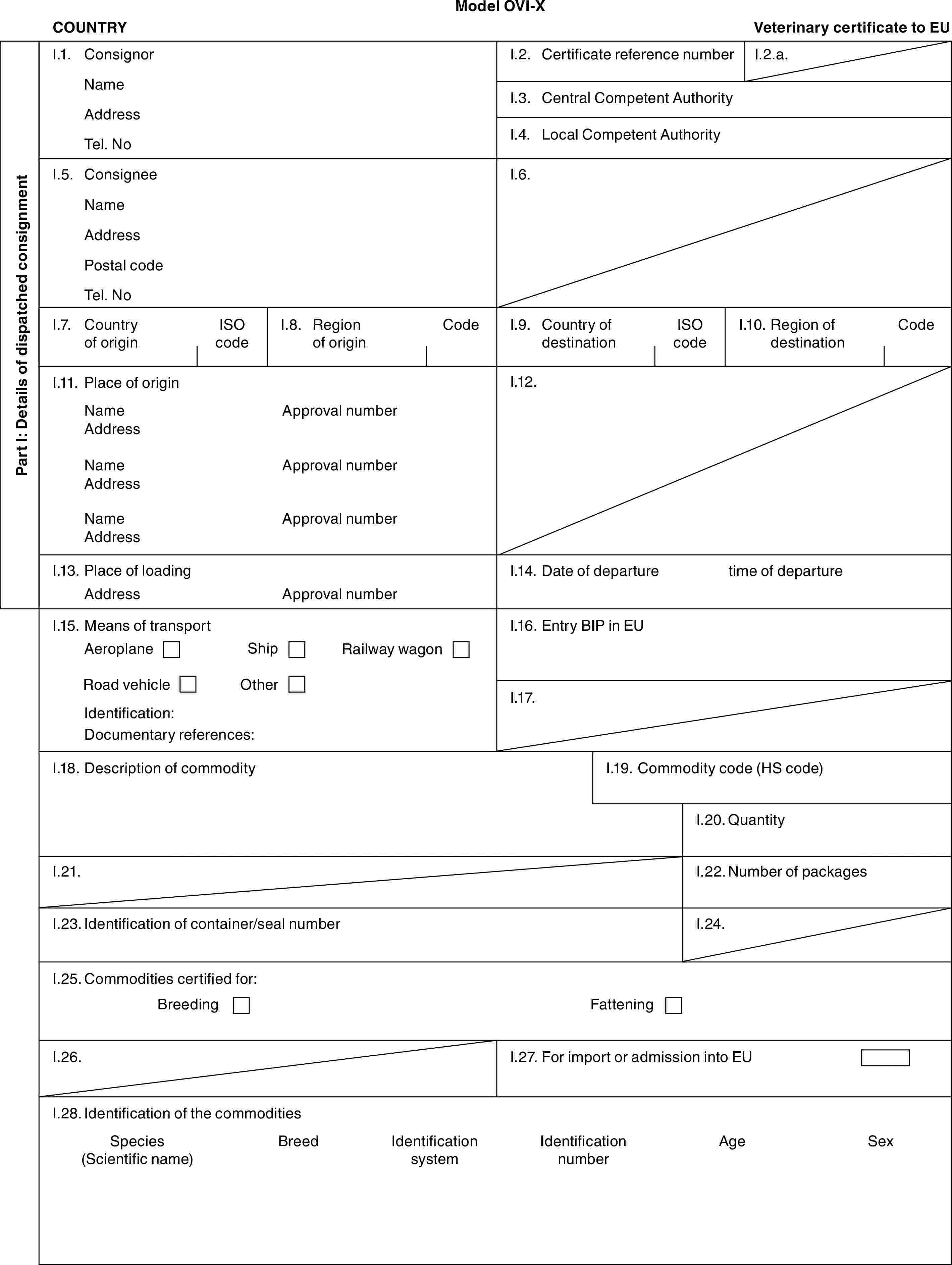 Model OVI-XCOUNTRYVeterinary certificate to EUPart I: Details of dispatched consignmentI.1. ConsignorNameAddressTel. NoI.2. Certificate reference numberI.2.a.I.3. Central Competent AuthorityI.4. Local Competent AuthorityI.5. ConsigneeNameAddressPostal codeTel. NoI.6.I.7. Country of originISO codeI.8. Region of originCodeI.9. Country of destinationISO codeI.10. Region of destinationCodeI.11. Place of originNameAddressNameAddressNameAddressApproval numberApproval numberApproval numberI.12.I.13. Place of loadingAddressApproval numberI.14. Date of departuretime of departureI.15. Means of transportAeroplaneShipRailway wagonRoad vehicleOtherIdentification:Documentary references:I.16. Entry BIP in EUI.17.I.18. Description of commodityI.19. Commodity code (HS code)I.20. QuantityI.21.I.22. Number of packagesI.23. Identification of container/seal numberI.24.I.25. Commodities certified for:BreedingFatteningI.26.I.27. For import or admission into EUI.28. Identification of the commoditiesSpecies (Scientific name)BreedIdentification systemIdentification numberAgeSex