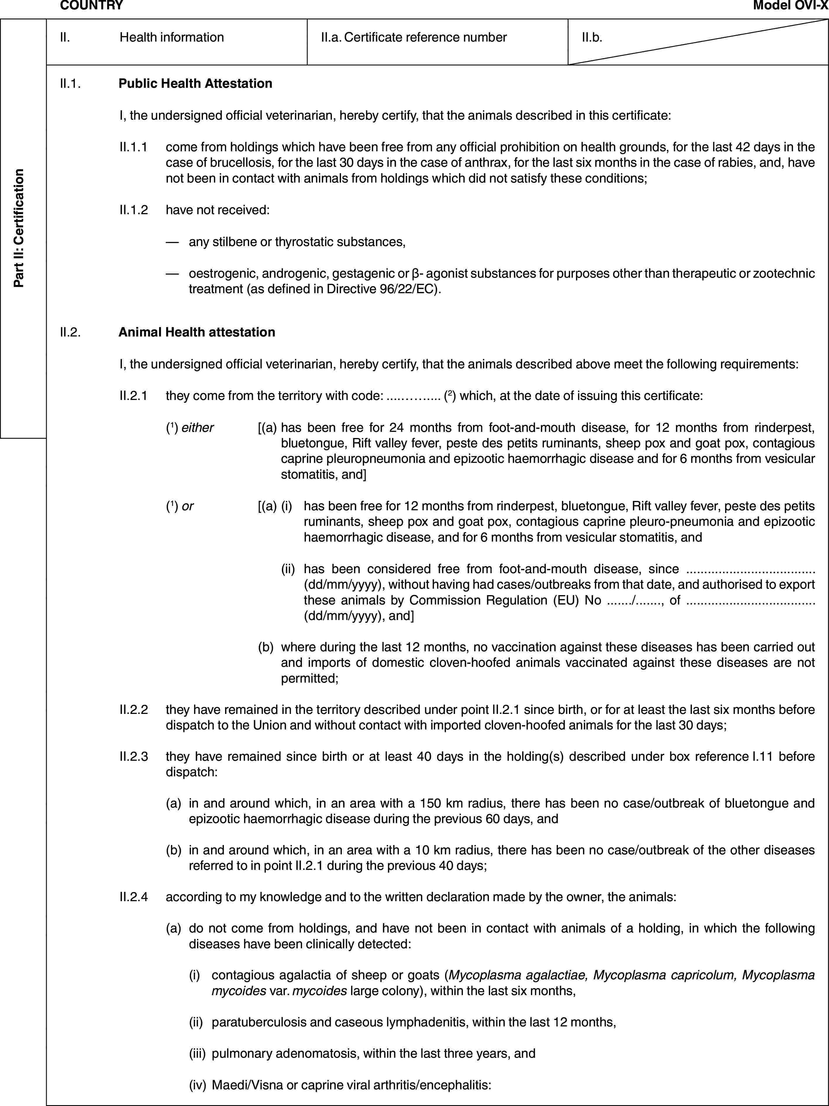 Part II: CertificationCOUNTRYModel OVI-XII. Health informationII.a. Certificate reference numberII.b.II.1. Public Health AttestationI, the undersigned official veterinarian, hereby certify, that the animals described in this certificate:II.1.1 come from holdings which have been free from any official prohibition on health grounds, for the last 42 days in the case of brucellosis, for the last 30 days in the case of anthrax, for the last six months in the case of rabies, and, have not been in contact with animals from holdings which did not satisfy these conditions;II.1.2 have not received:— any stilbene or thyrostatic substances,— oestrogenic, androgenic, gestagenic or β- agonist substances for purposes other than therapeutic or zootechnic treatment (as defined in Directive 96/22/EC).II.2. Animal Health attestationI, the undersigned official veterinarian, hereby certify, that the animals described above meet the following requirements:II.2.1 they come from the territory with code: … (2) which, at the date of issuing this certificate:(1) either [(a) has been free for 24 months from foot-and-mouth disease, for 12 months from rinderpest, bluetongue, Rift valley fever, peste des petits ruminants, sheep pox and goat pox, contagious caprine pleuropneumonia and epizootic haemorrhagic disease and for 6 months from vesicular stomatitis, and](1) or [(a) (i) has been free for 12 months from rinderpest, bluetongue, Rift valley fever, peste des petits ruminants, sheep pox and goat pox, contagious caprine pleuro-pneumonia and epizootic haemorrhagic disease, and for 6 months from vesicular stomatitis, and(ii) has been considered free from foot-and-mouth disease, since … (dd/mm/yyyy), without having had cases/outbreaks from that date, and authorised to export these animals by Commission Regulation (EU) No …/…, of … (dd/mm/yyyy), and](b) where during the last 12 months, no vaccination against these diseases has been carried out and imports of domestic cloven-hoofed animals vaccinated against these diseases are not permitted;II.2.2 they have remained in the territory described under point II.2.1 since birth, or for at least the last six months before dispatch to the Union and without contact with imported cloven-hoofed animals for the last 30 days;II.2.3 they have remained since birth or at least 40 days in the holding(s) described under box reference I.11 before dispatch:(a) in and around which, in an area with a 150 km radius, there has been no case/outbreak of bluetongue and epizootic haemorrhagic disease during the previous 60 days, and(b) in and around which, in an area with a 10 km radius, there has been no case/outbreak of the other diseases referred to in point II.2.1 during the previous 40 days;II.2.4 according to my knowledge and to the written declaration made by the owner, the animals:(a) do not come from holdings, and have not been in contact with animals of a holding, in which the following diseases have been clinically detected:(i) contagious agalactia of sheep or goats (Mycoplasma agalactiae, Mycoplasma capricolum, Mycoplasma mycoides var. mycoides large colony), within the last six months,(ii) paratuberculosis and caseous lymphadenitis, within the last 12 months,(iii) pulmonary adenomatosis, within the last three years, and(iv) Maedi/Visna or caprine viral arthritis/encephalitis: