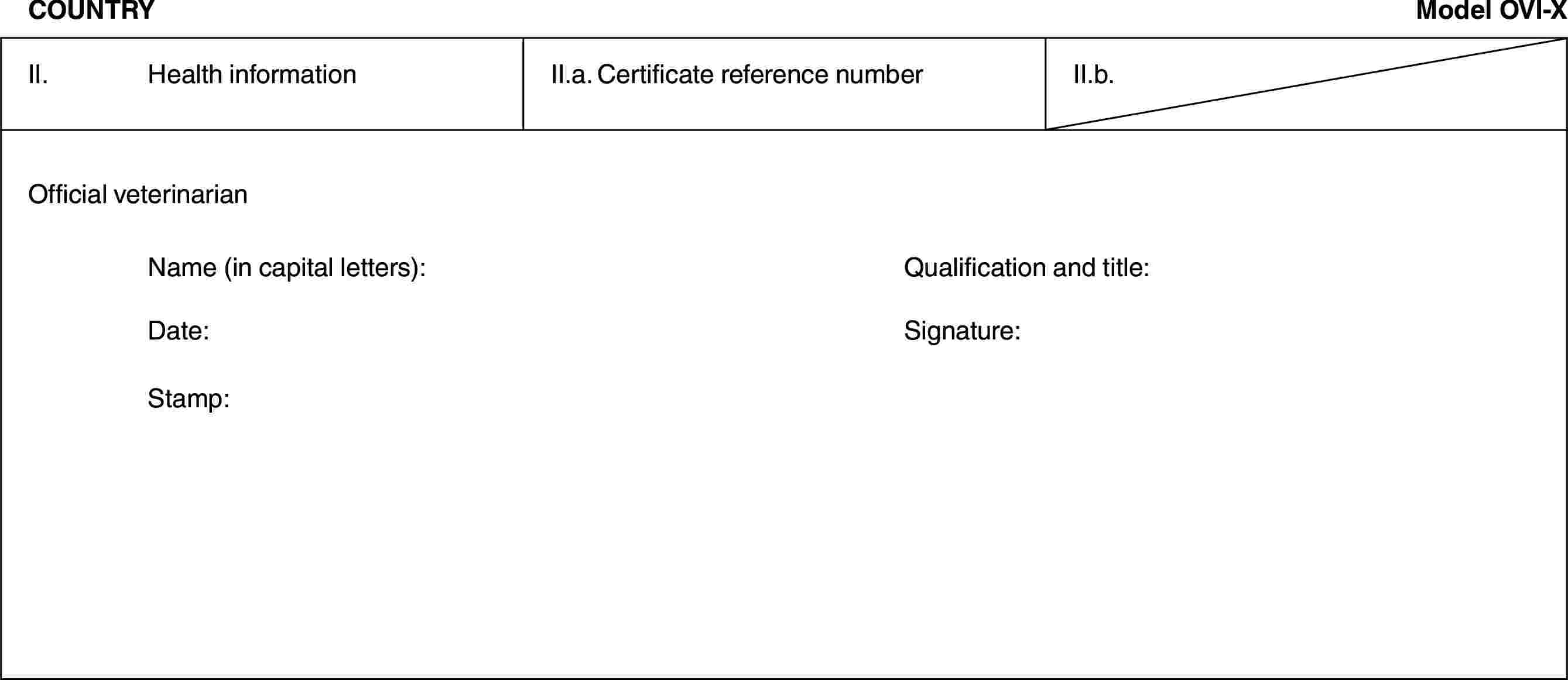 COUNTRYModel OVI-XII. Health informationII.a. Certificate reference numberII.b.Official veterinarianName (in capital letters): Qualification and title:Date: Signature:Stamp: