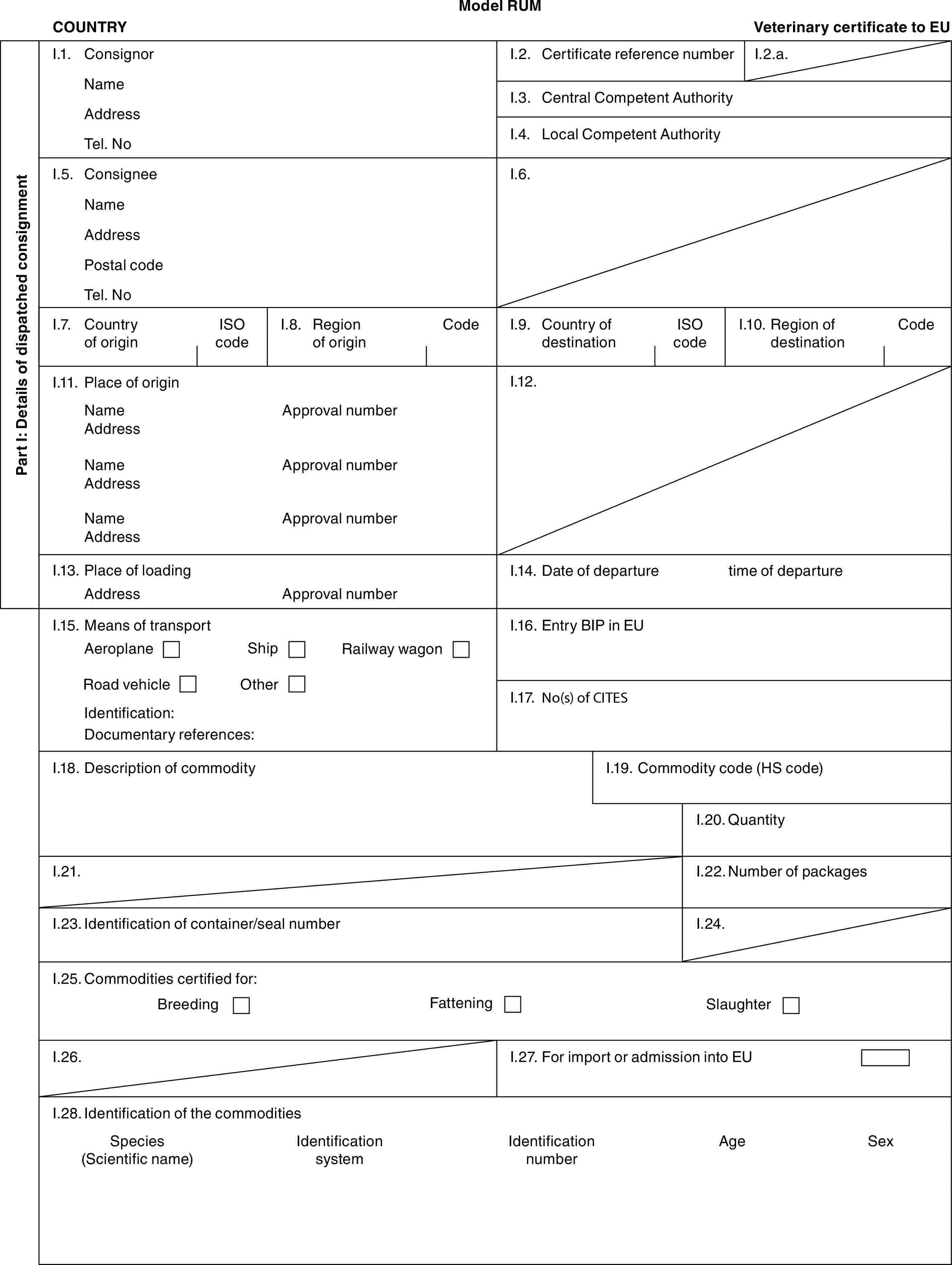 Model RUMCOUNTRYVeterinary certificate to EUPart I: Details of dispatched consignmentI.1. ConsignorNameAddressTel. NoI.2. Certificate reference numberI.2.a.I.3. Central Competent AuthorityI.4. Local Competent AuthorityI.5. ConsigneeNameAddressPostal codeTel. NoI.6.I.7. Country of originISO codeI.8. Region of originCodeI.9. Country of destinationISO codeI.10. Region of destinationCodeI.11. Place of originNameAddressNameAddressNameAddressApproval numberApproval numberApproval numberI.12.I.13. Place of loadingAddressApproval numberI.14. Date of departuretime of departureI.15. Means of transportAeroplaneShipRailway wagonRoad vehicleOtherIdentification:Documentary references:I.16. Entry BIP in EUI.17. No(s) of CITESI.18. Description of commodityI.19. Commodity code (HS code)I.20. QuantityI.21.I.22. Number of packagesI.23. Identification of container/seal numberI.24.I.25. Commodities certified for:BreedingFatteningSlaughterI.26.I.27. For import or admission into EUI.28. Identification of the commoditiesSpecies (Scientific name)Identification systemIdentification numberAgeSex