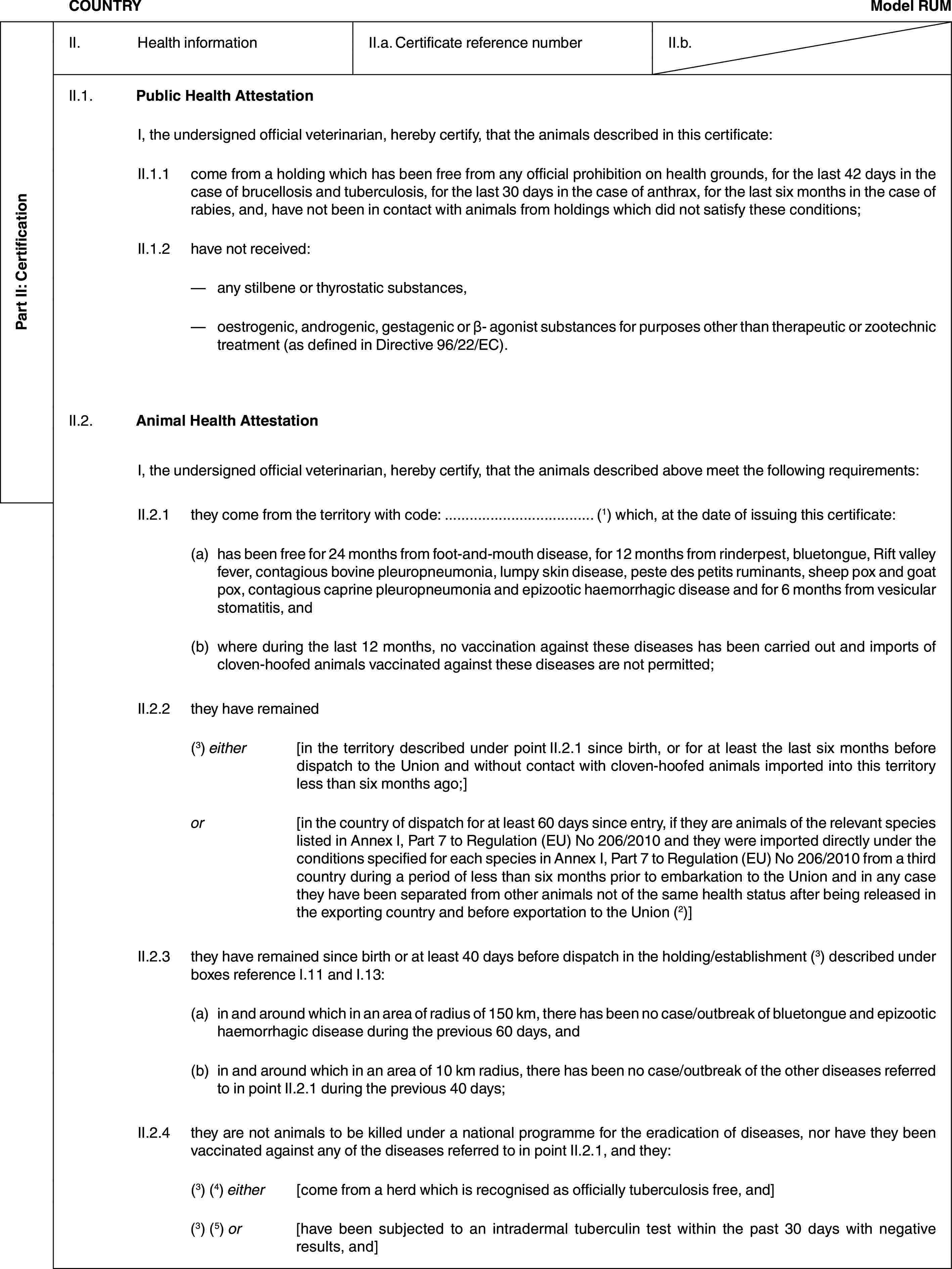 Part II: CertificationCOUNTRYModel RUMII. Health informationII.a. Certificate reference numberII.b.II.1. Public Health AttestationI, the undersigned official veterinarian, hereby certify, that the animals described in this certificate:II.1.1 come from a holding which has been free from any official prohibition on health grounds, for the last 42 days in the case of brucellosis and tuberculosis, for the last 30 days in the case of anthrax, for the last six months in the case of rabies, and, have not been in contact with animals from holdings which did not satisfy these conditions;II.1.2 have not received:— any stilbene or thyrostatic substances,— oestrogenic, androgenic, gestagenic or β- agonist substances for purposes other than therapeutic or zootechnic treatment (as defined in Directive 96/22/EC).II.2. Animal Health AttestationI, the undersigned official veterinarian, hereby certify, that the animals described above meet the following requirements:II.2.1 they come from the territory with code: … (1) which, at the date of issuing this certificate:(a) has been free for 24 months from foot-and-mouth disease, for 12 months from rinderpest, bluetongue, Rift valley fever, contagious bovine pleuropneumonia, lumpy skin disease, peste des petits ruminants, sheep pox and goat pox, contagious caprine pleuropneumonia and epizootic haemorrhagic disease and for 6 months from vesicular stomatitis, and(b) where during the last 12 months, no vaccination against these diseases has been carried out and imports of cloven-hoofed animals vaccinated against these diseases are not permitted;II.2.2 they have remained(3) either [in the territory described under point II.2.1 since birth, or for at least the last six months before dispatch to the Union and without contact with cloven-hoofed animals imported into this territory less than six months ago;]or [in the country of dispatch for at least 60 days since entry, if they are animals of the relevant species listed in Annex I, Part 7 to Regulation (EU) No 206/2010 and they were imported directly under the conditions specified for each species in Annex I, Part 7 to Regulation (EU) No 206/2010 from a third country during a period of less than six months prior to embarkation to the Union and in any case they have been separated from other animals not of the same health status after being released in the exporting country and before exportation to the Union (2)]II.2.3 they have remained since birth or at least 40 days before dispatch in the holding/establishment (3) described under boxes reference I.11 and I.13:(a) in and around which in an area of radius of 150 km, there has been no case/outbreak of bluetongue and epizootic haemorrhagic disease during the previous 60 days, and(b) in and around which in an area of 10 km radius, there has been no case/outbreak of the other diseases referred to in point II.2.1 during the previous 40 days;II.2.4 they are not animals to be killed under a national programme for the eradication of diseases, nor have they been vaccinated against any of the diseases referred to in point II.2.1, and they:(3) (4) either [come from a herd which is recognised as officially tuberculosis free, and](3) (5) or [have been subjected to an intradermal tuberculin test within the past 30 days with negative results, and]