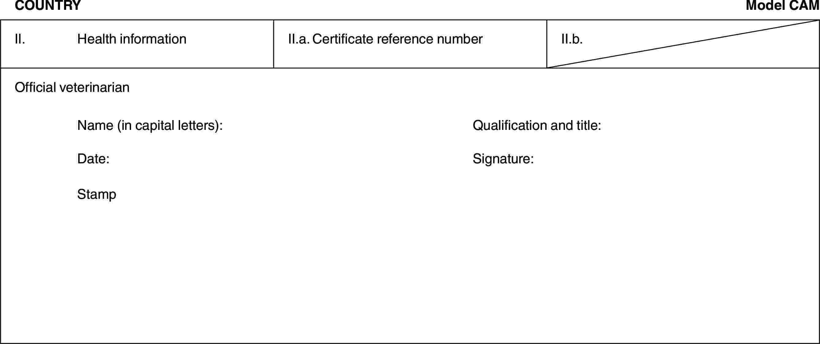 COUNTRYModel CAMII. Health informationII.a. Certificate reference numberII.b.Official veterinarianName (in capital letters): Qualification and title:Date: Signature:Stamp