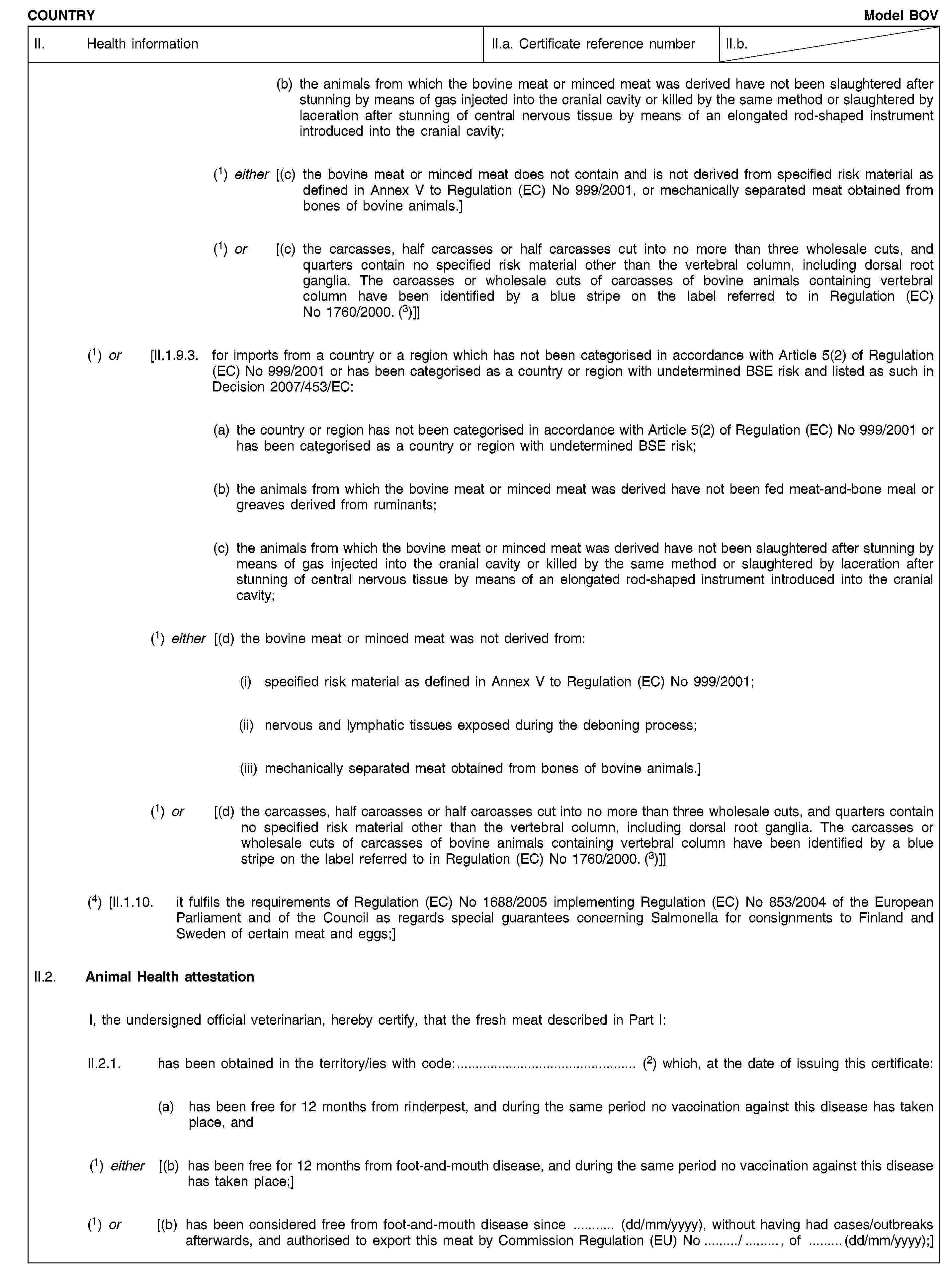 COUNTRYModel BOVII. Health informationII.a. Certificate reference numberII.b.(b) the animals from which the bovine meat or minced meat was derived have not been slaughtered after stunning by means of gas injected into the cranial cavity or killed by the same method or slaughtered by laceration after stunning of central nervous tissue by means of an elongated rod-shaped instrument introduced into the cranial cavity;(1) either [(c) the bovine meat or minced meat does not contain and is not derived from specified risk material as defined in Annex V to Regulation (EC) No 999/2001, or mechanically separated meat obtained from bones of bovine animals.](1) or [(c) the carcasses, half carcasses or half carcasses cut into no more than three wholesale cuts, and quarters contain no specified risk material other than the vertebral column, including dorsal root ganglia. The carcasses or wholesale cuts of carcasses of bovine animals containing vertebral column have been identified by a blue stripe on the label referred to in Regulation (EC) No 1760/2000. (3)]](1) or [II.1.9.3. for imports from a country or a region which has not been categorised in accordance with Article 5(2) of Regulation (EC) No 999/2001 or has been categorised as a country or region with undetermined BSE risk and listed as such in Decision 2007/453/EC:(a) the country or region has not been categorised in accordance with Article 5(2) of Regulation (EC) No 999/2001 or has been categorised as a country or region with undetermined BSE risk;(b) the animals from which the bovine meat or minced meat was derived have not been fed meat-and-bone meal or greaves derived from ruminants;(c) the animals from which the bovine meat or minced meat was derived have not been slaughtered after stunning by means of gas injected into the cranial cavity or killed by the same method or slaughtered by laceration after stunning of central nervous tissue by means of an elongated rod-shaped instrument introduced into the cranial cavity;(1) either [(d) the bovine meat or minced meat was not derived from:(i) specified risk material as defined in Annex V to Regulation (EC) No 999/2001;(ii) nervous and lymphatic tissues exposed during the deboning process;(iii) mechanically separated meat obtained from bones of bovine animals.](1) or [(d) the carcasses, half carcasses or half carcasses cut into no more than three wholesale cuts, and quarters contain no specified risk material other than the vertebral column, including dorsal root ganglia. The carcasses or wholesale cuts of carcasses of bovine animals containing vertebral column have been identified by a blue stripe on the label referred to in Regulation (EC) No 1760/2000. (3)]](4) [II.1.10. it fulfils the requirements of Regulation (EC) No 1688/2005 implementing Regulation (EC) No 853/2004 of the European Parliament and of the Council as regards special guarantees concerning Salmonella for consignments to Finland and Sweden of certain meat and eggs;]II.2. Animal Health attestationI, the undersigned official veterinarian, hereby certify, that the fresh meat described in Part I:II.2.1. has been obtained in the territory/ies with code:… (2) which, at the date of issuing this certificate:(a) has been free for 12 months from rinderpest, and during the same period no vaccination against this disease has taken place, and(1) either [(b) has been free for 12 months from foot-and-mouth disease, and during the same period no vaccination against this disease has taken place;](1) or [(b) has been considered free from foot-and-mouth disease since … (dd/mm/yyyy), without having had cases/outbreaks afterwards, and authorised to export this meat by Commission Regulation (EU) No…/…, of …(dd/mm/yyyy);]