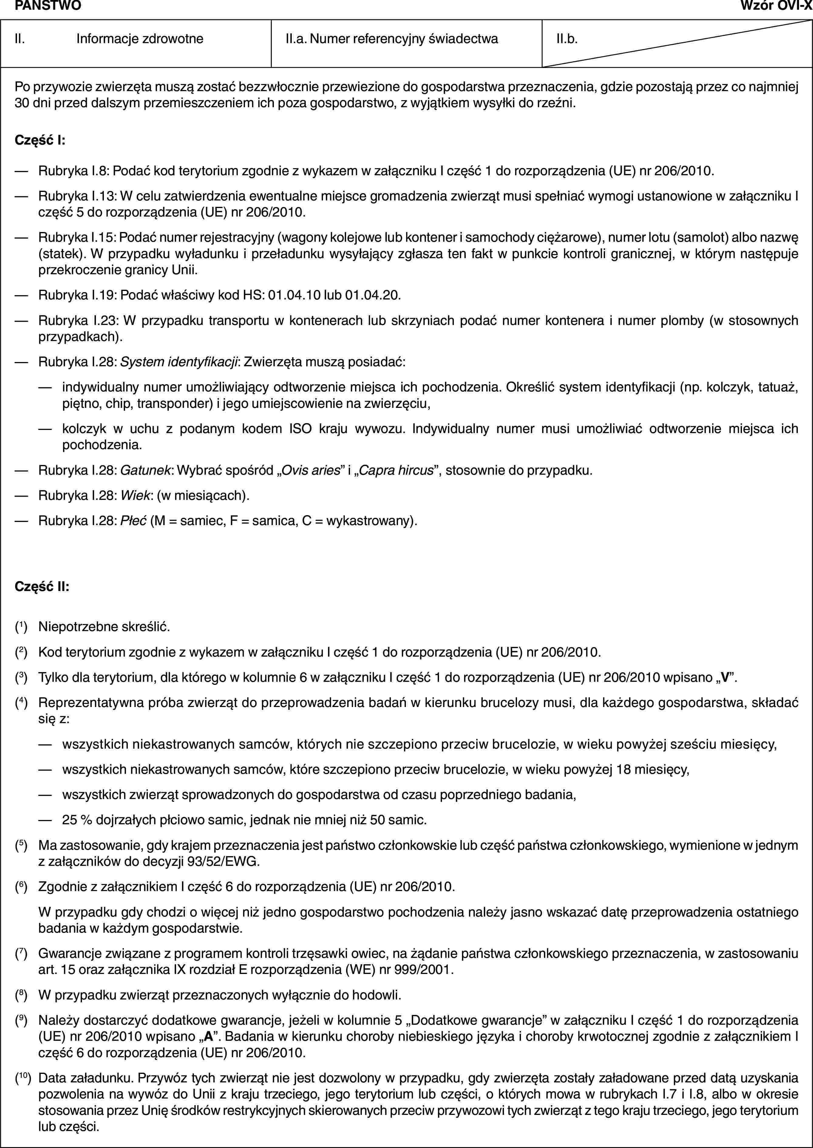 PAŃSTWOWzór OVI-XII. Informacje zdrowotneII.a. Numer referencyjny świadectwaII.b.Po przywozie zwierzęta muszą zostać bezzwłocznie przewiezione do gospodarstwa przeznaczenia, gdzie pozostają przez co najmniej 30 dni przed dalszym przemieszczeniem ich poza gospodarstwo, z wyjątkiem wysyłki do rzeźni.Część I:— Rubryka I.8: Podać kod terytorium zgodnie z wykazem w załączniku I część 1 do rozporządzenia (UE) nr 206/2010.— Rubryka I.13: W celu zatwierdzenia ewentualne miejsce gromadzenia zwierząt musi spełniać wymogi ustanowione w załączniku I część 5 do rozporządzenia (UE) nr 206/2010.— Rubryka I.15: Podać numer rejestracyjny (wagony kolejowe lub kontener i samochody ciężarowe), numer lotu (samolot) albo nazwę (statek). W przypadku wyładunku i przeładunku wysyłający zgłasza ten fakt w punkcie kontroli granicznej, w którym następuje przekroczenie granicy Unii.— Rubryka I.19: Podać właściwy kod HS: 01.04.10 lub 01.04.20.— Rubryka I.23: W przypadku transportu w kontenerach lub skrzyniach podać numer kontenera i numer plomby (w stosownych przypadkach).— Rubryka I.28: System identyfikacji: Zwierzęta muszą posiadać:— indywidualny numer umożliwiający odtworzenie miejsca ich pochodzenia. Określić system identyfikacji (np. kolczyk, tatuaż, piętno, chip, transponder) i jego umiejscowienie na zwierzęciu,— kolczyk w uchu z podanym kodem ISO kraju wywozu. Indywidualny numer musi umożliwiać odtworzenie miejsca ich pochodzenia.— Rubryka I.28: Gatunek: Wybrać spośród „Ovis aries” i „Capra hircus”, stosownie do przypadku.— Rubryka I.28: Wiek: (w miesiącach).— Rubryka I.28: Płeć (M = samiec, F = samica, C = wykastrowany).Część II:(1) Niepotrzebne skreślić.(2) Kod terytorium zgodnie z wykazem w załączniku I część 1 do rozporządzenia (UE) nr 206/2010.(3) Tylko dla terytorium, dla którego w kolumnie 6 w załączniku I część 1 do rozporządzenia (UE) nr 206/2010 wpisano „V”.(4) Reprezentatywna próba zwierząt do przeprowadzenia badań w kierunku brucelozy musi, dla każdego gospodarstwa, składać się z:— wszystkich niekastrowanych samców, których nie szczepiono przeciw brucelozie, w wieku powyżej sześciu miesięcy,— wszystkich niekastrowanych samców, które szczepiono przeciw brucelozie, w wieku powyżej 18 miesięcy,— wszystkich zwierząt sprowadzonych do gospodarstwa od czasu poprzedniego badania,— 25 % dojrzałych płciowo samic, jednak nie mniej niż 50 samic.(5) Ma zastosowanie, gdy krajem przeznaczenia jest państwo członkowskie lub część państwa członkowskiego, wymienione w jednym z załączników do decyzji 93/52/EWG.(6) Zgodnie z załącznikiem I część 6 do rozporządzenia (UE) nr 206/2010.W przypadku gdy chodzi o więcej niż jedno gospodarstwo pochodzenia należy jasno wskazać datę przeprowadzenia ostatniego badania w każdym gospodarstwie.(7) Gwarancje związane z programem kontroli trzęsawki owiec, na żądanie państwa członkowskiego przeznaczenia, w zastosowaniu art. 15 oraz załącznika IX rozdział E rozporządzenia (WE) nr 999/2001.(8) W przypadku zwierząt przeznaczonych wyłącznie do hodowli.(9) Należy dostarczyć dodatkowe gwarancje, jeżeli w kolumnie 5 „Dodatkowe gwarancje” w załączniku I część 1 do rozporządzenia (UE) nr 206/2010 wpisano „A”. Badania w kierunku choroby niebieskiego języka i choroby krwotocznej zgodnie z załącznikiem I część 6 do rozporządzenia (UE) nr 206/2010.(10) Data załadunku. Przywóz tych zwierząt nie jest dozwolony w przypadku, gdy zwierzęta zostały załadowane przed datą uzyskania pozwolenia na wywóz do Unii z kraju trzeciego, jego terytorium lub części, o których mowa w rubrykach I.7 i I.8, albo w okresie stosowania przez Unię środków restrykcyjnych skierowanych przeciw przywozowi tych zwierząt z tego kraju trzeciego, jego terytorium lub części.