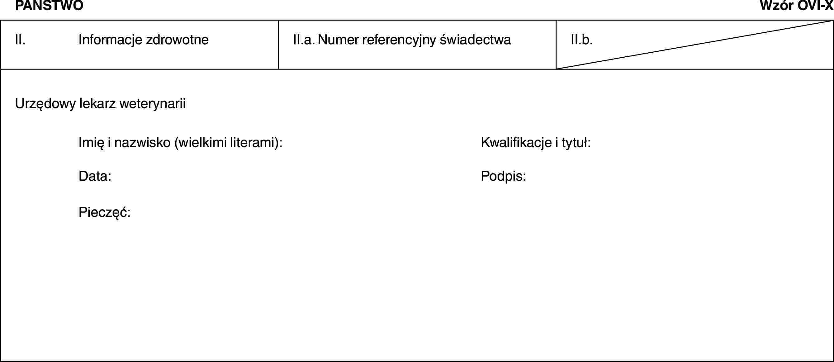 PAŃSTWOWzór OVI-XII. Informacje zdrowotneII.a. Numer referencyjny świadectwaII.b.Urzędowy lekarz weterynariiImię i nazwisko (wielkimi literami): Kwalifikacje i tytuł:Data: Podpis:Pieczęć: