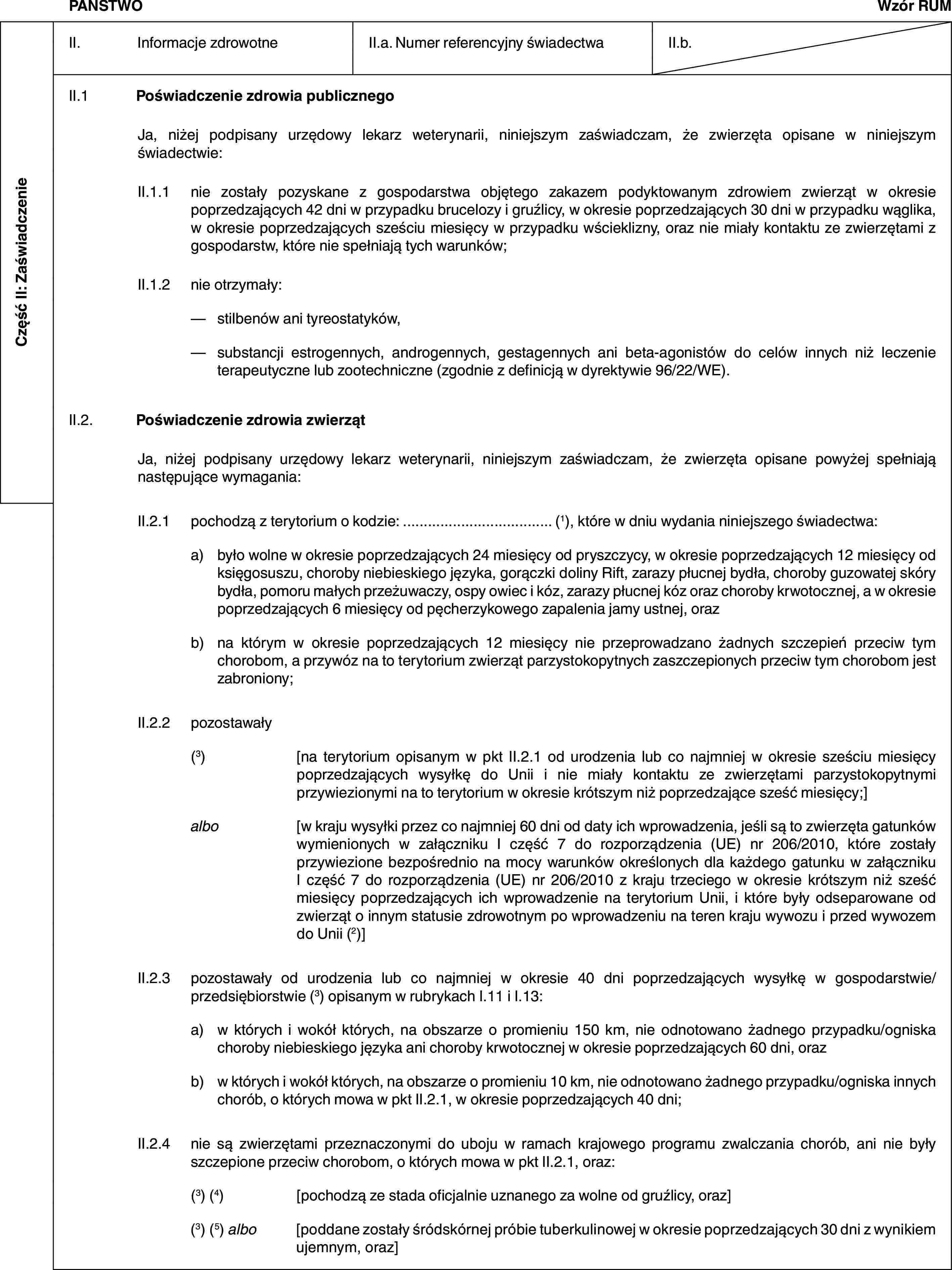 Część II: ZaświadczeniePAŃSTWOWzór RUMII. Informacje zdrowotneII.a. Numer referencyjny świadectwaII.b.II.1 Poświadczenie zdrowia publicznegoJa, niżej podpisany urzędowy lekarz weterynarii, niniejszym zaświadczam, że zwierzęta opisane w niniejszym świadectwie:II.1.1 nie zostały pozyskane z gospodarstwa objętego zakazem podyktowanym zdrowiem zwierząt w okresie poprzedzających 42 dni w przypadku brucelozy i gruźlicy, w okresie poprzedzających 30 dni w przypadku wąglika, w okresie poprzedzających sześciu miesięcy w przypadku wścieklizny, oraz nie miały kontaktu ze zwierzętami z gospodarstw, które nie spełniają tych warunków;II.1.2 nie otrzymały:— stilbenów ani tyreostatyków,— substancji estrogennych, androgennych, gestagennych ani beta-agonistów do celów innych niż leczenie terapeutyczne lub zootechniczne (zgodnie z definicją w dyrektywie 96/22/WE).II.2. Poświadczenie zdrowia zwierzątJa, niżej podpisany urzędowy lekarz weterynarii, niniejszym zaświadczam, że zwierzęta opisane powyżej spełniają następujące wymagania:II.2.1 pochodzą z terytorium o kodzie: … (1), które w dniu wydania niniejszego świadectwa:a) było wolne w okresie poprzedzających 24 miesięcy od pryszczycy, w okresie poprzedzających 12 miesięcy od księgosuszu, choroby niebieskiego języka, gorączki doliny Rift, zarazy płucnej bydła, choroby guzowatej skóry bydła, pomoru małych przeżuwaczy, ospy owiec i kóz, zarazy płucnej kóz oraz choroby krwotocznej, a w okresie poprzedzających 6 miesięcy od pęcherzykowego zapalenia jamy ustnej, orazb) na którym w okresie poprzedzających 12 miesięcy nie przeprowadzano żadnych szczepień przeciw tym chorobom, a przywóz na to terytorium zwierząt parzystokopytnych zaszczepionych przeciw tym chorobom jest zabroniony;II.2.2 pozostawały(3) [na terytorium opisanym w pkt II.2.1 od urodzenia lub co najmniej w okresie sześciu miesięcy poprzedzających wysyłkę do Unii i nie miały kontaktu ze zwierzętami parzystokopytnymi przywiezionymi na to terytorium w okresie krótszym niż poprzedzające sześć miesięcy;]albo [w kraju wysyłki przez co najmniej 60 dni od daty ich wprowadzenia, jeśli są to zwierzęta gatunków wymienionych w załączniku I część 7 do rozporządzenia (UE) nr 206/2010, które zostały przywiezione bezpośrednio na mocy warunków określonych dla każdego gatunku w załączniku I część 7 do rozporządzenia (UE) nr 206/2010 z kraju trzeciego w okresie krótszym niż sześć miesięcy poprzedzających ich wprowadzenie na terytorium Unii, i które były odseparowane od zwierząt o innym statusie zdrowotnym po wprowadzeniu na teren kraju wywozu i przed wywozem do Unii (2)]II.2.3 pozostawały od urodzenia lub co najmniej w okresie 40 dni poprzedzających wysyłkę w gospodarstwie/przedsiębiorstwie (3) opisanym w rubrykach I.11 i I.13:a) w których i wokół których, na obszarze o promieniu 150 km, nie odnotowano żadnego przypadku/ogniska choroby niebieskiego języka ani choroby krwotocznej w okresie poprzedzających 60 dni, orazb) w których i wokół których, na obszarze o promieniu 10 km, nie odnotowano żadnego przypadku/ogniska innych chorób, o których mowa w pkt II.2.1, w okresie poprzedzających 40 dni;II.2.4 nie są zwierzętami przeznaczonymi do uboju w ramach krajowego programu zwalczania chorób, ani nie były szczepione przeciw chorobom, o których mowa w pkt II.2.1, oraz:(3) (4) [pochodzą ze stada oficjalnie uznanego za wolne od gruźlicy, oraz](3) (5) albo [poddane zostały śródskórnej próbie tuberkulinowej w okresie poprzedzających 30 dni z wynikiem ujemnym, oraz]