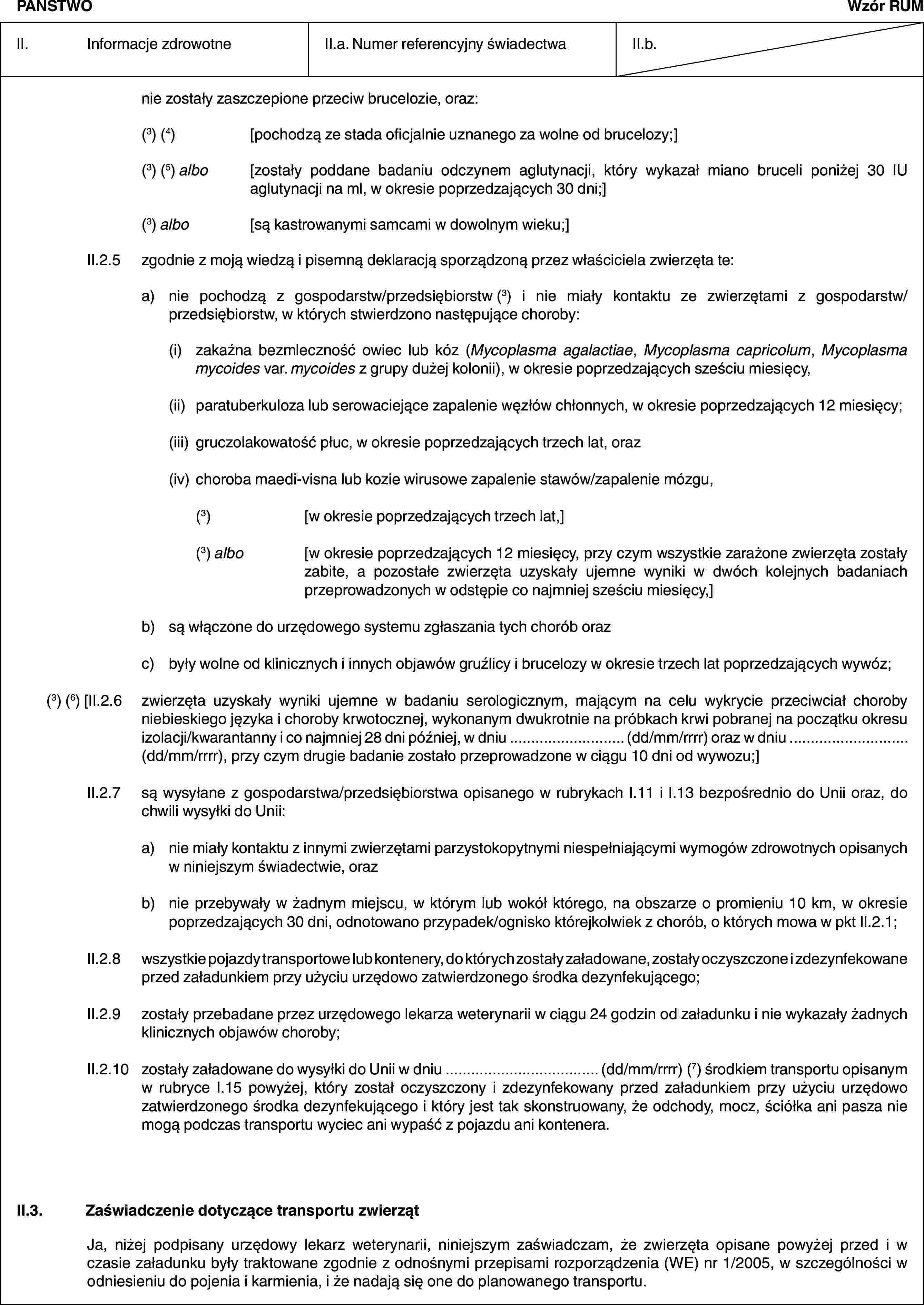 PAŃSTWOWzór RUMII. Informacje zdrowotneII.a. Numer referencyjny świadectwaII.b.nie zostały zaszczepione przeciw brucelozie, oraz:(3) (4) [pochodzą ze stada oficjalnie uznanego za wolne od brucelozy;](3) (5) albo [zostały poddane badaniu odczynem aglutynacji, który wykazał miano bruceli poniżej 30 IU aglutynacji na ml, w okresie poprzedzających 30 dni;](3) albo [są kastrowanymi samcami w dowolnym wieku;]II.2.5 zgodnie z moją wiedzą i pisemną deklaracją sporządzoną przez właściciela zwierzęta te:a) nie pochodzą z gospodarstw/przedsiębiorstw (3) i nie miały kontaktu ze zwierzętami z gospodarstw/przedsiębiorstw, w których stwierdzono następujące choroby:(i) zakaźna bezmleczność owiec lub kóz (Mycoplasma agalactiae, Mycoplasma capricolum, Mycoplasma mycoides var. mycoides z grupy dużej kolonii), w okresie poprzedzających sześciu miesięcy,(ii) paratuberkuloza lub serowaciejące zapalenie węzłów chłonnych, w okresie poprzedzających 12 miesięcy;(iii) gruczolakowatość płuc, w okresie poprzedzających trzech lat, oraz(iv) choroba maedi-visna lub kozie wirusowe zapalenie stawów/zapalenie mózgu,(3) [w okresie poprzedzających trzech lat,](3) albo [w okresie poprzedzających 12 miesięcy, przy czym wszystkie zarażone zwierzęta zostały zabite, a pozostałe zwierzęta uzyskały ujemne wyniki w dwóch kolejnych badaniach przeprowadzonych w odstępie co najmniej sześciu miesięcy,]b) są włączone do urzędowego systemu zgłaszania tych chorób orazc) były wolne od klinicznych i innych objawów gruźlicy i brucelozy w okresie trzech lat poprzedzających wywóz;(3) (6) [II.2.6 zwierzęta uzyskały wyniki ujemne w badaniu serologicznym, mającym na celu wykrycie przeciwciał choroby niebieskiego języka i choroby krwotocznej, wykonanym dwukrotnie na próbkach krwi pobranej na początku okresu izolacji/kwarantanny i co najmniej 28 dni później, w dniu … (dd/mm/rrrr) oraz w dniu … (dd/mm/rrrr), przy czym drugie badanie zostało przeprowadzone w ciągu 10 dni od wywozu;]II.2.7 są wysyłane z gospodarstwa/przedsiębiorstwa opisanego w rubrykach I.11 i I.13 bezpośrednio do Unii oraz, do chwili wysyłki do Unii:a) nie miały kontaktu z innymi zwierzętami parzystokopytnymi niespełniającymi wymogów zdrowotnych opisanych w niniejszym świadectwie, orazb) nie przebywały w żadnym miejscu, w którym lub wokół którego, na obszarze o promieniu 10 km, w okresie poprzedzających 30 dni, odnotowano przypadek/ognisko którejkolwiek z chorób, o których mowa w pkt II.2.1;II.2.8 wszystkie pojazdy transportowe lub kontenery, do których zostały załadowane, zostały oczyszczone i zdezynfekowane przed załadunkiem przy użyciu urzędowo zatwierdzonego środka dezynfekującego;II.2.9 zostały przebadane przez urzędowego lekarza weterynarii w ciągu 24 godzin od załadunku i nie wykazały żadnych klinicznych objawów choroby;II.2.10 zostały załadowane do wysyłki do Unii w dniu … (dd/mm/rrrr) (7) środkiem transportu opisanym w rubryce I.15 powyżej, który został oczyszczony i zdezynfekowany przed załadunkiem przy użyciu urzędowo zatwierdzonego środka dezynfekującego i który jest tak skonstruowany, że odchody, mocz, ściółka ani pasza nie mogą podczas transportu wyciec ani wypaść z pojazdu ani kontenera.II.3. Zaświadczenie dotyczące transportu zwierzątJa, niżej podpisany urzędowy lekarz weterynarii, niniejszym zaświadczam, że zwierzęta opisane powyżej przed i w czasie załadunku były traktowane zgodnie z odnośnymi przepisami rozporządzenia (WE) nr 1/2005, w szczególności w odniesieniu do pojenia i karmienia, i że nadają się one do planowanego transportu.