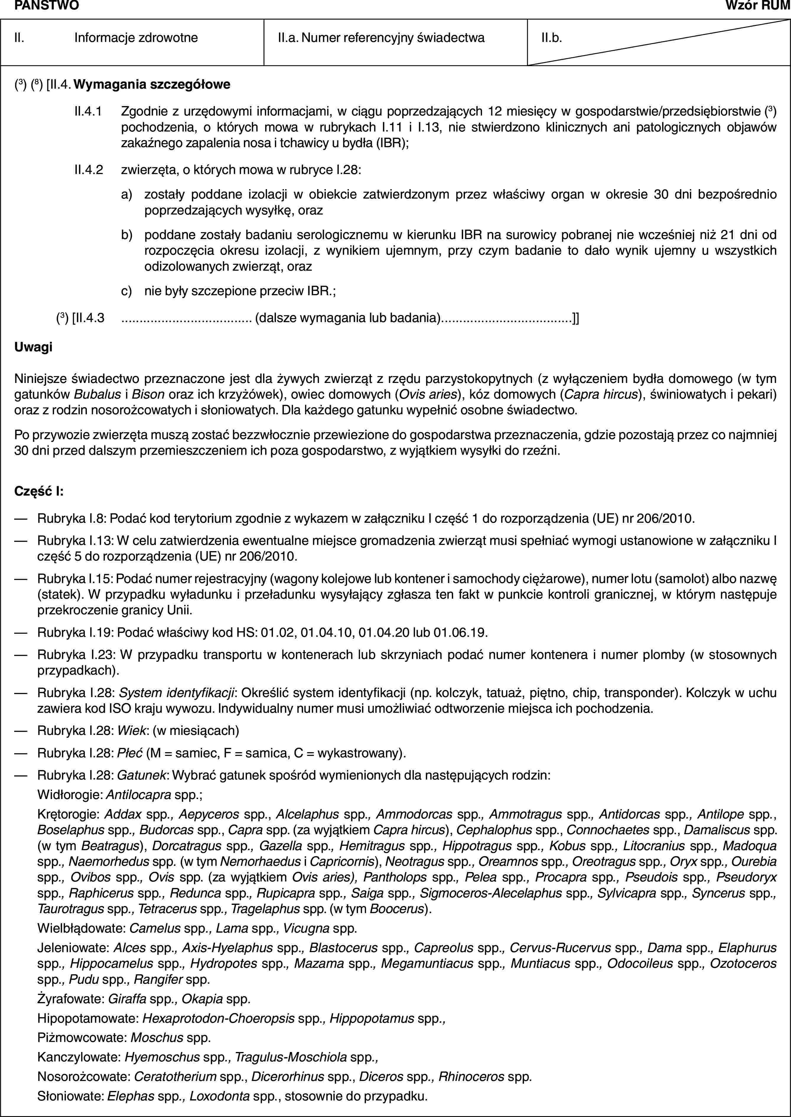 PAŃSTWOWzór RUMII. Informacje zdrowotneII.a. Numer referencyjny świadectwaII.b.(3) (8) [II.4. Wymagania szczegółoweII.4.1 Zgodnie z urzędowymi informacjami, w ciągu poprzedzających 12 miesięcy w gospodarstwie/przedsiębiorstwie (3) pochodzenia, o których mowa w rubrykach I.11 i I.13, nie stwierdzono klinicznych ani patologicznych objawów zakaźnego zapalenia nosa i tchawicy u bydła (IBR);II.4.2 zwierzęta, o których mowa w rubryce I.28:a) zostały poddane izolacji w obiekcie zatwierdzonym przez właściwy organ w okresie 30 dni bezpośrednio poprzedzających wysyłkę, orazb) poddane zostały badaniu serologicznemu w kierunku IBR na surowicy pobranej nie wcześniej niż 21 dni od rozpoczęcia okresu izolacji, z wynikiem ujemnym, przy czym badanie to dało wynik ujemny u wszystkich odizolowanych zwierząt, orazc) nie były szczepione przeciw IBR.;(3) [II.4.3 … (dalsze wymagania lub badania)…]]UwagiNiniejsze świadectwo przeznaczone jest dla żywych zwierząt z rzędu parzystokopytnych (z wyłączeniem bydła domowego (w tym gatunków Bubalus i Bison oraz ich krzyżówek), owiec domowych (Ovis aries), kóz domowych (Capra hircus), świniowatych i pekari) oraz z rodzin nosorożcowatych i słoniowatych. Dla każdego gatunku wypełnić osobne świadectwo.Po przywozie zwierzęta muszą zostać bezzwłocznie przewiezione do gospodarstwa przeznaczenia, gdzie pozostają przez co najmniej 30 dni przed dalszym przemieszczeniem ich poza gospodarstwo, z wyjątkiem wysyłki do rzeźni.Część I:— Rubryka I.8: Podać kod terytorium zgodnie z wykazem w załączniku I część 1 do rozporządzenia (UE) nr 206/2010.— Rubryka I.13: W celu zatwierdzenia ewentualne miejsce gromadzenia zwierząt musi spełniać wymogi ustanowione w załączniku I część 5 do rozporządzenia (UE) nr 206/2010.— Rubryka I.15: Podać numer rejestracyjny (wagony kolejowe lub kontener i samochody ciężarowe), numer lotu (samolot) albo nazwę (statek). W przypadku wyładunku i przeładunku wysyłający zgłasza ten fakt w punkcie kontroli granicznej, w którym następuje przekroczenie granicy Unii.— Rubryka I.19: Podać właściwy kod HS: 01.02, 01.04.10, 01.04.20 lub 01.06.19.— Rubryka I.23: W przypadku transportu w kontenerach lub skrzyniach podać numer kontenera i numer plomby (w stosownych przypadkach).— Rubryka I.28: System identyfikacji: Określić system identyfikacji (np. kolczyk, tatuaż, piętno, chip, transponder). Kolczyk w uchu zawiera kod ISO kraju wywozu. Indywidualny numer musi umożliwiać odtworzenie miejsca ich pochodzenia.— Rubryka I.28: Wiek: (w miesiącach)— Rubryka I.28: Płeć (M = samiec, F = samica, C = wykastrowany).— Rubryka I.28: Gatunek: Wybrać gatunek spośród wymienionych dla następujących rodzin:Widłorogie: Antilocapra spp.;Krętorogie: Addax spp., Aepyceros spp., Alcelaphus spp., Ammodorcas spp., Ammotragus spp., Antidorcas spp., Antilope spp., Boselaphus spp., Budorcas spp., Capra spp. (za wyjątkiem Capra hircus), Cephalophus spp., Connochaetes spp., Damaliscus spp. (w tym Beatragus), Dorcatragus spp., Gazella spp., Hemitragus spp., Hippotragus spp., Kobus spp., Litocranius spp., Madoqua spp., Naemorhedus spp. (w tym Nemorhaedus i Capricornis), Neotragus spp., Oreamnos spp., Oreotragus spp., Oryx spp., Ourebia spp., Ovibos spp., Ovis spp. (za wyjątkiem Ovis aries), Pantholops spp., Pelea spp., Procapra spp., Pseudois spp., Pseudoryx spp., Raphicerus spp., Redunca spp., Rupicapra spp., Saiga spp., Sigmoceros-Alecelaphus spp., Sylvicapra spp., Syncerus spp., Taurotragus spp., Tetracerus spp., Tragelaphus spp. (w tym Boocerus).Wielbłądowate: Camelus spp., Lama spp., Vicugna spp.Jeleniowate: Alces spp., Axis-Hyelaphus spp., Blastocerus spp., Capreolus spp., Cervus-Rucervus spp., Dama spp., Elaphurus spp., Hippocamelus spp., Hydropotes spp., Mazama spp., Megamuntiacus spp., Muntiacus spp., Odocoileus spp., Ozotoceros spp., Pudu spp., Rangifer spp.Żyrafowate: Giraffa spp., Okapia spp.Hipopotamowate: Hexaprotodon-Choeropsis spp., Hippopotamus spp.,Piżmowcowate: Moschus spp.Kanczylowate: Hyemoschus spp., Tragulus-Moschiola spp.,Nosorożcowate: Ceratotherium spp., Dicerorhinus spp., Diceros spp., Rhinoceros spp.Słoniowate: Elephas spp., Loxodonta spp., stosownie do przypadku.