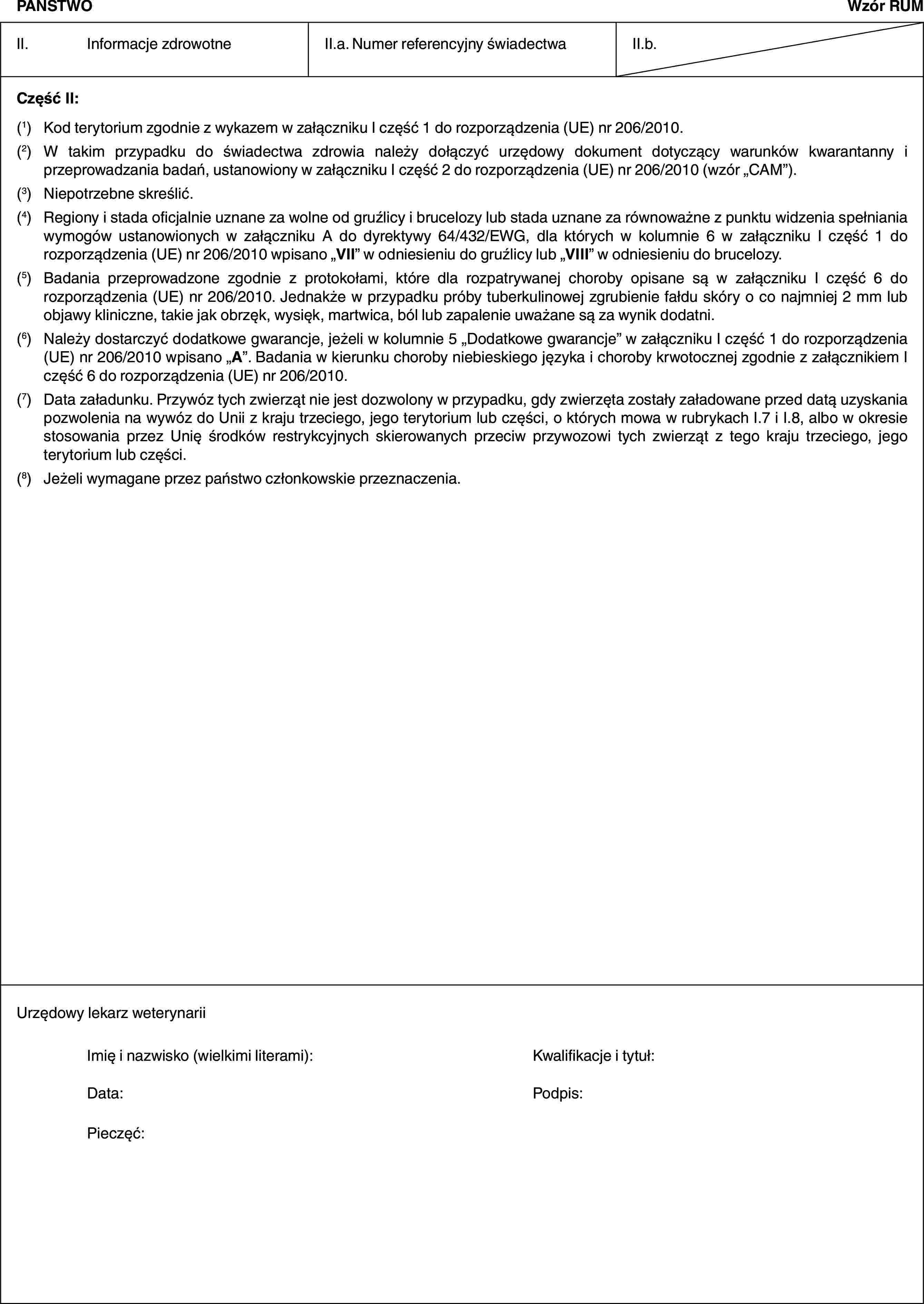 PAŃSTWOWzór RUMII. Informacje zdrowotneII.a. Numer referencyjny świadectwaII.b.Część II:(1) Kod terytorium zgodnie z wykazem w załączniku I część 1 do rozporządzenia (UE) nr 206/2010.(2) W takim przypadku do świadectwa zdrowia należy dołączyć urzędowy dokument dotyczący warunków kwarantanny i przeprowadzania badań, ustanowiony w załączniku I część 2 do rozporządzenia (UE) nr 206/2010 (wzór „CAM”).(3) Niepotrzebne skreślić.(4) Regiony i stada oficjalnie uznane za wolne od gruźlicy i brucelozy lub stada uznane za równoważne z punktu widzenia spełniania wymogów ustanowionych w załączniku A do dyrektywy 64/432/EWG, dla których w kolumnie 6 w załączniku I część 1 do rozporządzenia (UE) nr 206/2010 wpisano „VII” w odniesieniu do gruźlicy lub „VIII” w odniesieniu do brucelozy.(5) Badania przeprowadzone zgodnie z protokołami, które dla rozpatrywanej choroby opisane są w załączniku I część 6 do rozporządzenia (UE) nr 206/2010. Jednakże w przypadku próby tuberkulinowej zgrubienie fałdu skóry o co najmniej 2 mm lub objawy kliniczne, takie jak obrzęk, wysięk, martwica, ból lub zapalenie uważane są za wynik dodatni.(6) Należy dostarczyć dodatkowe gwarancje, jeżeli w kolumnie 5 „Dodatkowe gwarancje” w załączniku I część 1 do rozporządzenia (UE) nr 206/2010 wpisano „A”. Badania w kierunku choroby niebieskiego języka i choroby krwotocznej zgodnie z załącznikiem I część 6 do rozporządzenia (UE) nr 206/2010.(7) Data załadunku. Przywóz tych zwierząt nie jest dozwolony w przypadku, gdy zwierzęta zostały załadowane przed datą uzyskania pozwolenia na wywóz do Unii z kraju trzeciego, jego terytorium lub części, o których mowa w rubrykach I.7 i I.8, albo w okresie stosowania przez Unię środków restrykcyjnych skierowanych przeciw przywozowi tych zwierząt z tego kraju trzeciego, jego terytorium lub części.(8) Jeżeli wymagane przez państwo członkowskie przeznaczenia.Urzędowy lekarz weterynariiImię i nazwisko (wielkimi literami): Kwalifikacje i tytuł:Data: Podpis:Pieczęć: