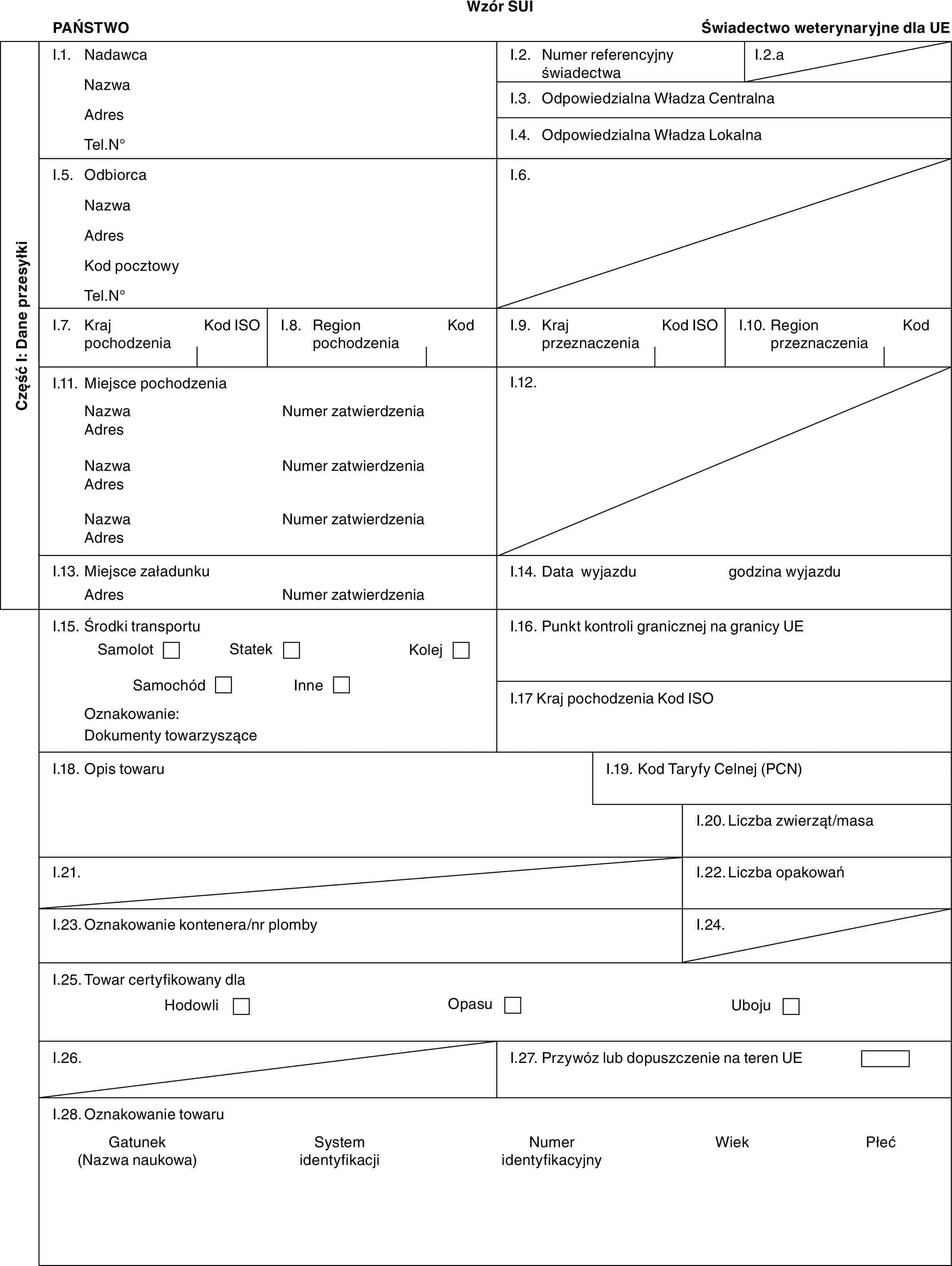 Wzór SUIPAŃSTWOŚwiadectwo weterynaryjne dla UECzęść I: Dane przesyłkiI.1. NadawcaNazwaAdresTel.N°I.2. Numer referencyjny świadectwaI.2.aI.3. Odpowiedzialna Władza CentralnaI.4. Odpowiedzialna Władza LokalnaI.5. OdbiorcaNazwaAdresKod pocztowyTel.N°I.6.I.7. Kraj pochodzeniaKod ISOI.8. Region pochodzeniaKodI.9. Kraj przeznaczeniaKod ISOI.10. Region przeznaczeniaKodI.11. Miejsce pochodzeniaNazwaAdresNazwaAdresNazwaAdresNumer zatwierdzeniaNumer zatwierdzeniaNumer zatwierdzeniaI.12.I.13. Miejsce załadunkuAdresNumer zatwierdzeniaI.14. Data wyjazdugodzina wyjazduI.15. Środki transportuSamolotStatekKolejSamochódInneOznakowanie:Dokumenty towarzysząceI.16. Punkt kontroli granicznej na granicy UEI.17 Kraj pochodzenia Kod ISOI.18. Opis towaruI.19. Kod Taryfy Celnej (PCN)I.20. Liczba zwierząt/masaI.21.I.22. Liczba opakowańI.23. Oznakowanie kontenera/nr plombyI.24.I.25. Towar certyfikowany dlaHodowliOpasuUbojuI.26.I.27. Przywóz lub dopuszczenie na teren UEI.28. Oznakowanie towaruGatunek (Nazwa naukowa)System identyfikacjiNumer identyfikacyjnyWiekPłeć