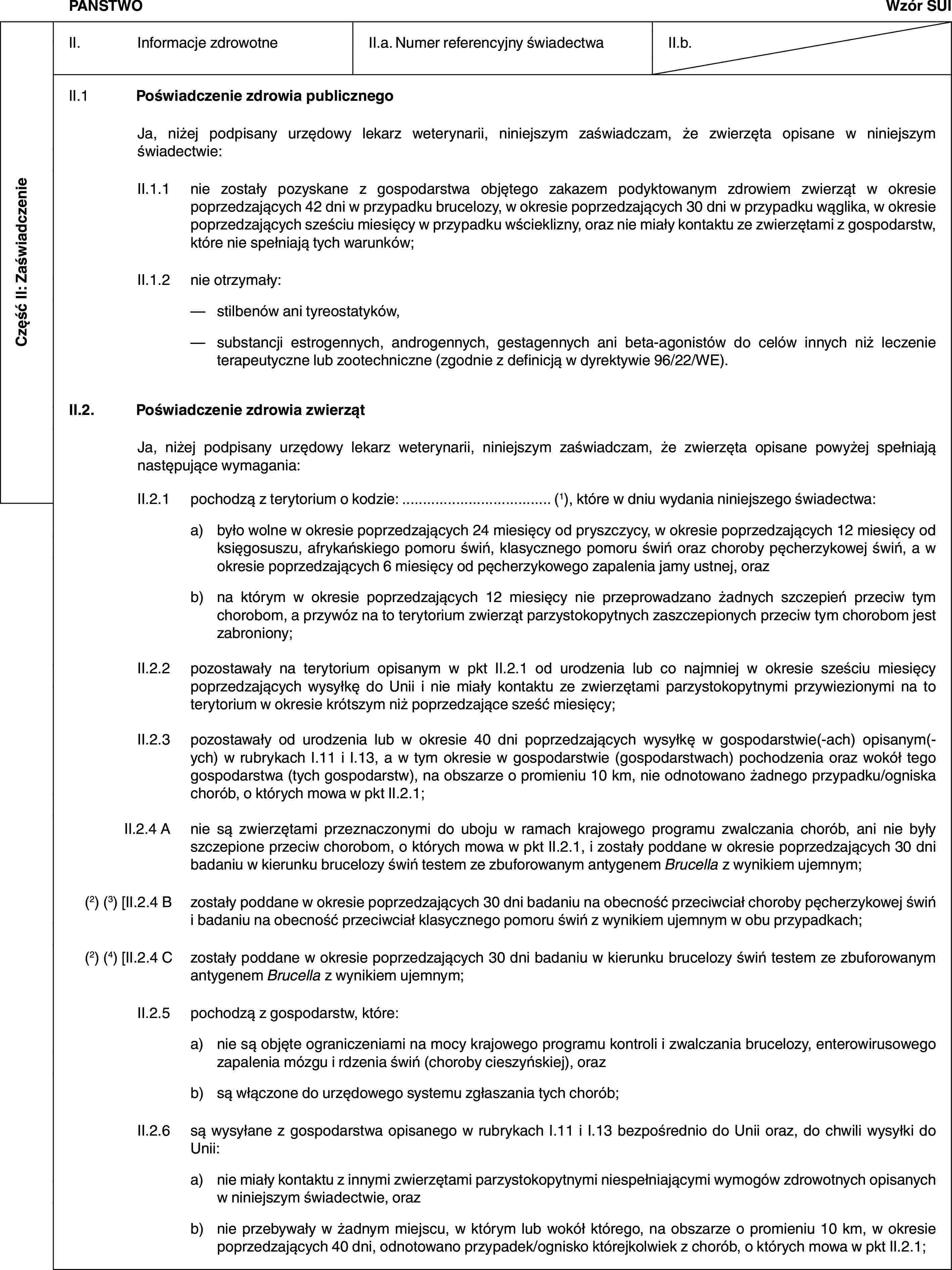 Część II: ZaświadczeniePAŃSTWOWzór SUIII. Informacje zdrowotneII.a. Numer referencyjny świadectwaII.b.II.1 Poświadczenie zdrowia publicznegoJa, niżej podpisany urzędowy lekarz weterynarii, niniejszym zaświadczam, że zwierzęta opisane w niniejszym świadectwie:II.1.1 nie zostały pozyskane z gospodarstwa objętego zakazem podyktowanym zdrowiem zwierząt w okresie poprzedzających 42 dni w przypadku brucelozy, w okresie poprzedzających 30 dni w przypadku wąglika, w okresie poprzedzających sześciu miesięcy w przypadku wścieklizny, oraz nie miały kontaktu ze zwierzętami z gospodarstw, które nie spełniają tych warunków;II.1.2 nie otrzymały:— stilbenów ani tyreostatyków,— substancji estrogennych, androgennych, gestagennych ani beta-agonistów do celów innych niż leczenie terapeutyczne lub zootechniczne (zgodnie z definicją w dyrektywie 96/22/WE).II.2. Poświadczenie zdrowia zwierzątJa, niżej podpisany urzędowy lekarz weterynarii, niniejszym zaświadczam, że zwierzęta opisane powyżej spełniają następujące wymagania:II.2.1 pochodzą z terytorium o kodzie: … (1), które w dniu wydania niniejszego świadectwa:a) było wolne w okresie poprzedzających 24 miesięcy od pryszczycy, w okresie poprzedzających 12 miesięcy od księgosuszu, afrykańskiego pomoru świń, klasycznego pomoru świń oraz choroby pęcherzykowej świń, a w okresie poprzedzających 6 miesięcy od pęcherzykowego zapalenia jamy ustnej, orazb) na którym w okresie poprzedzających 12 miesięcy nie przeprowadzano żadnych szczepień przeciw tym chorobom, a przywóz na to terytorium zwierząt parzystokopytnych zaszczepionych przeciw tym chorobom jest zabroniony;II.2.2 pozostawały na terytorium opisanym w pkt II.2.1 od urodzenia lub co najmniej w okresie sześciu miesięcy poprzedzających wysyłkę do Unii i nie miały kontaktu ze zwierzętami parzystokopytnymi przywiezionymi na to terytorium w okresie krótszym niż poprzedzające sześć miesięcy;II.2.3 pozostawały od urodzenia lub w okresie 40 dni poprzedzających wysyłkę w gospodarstwie(-ach) opisanym(-ych) w rubrykach I.11 i I.13, a w tym okresie w gospodarstwie (gospodarstwach) pochodzenia oraz wokół tego gospodarstwa (tych gospodarstw), na obszarze o promieniu 10 km, nie odnotowano żadnego przypadku/ogniska chorób, o których mowa w pkt II.2.1;II.2.4 A nie są zwierzętami przeznaczonymi do uboju w ramach krajowego programu zwalczania chorób, ani nie były szczepione przeciw chorobom, o których mowa w pkt II.2.1, i zostały poddane w okresie poprzedzających 30 dni badaniu w kierunku brucelozy świń testem ze zbuforowanym antygenem Brucella z wynikiem ujemnym;(2) (3) [II.2.4 B zostały poddane w okresie poprzedzających 30 dni badaniu na obecność przeciwciał choroby pęcherzykowej świń i badaniu na obecność przeciwciał klasycznego pomoru świń z wynikiem ujemnym w obu przypadkach;(2) (4) [II.2.4 C zostały poddane w okresie poprzedzających 30 dni badaniu w kierunku brucelozy świń testem ze zbuforowanym antygenem Brucella z wynikiem ujemnym;II.2.5 pochodzą z gospodarstw, które:a) nie są objęte ograniczeniami na mocy krajowego programu kontroli i zwalczania brucelozy, enterowirusowego zapalenia mózgu i rdzenia świń (choroby cieszyńskiej), orazb) są włączone do urzędowego systemu zgłaszania tych chorób;II.2.6 są wysyłane z gospodarstwa opisanego w rubrykach I.11 i I.13 bezpośrednio do Unii oraz, do chwili wysyłki do Unii:a) nie miały kontaktu z innymi zwierzętami parzystokopytnymi niespełniającymi wymogów zdrowotnych opisanych w niniejszym świadectwie, orazb) nie przebywały w żadnym miejscu, w którym lub wokół którego, na obszarze o promieniu 10 km, w okresie poprzedzających 40 dni, odnotowano przypadek/ognisko którejkolwiek z chorób, o których mowa w pkt II.2.1;