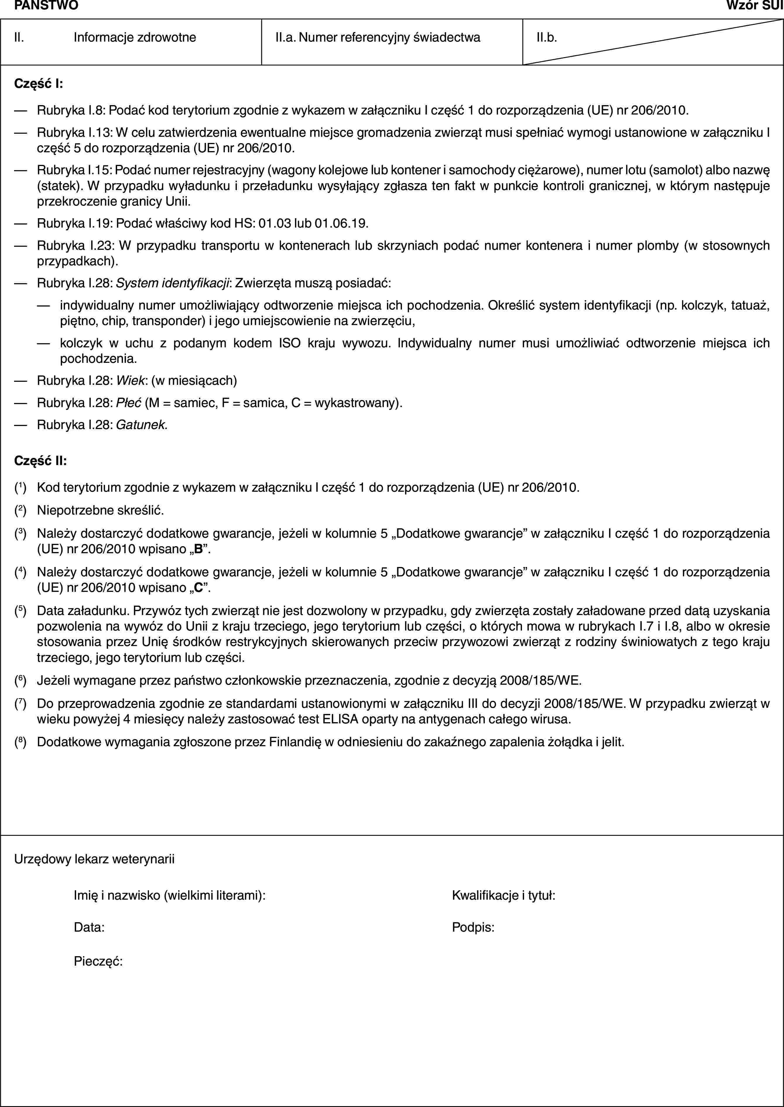 PAŃSTWOWzór SUIII. Informacje zdrowotneII.a. Numer referencyjny świadectwaII.b.Część I:— Rubryka I.8: Podać kod terytorium zgodnie z wykazem w załączniku I część 1 do rozporządzenia (UE) nr 206/2010.— Rubryka I.13: W celu zatwierdzenia ewentualne miejsce gromadzenia zwierząt musi spełniać wymogi ustanowione w załączniku I część 5 do rozporządzenia (UE) nr 206/2010.— Rubryka I.15: Podać numer rejestracyjny (wagony kolejowe lub kontener i samochody ciężarowe), numer lotu (samolot) albo nazwę (statek). W przypadku wyładunku i przeładunku wysyłający zgłasza ten fakt w punkcie kontroli granicznej, w którym następuje przekroczenie granicy Unii.— Rubryka I.19: Podać właściwy kod HS: 01.03 lub 01.06.19.— Rubryka I.23: W przypadku transportu w kontenerach lub skrzyniach podać numer kontenera i numer plomby (w stosownych przypadkach).— Rubryka I.28: System identyfikacji: Zwierzęta muszą posiadać:— indywidualny numer umożliwiający odtworzenie miejsca ich pochodzenia. Określić system identyfikacji (np. kolczyk, tatuaż, piętno, chip, transponder) i jego umiejscowienie na zwierzęciu,— kolczyk w uchu z podanym kodem ISO kraju wywozu. Indywidualny numer musi umożliwiać odtworzenie miejsca ich pochodzenia.— Rubryka I.28: Wiek: (w miesiącach)— Rubryka I.28: Płeć (M = samiec, F = samica, C = wykastrowany).— Rubryka I.28: Gatunek.Część II:(1) Kod terytorium zgodnie z wykazem w załączniku I część 1 do rozporządzenia (UE) nr 206/2010.(2) Niepotrzebne skreślić.(3) Należy dostarczyć dodatkowe gwarancje, jeżeli w kolumnie 5 „Dodatkowe gwarancje” w załączniku I część 1 do rozporządzenia (UE) nr 206/2010 wpisano „B”.(4) Należy dostarczyć dodatkowe gwarancje, jeżeli w kolumnie 5 „Dodatkowe gwarancje” w załączniku I część 1 do rozporządzenia (UE) nr 206/2010 wpisano „C”.(5) Data załadunku. Przywóz tych zwierząt nie jest dozwolony w przypadku, gdy zwierzęta zostały załadowane przed datą uzyskania pozwolenia na wywóz do Unii z kraju trzeciego, jego terytorium lub części, o których mowa w rubrykach I.7 i I.8, albo w okresie stosowania przez Unię środków restrykcyjnych skierowanych przeciw przywozowi zwierząt z rodziny świniowatych z tego kraju trzeciego, jego terytorium lub części.(6) Jeżeli wymagane przez państwo członkowskie przeznaczenia, zgodnie z decyzją 2008/185/WE.(7) Do przeprowadzenia zgodnie ze standardami ustanowionymi w załączniku III do decyzji 2008/185/WE. W przypadku zwierząt w wieku powyżej 4 miesięcy należy zastosować test ELISA oparty na antygenach całego wirusa.(8) Dodatkowe wymagania zgłoszone przez Finlandię w odniesieniu do zakaźnego zapalenia żołądka i jelit.Urzędowy lekarz weterynariiImię i nazwisko (wielkimi literami): Kwalifikacje i tytuł:Data: Podpis:Pieczęć: