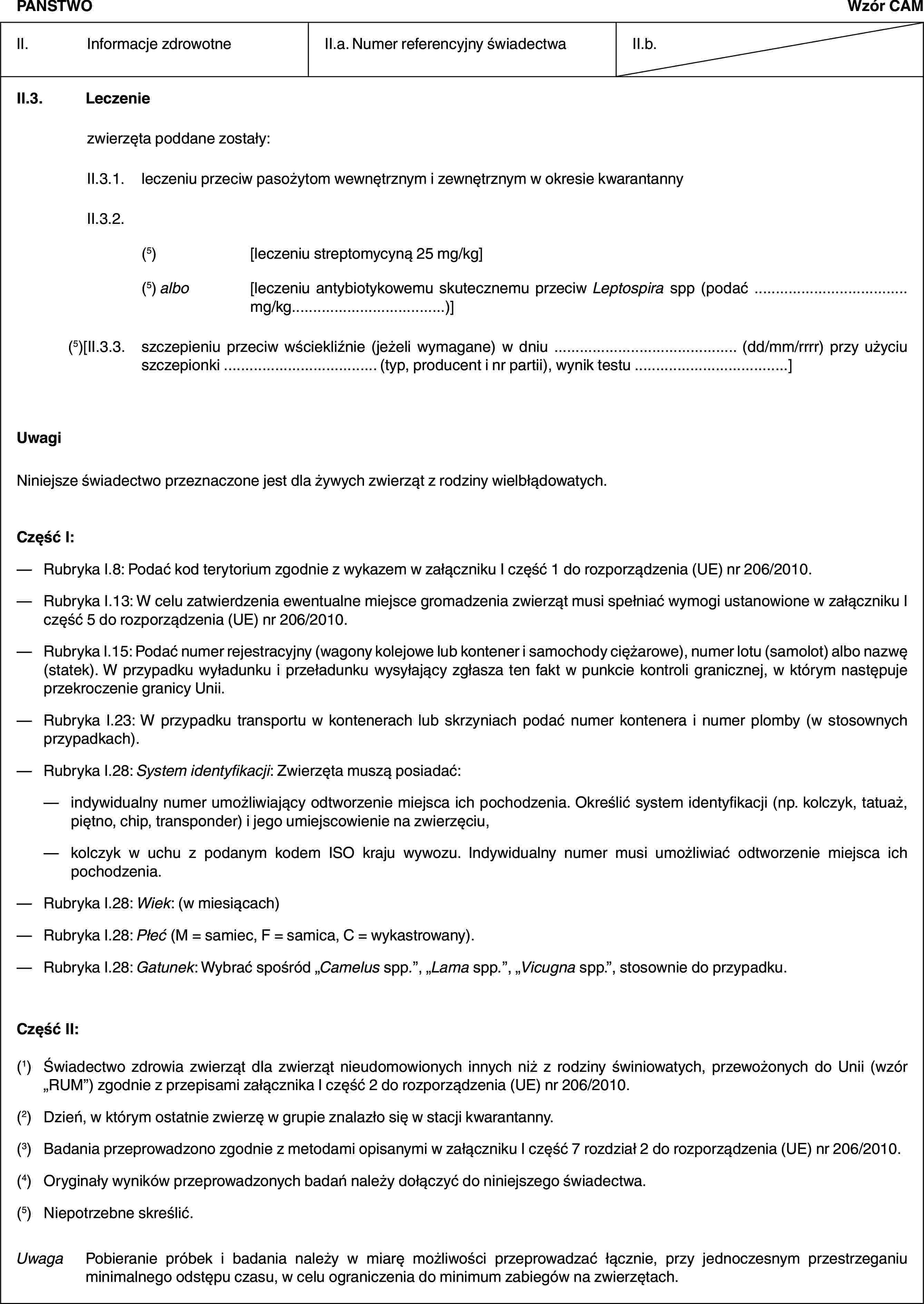 PAŃSTWOWzór CAMII. Informacje zdrowotneII.a. Numer referencyjny świadectwaII.b.II.3. Leczeniezwierzęta poddane zostały:II.3.1. leczeniu przeciw pasożytom wewnętrznym i zewnętrznym w okresie kwarantannyII.3.2.(5) [leczeniu streptomycyną 25 mg/kg](5) albo [leczeniu antybiotykowemu skutecznemu przeciw Leptospira spp (podać …mg/kg…)](5)[II.3.3. szczepieniu przeciw wściekliźnie (jeżeli wymagane) w dniu … (dd/mm/rrrr) przy użyciu szczepionki … (typ, producent i nr partii), wynik testu …]UwagiNiniejsze świadectwo przeznaczone jest dla żywych zwierząt z rodziny wielbłądowatych.Część I:— Rubryka I.8: Podać kod terytorium zgodnie z wykazem w załączniku I część 1 do rozporządzenia (UE) nr 206/2010.— Rubryka I.13: W celu zatwierdzenia ewentualne miejsce gromadzenia zwierząt musi spełniać wymogi ustanowione w załączniku I część 5 do rozporządzenia (UE) nr 206/2010.— Rubryka I.15: Podać numer rejestracyjny (wagony kolejowe lub kontener i samochody ciężarowe), numer lotu (samolot) albo nazwę (statek). W przypadku wyładunku i przeładunku wysyłający zgłasza ten fakt w punkcie kontroli granicznej, w którym następuje przekroczenie granicy Unii.— Rubryka I.23: W przypadku transportu w kontenerach lub skrzyniach podać numer kontenera i numer plomby (w stosownych przypadkach).— Rubryka I.28: System identyfikacji: Zwierzęta muszą posiadać:— indywidualny numer umożliwiający odtworzenie miejsca ich pochodzenia. Określić system identyfikacji (np. kolczyk, tatuaż, piętno, chip, transponder) i jego umiejscowienie na zwierzęciu,— kolczyk w uchu z podanym kodem ISO kraju wywozu. Indywidualny numer musi umożliwiać odtworzenie miejsca ich pochodzenia.— Rubryka I.28: Wiek: (w miesiącach)— Rubryka I.28: Płeć (M = samiec, F = samica, C = wykastrowany).— Rubryka I.28: Gatunek: Wybrać spośród „Camelus spp.”, „Lama spp.”, „Vicugna spp.”, stosownie do przypadku.Część II:(1) Świadectwo zdrowia zwierząt dla zwierząt nieudomowionych innych niż z rodziny świniowatych, przewożonych do Unii (wzór „RUM”) zgodnie z przepisami załącznika I część 2 do rozporządzenia (UE) nr 206/2010.(2) Dzień, w którym ostatnie zwierzę w grupie znalazło się w stacji kwarantanny.(3) Badania przeprowadzono zgodnie z metodami opisanymi w załączniku I część 7 rozdział 2 do rozporządzenia (UE) nr 206/2010.(4) Oryginały wyników przeprowadzonych badań należy dołączyć do niniejszego świadectwa.(5) Niepotrzebne skreślić.UwagaPobieranie próbek i badania należy w miarę możliwości przeprowadzać łącznie, przy jednoczesnym przestrzeganiu minimalnego odstępu czasu, w celu ograniczenia do minimum zabiegów na zwierzętach.