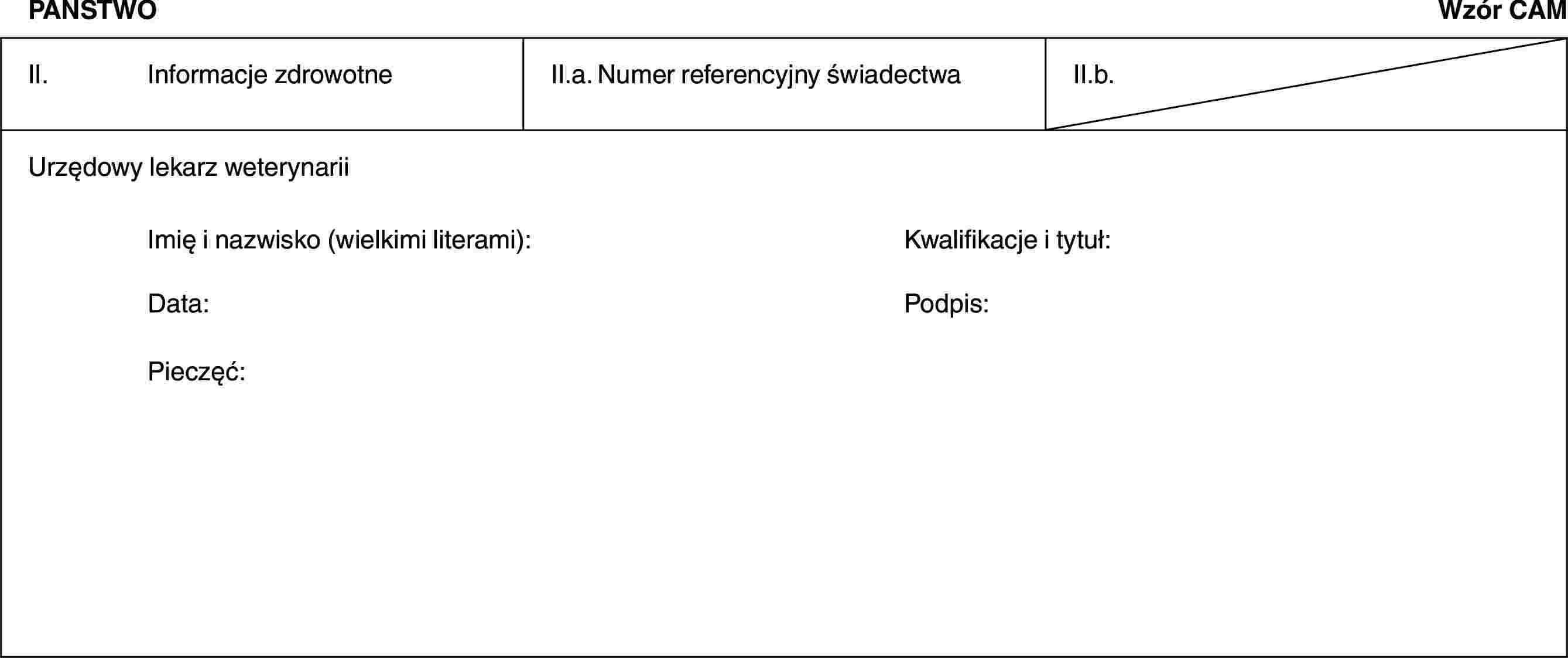 PAŃSTWOWzór CAMII. Informacje zdrowotneII.a. Numer referencyjny świadectwaII.b.Urzędowy lekarz weterynariiImię i nazwisko (wielkimi literami): Kwalifikacje i tytuł:Data: Podpis:Pieczęć: