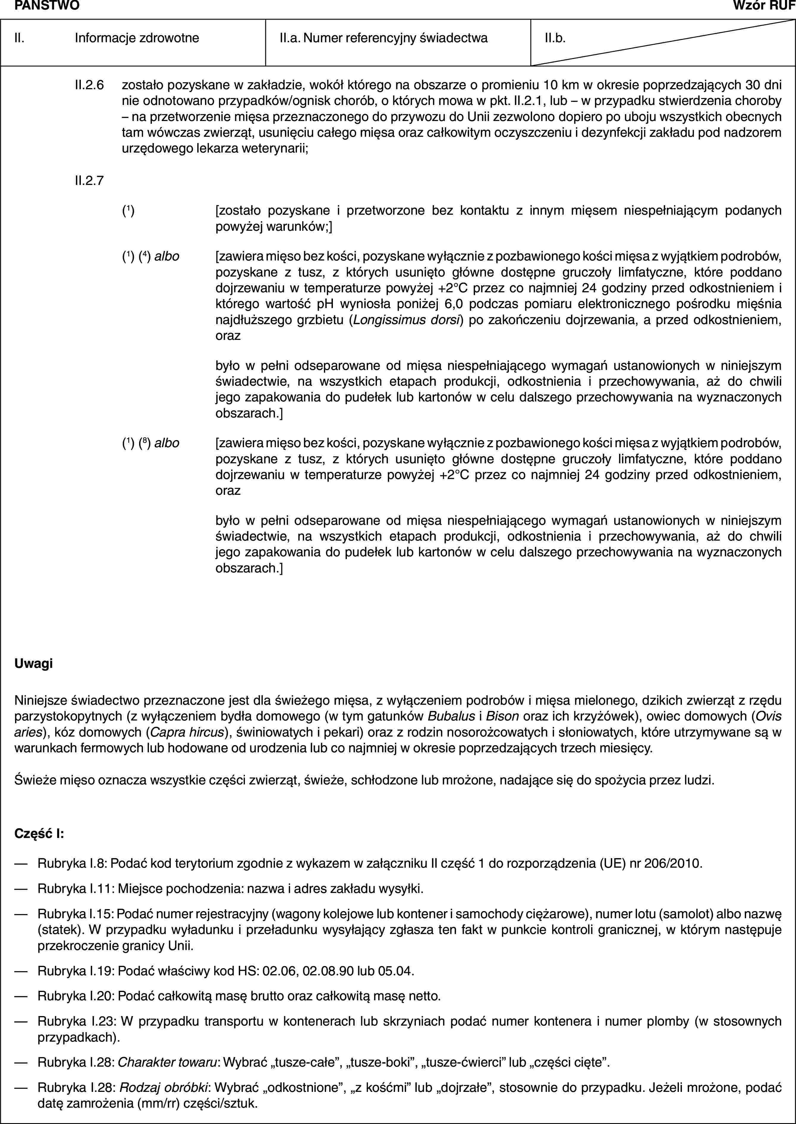 PAŃSTWOWzór RUFII. Informacje zdrowotneII.a. Numer referencyjny świadectwaII.b.II.2.6 zostało pozyskane w zakładzie, wokół którego na obszarze o promieniu 10 km w okresie poprzedzających 30 dni nie odnotowano przypadków/ognisk chorób, o których mowa w pkt. II.2.1, lub – w przypadku stwierdzenia choroby – na przetworzenie mięsa przeznaczonego do przywozu do Unii zezwolono dopiero po uboju wszystkich obecnych tam wówczas zwierząt, usunięciu całego mięsa oraz całkowitym oczyszczeniu i dezynfekcji zakładu pod nadzorem urzędowego lekarza weterynarii;II.2.7(1) [zostało pozyskane i przetworzone bez kontaktu z innym mięsem niespełniającym podanych powyżej warunków;](1) (4) albo [zawiera mięso bez kości, pozyskane wyłącznie z pozbawionego kości mięsa z wyjątkiem podrobów, pozyskane z tusz, z których usunięto główne dostępne gruczoły limfatyczne, które poddano dojrzewaniu w temperaturze powyżej +2°C przez co najmniej 24 godziny przed odkostnieniem i którego wartość pH wyniosła poniżej 6,0 podczas pomiaru elektronicznego pośrodku mięśnia najdłuższego grzbietu (Longissimus dorsi) po zakończeniu dojrzewania, a przed odkostnieniem, orazbyło w pełni odseparowane od mięsa niespełniającego wymagań ustanowionych w niniejszym świadectwie, na wszystkich etapach produkcji, odkostnienia i przechowywania, aż do chwili jego zapakowania do pudełek lub kartonów w celu dalszego przechowywania na wyznaczonych obszarach.](1) (8) albo [zawiera mięso bez kości, pozyskane wyłącznie z pozbawionego kości mięsa z wyjątkiem podrobów, pozyskane z tusz, z których usunięto główne dostępne gruczoły limfatyczne, które poddano dojrzewaniu w temperaturze powyżej +2°C przez co najmniej 24 godziny przed odkostnieniem, orazbyło w pełni odseparowane od mięsa niespełniającego wymagań ustanowionych w niniejszym świadectwie, na wszystkich etapach produkcji, odkostnienia i przechowywania, aż do chwili jego zapakowania do pudełek lub kartonów w celu dalszego przechowywania na wyznaczonych obszarach.]UwagiNiniejsze świadectwo przeznaczone jest dla świeżego mięsa, z wyłączeniem podrobów i mięsa mielonego, dzikich zwierząt z rzędu parzystokopytnych (z wyłączeniem bydła domowego (w tym gatunków Bubalus i Bison oraz ich krzyżówek), owiec domowych (Ovis aries), kóz domowych (Capra hircus), świniowatych i pekari) oraz z rodzin nosorożcowatych i słoniowatych, które utrzymywane są w warunkach fermowych lub hodowane od urodzenia lub co najmniej w okresie poprzedzających trzech miesięcy.Świeże mięso oznacza wszystkie części zwierząt, świeże, schłodzone lub mrożone, nadające się do spożycia przez ludzi.Część I:— Rubryka I.8: Podać kod terytorium zgodnie z wykazem w załączniku II część 1 do rozporządzenia (UE) nr 206/2010.— Rubryka I.11: Miejsce pochodzenia: nazwa i adres zakładu wysyłki.— Rubryka I.15: Podać numer rejestracyjny (wagony kolejowe lub kontener i samochody ciężarowe), numer lotu (samolot) albo nazwę (statek). W przypadku wyładunku i przeładunku wysyłający zgłasza ten fakt w punkcie kontroli granicznej, w którym następuje przekroczenie granicy Unii.— Rubryka I.19: Podać właściwy kod HS: 02.06, 02.08.90 lub 05.04.— Rubryka I.20: Podać całkowitą masę brutto oraz całkowitą masę netto.— Rubryka I.23: W przypadku transportu w kontenerach lub skrzyniach podać numer kontenera i numer plomby (w stosownych przypadkach).— Rubryka I.28: Charakter towaru: Wybrać „tusze-całe”, „tusze-boki”, „tusze-ćwierci” lub „części cięte”.— Rubryka I.28: Rodzaj obróbki: Wybrać „odkostnione”, „z kośćmi” lub „dojrzałe”, stosownie do przypadku. Jeżeli mrożone, podać datę zamrożenia (mm/rr) części/sztuk.