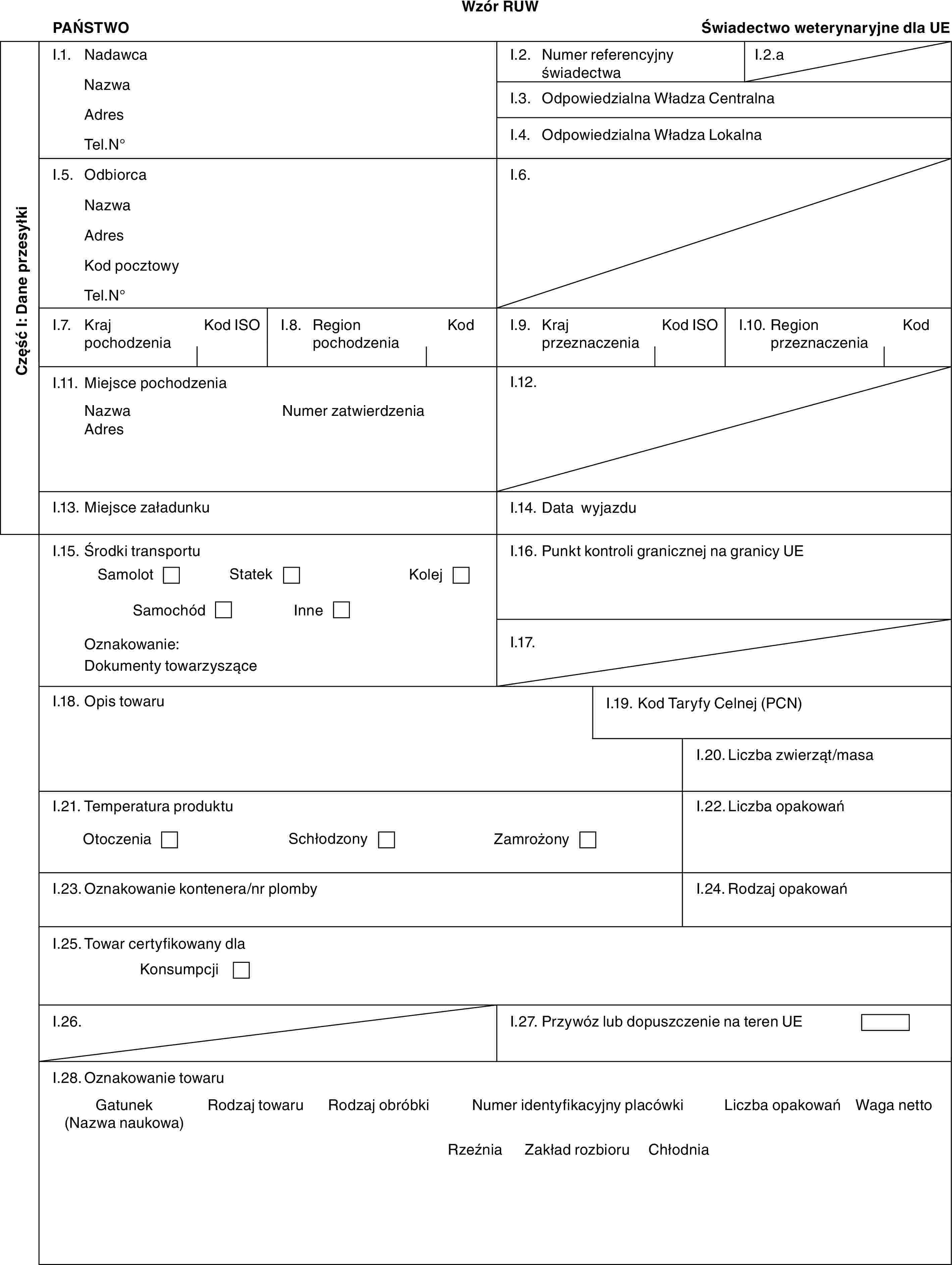 Wzór RUWPAŃSTWOŚwiadectwo weterynaryjne dla UECzęść I: Dane przesyłkiI.1. NadawcaNazwaAdresTel.N°I.2. Numer referencyjny świadectwaI.2.aI.3. Odpowiedzialna Władza CentralnaI.4. Odpowiedzialna Władza LokalnaI.5. OdbiorcaNazwaAdresKod pocztowyTel.N°I.6.I.7. Kraj pochodzeniaKod ISOI.8. Region pochodzeniaKodI.9. Kraj przeznaczeniaKod ISOI.10. Region przeznaczeniaKodI.11. Miejsce pochodzeniaNazwaAdresNumer zatwierdzeniaI.12.I.13. Miejsce załadunkuI.14. Data wyjazduI.15. Środki transportuSamolotStatekKolejSamochódInneOznakowanie:Dokumenty towarzysząceI.16. Punkt kontroli granicznej na granicy UEI.17.I.18. Opis towaruI.19. Kod Taryfy Celnej (PCN)I.20. Liczba zwierząt/masaI.21. Temperatura produktuOtoczeniaSchłodzonyZamrożonyI.22. Liczba opakowańI.23. Oznakowanie kontenera/nr plombyI.24. Rodzaj opakowańI.25. Towar certyfikowany dlaKonsumpcjiI.26.I.27. Przywóz lub dopuszczenie na teren UEI.28. Oznakowanie towaruGatunek (Nazwa naukowa)Rodzaj towaruRodzaj obróbkiNumer identyfikacyjny placówkiLiczba opakowańWaga nettoRzeźniaZakład rozbioruChłodnia